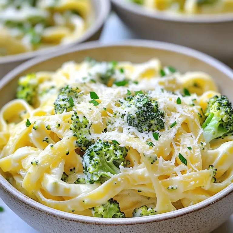 - 8 oz fettuccine pasta - 2 cups broccoli florets - 3 cups vegetable broth - 1 cup heavy cream - 1 cup grated Parmesan cheese - 2 cloves garlic, minced - 1 tablespoon olive oil - Salt and pepper to taste - 1 teaspoon Italian seasoning - Fresh parsley, chopped (for garnish) You need 8 oz of fettuccine pasta for this dish. If you don’t have fettuccine, you can use penne or any pasta you like. For the broccoli, 2 cups of florets work best. You can swap fresh broccoli for frozen if needed. The recipe calls for 3 cups of vegetable broth. You can use chicken broth if you prefer. Instead of heavy cream, you can try half-and-half or a plant-based cream for a lighter option. The recipe also needs 1 cup of grated Parmesan cheese. If you want a dairy-free version, look for a vegan cheese that melts well. This One Pot Broccoli Alfredo Pasta includes dairy and gluten. If you need a gluten-free meal, use gluten-free pasta. For a vegan option, swap the heavy cream and Parmesan cheese for plant-based alternatives. Always check labels for allergens if needed. This dish is rich and filling, perfect for a comforting meal. Start by gathering all your ingredients. You need fettuccine pasta, broccoli, vegetable broth, heavy cream, Parmesan cheese, garlic, olive oil, salt, pepper, and Italian seasoning. Make sure your broccoli is in small florets for even cooking. This dish is quick and easy, so prep everything before you start cooking. 1. Heat the oil: In a large pot, warm the olive oil on medium heat. 2. Sauté garlic: Add minced garlic and cook for about 30 seconds. You want it fragrant but not burnt. 3. Add pasta and broth: Toss in the fettuccine pasta, vegetable broth, and Italian seasoning. Stir it all together. 4. Simmer: Bring this mix to a simmer. Cook the pasta for 6-8 minutes. Stir often to prevent sticking. 5. Add broccoli: After 6 minutes, add the broccoli florets. Cook for another 4-5 minutes until the pasta is al dente and broccoli is tender. 6. Make it creamy: Lower the heat and pour in the heavy cream. Stir well. Gradually mix in the grated Parmesan cheese until melted and creamy. 7. Season: Add salt and pepper to taste. If the sauce seems thick, a splash of vegetable broth can help. 8. Cool and serve: Remove the pot from heat. Let it cool for a minute before serving. For a smooth sauce, add the cream slowly while stirring. This helps the cheese melt evenly. If the sauce gets too thick, simply add more vegetable broth. Always taste your dish before serving; adjust the salt and pepper as needed. For a lovely presentation, serve in shallow bowls and top with extra Parmesan and fresh parsley. Enjoy your creamy, dreamy pasta! To make your One Pot Broccoli Alfredo Pasta even tastier, try these tips: - Use fresh garlic for a bright taste. - Swap vegetable broth for chicken broth for a richer flavor. - Add a pinch of nutmeg to the cream for warmth. - Toss in some red pepper flakes for heat. - Finish with a drizzle of high-quality olive oil for extra depth. Here are some common mistakes to keep in mind: - Don't overcook the garlic. It can turn bitter quickly. - Stir often to prevent the pasta from sticking to the pot. - Avoid adding too much cream at once. Gradually mix it in for a smooth sauce. - Don’t skip seasoning. A little salt and pepper make a big difference. - Make sure the pasta is al dente. It will continue cooking in the sauce. Serving matters! Here are my favorite ways to enjoy this dish: - Serve in shallow bowls to show off the creamy sauce and broccoli. - Sprinkle extra Parmesan cheese on top for a tasty finish. - Garnish with fresh parsley for color and freshness. - Pair with a side salad or garlic bread for a complete meal. - Enjoy with a glass of white wine for a lovely dinner experience. {{image_2}} You can make this dish fit many diets. For a vegan version, use plant-based cream and cheese. Swap heavy cream for coconut cream for a rich taste. Use gluten-free pasta if you avoid gluten. This way, everyone can enjoy this meal. Feel free to mix up the ingredients! If you don’t have fettuccine, use penne or spaghetti. You can also swap broccoli for spinach or peas. This gives you fresh flavors. Try using nutritional yeast instead of Parmesan for a cheesy taste without dairy. Get creative with your add-ins! Toss in grilled chicken for protein. You can also add sun-dried tomatoes for a burst of flavor. If you like heat, add red pepper flakes for spice. These tweaks make your meal unique and fun! If you have extra One Pot Broccoli Alfredo Pasta, you can store it easily. Use an airtight container. Let the pasta cool down a bit first. Place it in the fridge for up to three days. Make sure to keep it sealed tight to avoid drying out. When you’re ready to enjoy leftovers, reheating is simple. You can use a microwave or a pot. For the microwave, place pasta in a bowl. Cover it with a damp paper towel to keep moisture. Heat in 30-second bursts, stirring in between. If using a pot, add a splash of vegetable broth and heat on low. Stir until warmed through. To freeze One Pot Broccoli Alfredo Pasta, use a freezer-safe container. It’s best to freeze it within two days of cooking. When freezing, leave some space at the top for expansion. It can last for up to two months in the freezer. To thaw, move it to the fridge overnight before reheating. This way, you keep the creamy texture intact. To make this dish vegan, replace the heavy cream with coconut milk or a cashew cream. Use nutritional yeast instead of Parmesan cheese for a cheesy flavor. Finally, choose a vegan-friendly pasta to keep it plant-based. Vegan options make the dish just as creamy and tasty. Yes! You can use any pasta you like. Penne, rotini, or even gluten-free pasta work well. Just ensure you adjust the cooking time based on the pasta shape you choose. Thinner pasta cooks faster, while thicker pasta may need more time. One Pot Broccoli Alfredo Pasta is great on its own, but you can add a side salad. A simple green salad with lemon dressing pairs nicely. Garlic bread is also a hit for soaking up the creamy sauce. For protein, consider grilled chicken or shrimp on the side. To keep the sauce creamy and smooth, add more vegetable broth as needed. Start with a little at a time while stirring. If you find the sauce thickens too much, this method helps restore the desired texture. Adjust the seasoning after adding more broth to keep the flavor balanced. This blog post shared key tips for making One Pot Broccoli Alfredo Pasta. We explored the right ingredients, measurements, and dietary options. You learned step-by-step cooking and how to avoid common mistakes. We also discussed serving suggestions and variations for different diets. In summary, this dish is easy to personalize and store. Enjoy your cooking!