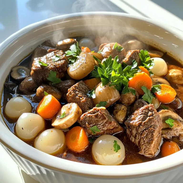 - 2 lbs beef chuck, cut into 1-inch cubes - 4 cups beef broth - 1 cup pearl onions, peeled - 2 cups mushrooms, quartered - 3 carrots, sliced - 3 garlic cloves, minced - 2 tablespoons tomato paste - 2 teaspoons dried thyme - 1 bay leaf - 1 tablespoon olive oil - Salt and pepper to taste The beef chuck is the star of this dish. It becomes tender and flavorful when slow-cooked. Pearl onions add sweetness and texture. Mushrooms bring an earthiness that pairs well with the beef. Carrots give a hint of sweetness, while garlic adds depth to the flavor. - 3 tablespoons all-purpose flour (for thickening) - Fresh parsley, chopped (for garnish) If you like a thicker stew, you can add flour. Mixing it with cold water makes a smooth slurry. This helps the stew become rich and hearty. Fresh parsley adds a pop of color and freshness when you serve it. First, we need to sear the beef cubes. Heat 1 tablespoon of olive oil in a skillet over medium-high heat. Once the oil is hot, add the beef cubes in batches. Sear them on all sides until they turn brown. This step adds great flavor. After searing, transfer the beef to your slow cooker. Next, we will cook the vegetables. In the same skillet, add 1 cup of pearl onions, 2 cups of quartered mushrooms, and 3 sliced carrots. Sauté these for about 5 minutes. This makes them soften a bit. Now, add 3 minced garlic cloves and cook for another minute. The garlic adds a lovely aroma and flavor. Now it's time to combine everything. Add the sautéed vegetables over the beef in the slow cooker. In a separate bowl, mix together 4 cups of beef broth, 2 tablespoons of tomato paste, 2 teaspoons of dried thyme, and 1 bay leaf. Season with salt and pepper to taste. Pour this sauce over the beef and vegetables, ensuring everything is covered. Cover the slow cooker. Cook on low for 7-8 hours or on high for 4-5 hours. The beef should be tender when done. If you want a thicker stew, mix 3 tablespoons of flour with cold water to make a slurry. Stir this into the slow cooker in the last 30 minutes of cooking. This will help thicken the sauce. To make a great beef bourguignon, choose beef chuck. It has the right fat content. Marbling gives the meat flavor and tenderness. For seasoning, use salt and pepper early. Add dried thyme and bay leaf for depth. Taste as you go to find the right balance. To thicken your stew, use all-purpose flour. Mix it with cold water to form a slurry. Stir this into the pot during the last 30 minutes. This will help you reach the perfect thickness. If you prefer a lighter stew, skip the thickening. Serve your beef bourguignon with crusty bread or creamy mashed potatoes. A fresh green salad makes a nice side too. For presentation, use a shallow bowl. Garnish with fresh parsley to add color. This makes your dish pop and looks inviting. {{image_2}} You can change the mushrooms you use. Try shiitake or cremini for a new taste. If you want a twist, add some fresh spinach or green beans instead of carrots. These changes can brighten up the dish and keep it exciting. Adding a cup of red wine can deepen the flavors. It adds richness and a slight sweetness. You can also toss in fresh herbs like thyme or rosemary. They bring a bright, fresh taste that makes this dish even better. For gluten-free meals, skip the flour. You can use cornstarch mixed with water to thicken the stew instead. If you want lower sodium, choose low-sodium beef broth. This keeps the flavor while making it healthier. After enjoying your savory beef bourguignon, store any leftovers properly to keep them fresh. Place the stew in an airtight container. This helps to keep flavors intact. Store it in the refrigerator for up to three days. If you want to keep it longer, freezing is a great option. To freeze, use freezer-safe containers or heavy-duty freezer bags. Make sure to leave some space at the top for expansion. The stew can last in the freezer for up to three months. Just remember to label the container with the date for easy tracking. When it's time to enjoy your leftovers, reheating properly is key. The best method is to use the stove. Pour the stew into a saucepan. Heat it over medium heat, stirring occasionally. This lets it heat evenly and keeps it flavorful. If you prefer the microwave, transfer a portion to a microwave-safe bowl. Cover it with a microwave-safe lid or wrap. Heat on medium power for about two to three minutes. Stir halfway through to ensure even heating. For both methods, make sure the stew reaches at least 165°F before eating. This ensures it's safe and tasty. Enjoy that warm, hearty flavor all over again! Yes, you can use other meats. Some good options include: - Lamb: It adds a rich flavor. - Chicken: Use thighs for a juicy bite. - Pork: Choose cuts like shoulder for tenderness. These meats may change the cooking time and flavor, so adjust as needed. Beef is tender when it easily pulls apart with a fork. Look for these signs: - The meat should be dark brown and juicy. - It should feel soft when you press it. - If it shreds easily, it's done! Cooking time varies, so check after 7 hours on low or 4 hours on high. Yes, you can prepare it the night before. Here are some tips: - Chop the vegetables and beef ahead of time. - Store them in the fridge in separate containers. - In the morning, sear the beef and sauté the veggies. - Then, add everything to the slow cooker. This saves time and makes dinner a breeze! This blog post shares the steps to create a hearty stew. We explored main ingredients like beef, vegetables, and seasonings. Optional ingredients can enhance flavor and presentation. I provided tips for cooking, including how to get the perfect flavor and consistency. Variations allow for creativity, while storage info helps you enjoy leftovers. Stirring new ideas into such a classic dish can make cooking fun! Enjoy making your own version and savoring each bite.