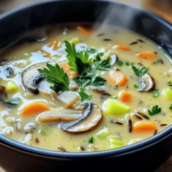 - Wild rice and its preparation Wild rice is the star of this soup. Start with 1 cup of wild rice. Rinse it well under cold water. This removes any dust or debris. Rinsing also helps the rice cook evenly. - Vegetables and aromatics needed You will need fresh veggies for flavor. Gather these: - 1 medium onion, chopped - 3 cloves garlic, minced - 2 cups cremini mushrooms, sliced - 2 carrots, diced - 2 celery stalks, diced These ingredients add depth to your soup. The onions and garlic bring a great base flavor. The mushrooms add earthiness and richness. - Broth and cream options For the liquid, use 4 cups of vegetable broth. This keeps it plant-based and healthy. For creaminess, choose between 1 cup of coconut milk or heavy cream. Coconut milk gives a lighter, tropical twist, while heavy cream adds a richer taste. Choose what fits your mood! To start, I chop the vegetables. I use a medium onion, three cloves of garlic, and two carrots. I also need two celery stalks and two cups of cremini mushrooms. - Chop the onion into small pieces. - Mince the garlic finely. - Dice the carrots and celery into small bits. - Slice the mushrooms thinly. Next, I heat one tablespoon of olive oil in a large pot over medium heat. I add the onions and sauté them for about five minutes. They should turn soft and translucent. Then, I stir in the minced garlic and let it cook for one more minute until it smells great. After that, I toss in the sliced mushrooms, diced carrots, and celery. I cook these together for about seven to eight minutes. During this time, the mushrooms release their moisture and soften nicely. Now, I rinse one cup of wild rice under cold water. I add the wild rice to the pot with four cups of vegetable broth, one teaspoon of dried thyme, and one teaspoon of dried rosemary. I bring this mixture to a boil, then reduce the heat to low and cover the pot. I let it simmer for 40 to 45 minutes. The wild rice should be tender when done. Once the rice is cooked, I stir in one cup of coconut milk or heavy cream. I add salt and pepper to taste. I let the soup warm through for another five minutes. Before serving, I remove the pot from the heat. I check the seasoning and adjust if needed. Now, it’s time to serve! I ladle the soup into bowls and garnish with freshly chopped parsley. This adds a pop of color and fresh flavor to each bowl. Enjoy! To make your creamy mushroom wild rice soup just right, start with the wild rice. Rinse it well under cold water. This step removes extra starch. It helps the rice cook evenly. You want each grain to be tender but not mushy. Next, think about thickness. If your soup is too thin, add more rice or let it simmer longer. If you want it creamier, mix in more coconut milk or heavy cream. Stir it well to blend. This makes a rich, smooth texture that warms you up. To boost flavor, consider adding seasonings. I recommend dried thyme and rosemary. They give the soup a nice earthy taste. You can also add a pinch of salt and pepper to enhance the overall flavor. Using fresh ingredients is key. Fresh vegetables like onions, carrots, and mushrooms bring out the best taste. The fresher the produce, the better your soup will be. Always choose high-quality broth too. A good vegetable broth forms the soup's base. {{image_2}} You can easily make this soup vegan and gluten-free. Just swap the heavy cream with coconut milk. This keeps the soup rich and creamy. Make sure your vegetable broth is gluten-free as well. If you need nut-free options, stick with coconut milk or use oat milk. Both choices work well. They add creaminess without any nuts. Feel free to play with different types of mushrooms. Shiitake or oyster mushrooms add unique flavors. Mixing them can give the soup a nice twist. You can also add more vegetables or grains. Try adding spinach, kale, or even sweet potatoes. Each will add color and nutrition. For grains, you can mix in quinoa or barley for extra texture. After you make your creamy mushroom wild rice soup, store it properly. To keep it fresh, place the soup in an airtight container. Let it cool down before sealing. - Refrigeration guidelines: Store the soup in the fridge for up to 4 days. Make sure to label the container with the date you made it. - Freezing for long-term storage: If you want to save some for later, freeze it. Pour the cooled soup into freezer-safe bags or containers. It can last for about 3 months in the freezer. When it’s time to enjoy your soup again, you want it to taste great. Here’s how to reheat it: - Best methods to retain texture and flavor: Use a pot on the stove for even heating. Stir the soup often to prevent sticking. You can also use the microwave, but make sure to reheat in short bursts, stirring in between. - Tips for serving leftovers: Before serving, check the seasoning. Sometimes, it needs a bit more salt or pepper. Add fresh parsley on top for a nice touch and extra flavor. Can I use other types of rice? Yes, you can use regular brown rice or white rice. However, wild rice gives a unique texture and flavor. If you switch rice types, adjust the cooking time. Brown rice usually takes longer to cook, while white rice cooks faster. How can I thicken the soup further? To thicken the soup, I recommend adding a slurry of cornstarch and water. Mix one tablespoon of cornstarch with two tablespoons of cold water. Stir it into the soup and let it cook for a few minutes. You can also add more coconut milk or heavy cream for a creamier texture. Why is my soup too thin? If your soup is too thin, it may need more wild rice or vegetables. Let it simmer longer to reduce some liquid. You can also blend a portion of the soup to create a thicker base. What can I add if the flavor is too bland? If the flavor is bland, try adding more salt and pepper. Fresh herbs like thyme or parsley can also enhance the taste. A splash of lemon juice adds brightness. You can even toss in a dash of soy sauce or miso for depth. This article covered how to make a delicious wild rice soup. We discussed ingredients, like wild rice and fresh vegetables, and the cooking steps that bring everything together. You learned tips to enhance flavor and adjust the soup’s texture. We also shared variations for special diets and storage tips for leftovers. Wild rice soup is simple, tasty, and good for everyone. With the right techniques, you can make it your own. Enjoy creating new flavors and sharing this warm dish with loved ones!