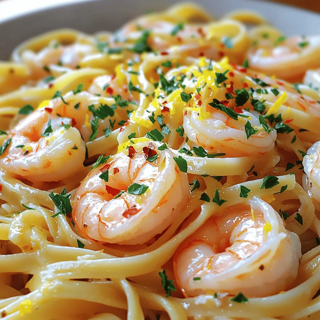 - 8 ounces linguine pasta - 6 tablespoons unsalted butter - 4 cloves garlic, minced - 1 pound large shrimp, peeled and deveined - 1 teaspoon red pepper flakes (adjust to taste) - 1 cup chicken broth - 2 tablespoons lemon juice - 1 teaspoon zest from one lemon - Fresh parsley, chopped (for garnish) - Salt and pepper, to taste You can add a few extra touches to make this dish shine. Consider these options: - Grated Parmesan cheese for a creamy finish. - A splash of white wine to enhance the sauce. - Cherry tomatoes for a burst of color and sweetness. - Spinach or arugula for a fresh green touch. Not every ingredient is set in stone. Here are some swaps you can make: - Use olive oil instead of butter for a lighter option. - Swap shrimp for scallops or lobster for a richer dish. - Vegetable broth can replace chicken broth for a vegetarian version. - Use lemon zest from a lime for a different citrus twist. These notes help you customize your dish based on what you have at home. Enjoy the cooking journey! To start, fill a large pot with salted water. Bring it to a boil. Add 8 ounces of linguine pasta. Cook it according to the package instructions until it is al dente. This usually takes about 8 to 10 minutes. Once done, drain the pasta. Be sure to save about 1 cup of the pasta water. This water is key for your sauce later. Next, grab a large skillet and place it over medium heat. Melt 4 tablespoons of unsalted butter in the skillet. Once the butter is melted, add 4 cloves of minced garlic. Sauté the garlic for about 1 minute. You want it to be fragrant but be careful not to let it burn. Burnt garlic will ruin your dish. Now, it’s time to add the star of the dish: shrimp. Add 1 pound of peeled and deveined large shrimp to the skillet. Sprinkle in 1 teaspoon of red pepper flakes, along with salt and pepper to taste. Cook the shrimp for about 2 to 3 minutes. They should turn pink and opaque. Once cooked, remove the shrimp from the skillet and set them aside. In the same skillet, pour in 1 cup of chicken broth. Turn up the heat and bring it to a simmer. Add 2 tablespoons of lemon juice and the zest from one lemon. Allow the sauce to reduce for about 3 to 4 minutes. This will help concentrate the flavors. Now, add the cooked linguine and shrimp back into the skillet. Toss everything together to coat the pasta and shrimp with the sauce. If it looks dry, add some of the reserved pasta water. This will help create a smooth sauce. Stir in the remaining 2 tablespoons of butter until it melts and blends well. Taste your dish. Adjust the seasoning with salt and pepper if needed. Remove the skillet from heat. Garnish with fresh chopped parsley for a pop of color. Serve your Garlic Butter Scampi Linguine hot and enjoy! To make great shrimp, start by using fresh or thawed shrimp. Cook the shrimp in a hot skillet. Do not overcrowd the pan. This helps them cook evenly. Watch for the color change. The shrimp should turn pink and opaque. This takes about 2-3 minutes. Remove them once cooked to avoid overcooking. Overcooked shrimp become rubbery and tough. Red pepper flakes give the dish a nice kick. Start with a small amount. You can always add more if you like heat. Mix it in when you add the shrimp. Taste as you go, and adjust the heat. If it gets too spicy, add more butter or chicken broth. This balances the flavors and cools the heat. For a creamy sauce, be mindful of the pasta water. Reserve some before draining the linguine. This starchy water helps thicken the sauce. Start by adding a little at a time. Stir well and check the consistency. If it’s too thick, add more pasta water. For extra creaminess, ensure you add the last bit of butter at the end. This makes the sauce rich and smooth. {{image_2}} You can boost the nutrition of your Garlic Butter Scampi Linguine by adding veggies. Fresh spinach, cherry tomatoes, or zucchini work well. Start by sautéing these vegetables with the garlic. They will add color and flavor to your dish. Plus, they give you extra vitamins and minerals. You can mix and match based on what you like. Broccoli or asparagus also make great choices. Just be sure to cook them until they are tender. If you want a twist, try using different seafood. Scallops or crab meat taste fantastic in this dish. You can also use mixed seafood for variety. Just make sure to adjust the cooking time. Scallops might need a bit more time than shrimp. Keep an eye on them until they are cooked through. This way, you can create new flavors while enjoying the same rich garlic butter sauce. For gluten-free options, there are many pastas to choose from. Brown rice or quinoa pasta works well. These options keep the dish tasty and satisfying. Cook them just like regular pasta, and you’ll get great results. Always check the package for specific cooking times. You can enjoy this classic dish without gluten while still loving every bite! To store leftover Garlic Butter Scampi Linguine, let it cool first. Place it in an airtight container. It will stay fresh in the fridge for up to three days. Make sure to cover it well to keep moisture in. When reheating, use a skillet over low heat. Add a splash of chicken broth or water to help it steam. Stir gently to warm it through. This method keeps the pasta from becoming dry. You could also microwave it, but cover it with a damp paper towel for moisture. To freeze Garlic Butter Scampi Linguine, place it in a freezer-safe container. It can last up to two months in the freezer. When ready to eat, thaw it in the fridge overnight. Reheat as mentioned for the best taste and texture. Yes, you can use frozen shrimp. Just make sure to thaw them first. Place them in cold water for about 15 minutes. This helps them cook evenly. Frozen shrimp can work well in this dish. Linguine is the best pasta for this recipe. Its flat shape holds the sauce well. You can also try fettuccine or spaghetti if you prefer. Each type offers a different texture. To make this dish dairy-free, use olive oil instead of butter. You can add a little coconut cream for richness. This change keeps the dish creamy without dairy. A crisp white wine pairs best. Try Sauvignon Blanc or Pinot Grigio. These wines enhance the flavors of the shrimp and garlic. They also balance the dish's richness well. Leftovers can last up to three days in the fridge. Store them in an airtight container. When ready to eat, reheat gently on the stove or in the microwave. This will help keep the shrimp tender. In this post, we covered the ingredients, instructions, and tips for Garlic Butter Scampi Linguine. You learned how to cook shrimp, make a creamy sauce, and add tasty variations. Storing leftovers and reheating them was also discussed. Overall, this dish is simple and delicious. You can impress your family or friends with ease. Enjoy your cooking journey!