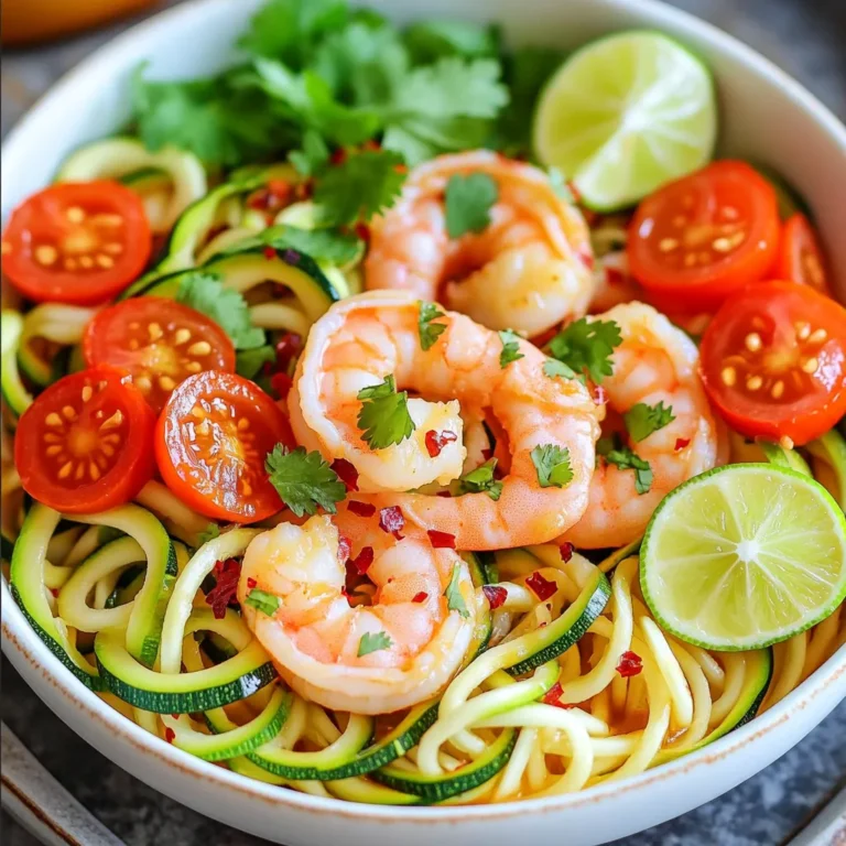 - 1 pound large shrimp, peeled and deveined - 3 medium zucchinis, spiralized - 4 cloves garlic, minced - 2 tablespoons olive oil - 1 teaspoon red pepper flakes (adjust to taste) - 1 bell pepper, sliced (any color) - 1 cup cherry tomatoes, halved - 2 tablespoons soy sauce (or tamari for gluten-free) - 1 tablespoon lime juice - Fresh cilantro, chopped (for garnish) - Salt and pepper to taste You can swap shrimp with chicken or tofu for a different protein. If you don’t have zucchinis, try using spaghetti squash or even carrots. For a low-sodium option, use coconut aminos instead of soy sauce. Squeeze in lemon juice if you lack lime juice for a fresh flavor. Fresh basil can stand in for cilantro if you prefer. Each serving provides about 250 calories. You get 25 grams of protein and 10 grams of carbs. The dish is rich in vitamins A and C from the bell pepper and tomatoes. It also offers healthy fats from the olive oil. This meal is low in calories and high in nutrients, making it a smart choice for healthy eating. To make zoodles, start with three medium zucchinis. Use a spiralizer to turn them into noodles. A spiralizer is easy and fun to use! After spiralizing, place the zoodles on a paper towel. This helps absorb extra moisture. Moist zoodles can become soggy when cooked. Let them sit while you prepare the shrimp and veggies. Grab one pound of large shrimp. Make sure they are peeled and deveined. In a mixing bowl, add the shrimp. Sprinkle in salt, pepper, and half of the red pepper flakes. This adds a nice kick! Toss the shrimp gently to coat all sides. Let the shrimp marinate for about ten minutes. Next, heat one tablespoon of olive oil in a large skillet over medium-high heat. Once hot, add the shrimp. Cook them for 2-3 minutes. They should turn pink and opaque when done. This means they are perfectly cooked! Remove the shrimp from the skillet and set them aside. In the same skillet, add one tablespoon of olive oil. Then, toss in the minced garlic and sliced bell pepper. Sauté for about two minutes. You want the garlic to smell amazing and the peppers to soften a bit. After that, add in one cup of halved cherry tomatoes. Then, add the spiralized zucchini. Stir everything together well. Cook for another 2-3 minutes. The veggies should be tender yet still crisp. Now it’s time to combine everything. Return the cooked shrimp to the skillet. Pour in the soy sauce and lime juice. Sprinkle the rest of the red pepper flakes. Toss all the ingredients together and heat for one more minute. Your Spicy Garlic Shrimp Zoodle Bowls are ready to enjoy! To get shrimp just right, start with fresh or thawed shrimp. Rinse them under cold water and pat them dry. Season them with salt, pepper, and half the red pepper flakes. Let them sit for about 10 minutes. This helps the flavors soak in. When you cook them, use a hot skillet. Cook the shrimp for only 2-3 minutes. They should turn pink and opaque. Overcooking makes them tough. Always remove them from the heat as soon as they are done. Zoodles can get watery if not managed well. After spiralizing the zucchinis, place them on a paper towel. This helps absorb excess moisture. You can also sprinkle a little salt on them. Let them sit for 10 minutes, then pat them dry. When cooking zoodles, sauté them quickly. Aim for just 2-3 minutes to keep them crisp. You want them tender but not mushy. This way, your zoodle bowls stay fresh and delightful. If you love heat, use more red pepper flakes. Start with the teaspoon in the recipe. You can always add more while cooking. If you prefer less spice, reduce the flakes or skip them altogether. Lime juice helps balance the heat. You can also serve extra lime wedges on the side. This gives each person control over their spice level. Enjoy making the dish just right for your taste buds! {{image_2}} You can switch shrimp for other proteins. Chicken works great in this dish. Simply cut it into small pieces and cook it like the shrimp. Tofu is another good choice for a vegetarian option. Use firm tofu, and sauté it until golden brown. You can also try scallops or fish, like salmon. These proteins add different flavors and textures, making the dish even more exciting. Feel free to mix up your veggies! You can add broccoli, snap peas, or carrots for extra crunch. If you want a different flavor, try using asparagus or green beans. You can also swap zucchinis with other spiralized veggies like carrots or sweet potatoes. This keeps the dish fresh and colorful, making it more fun to eat. The sauce can be changed to suit your taste. Instead of soy sauce, use teriyaki or hoisin sauce for a sweeter flavor. You can add sesame oil for a nutty taste or coconut aminos for a soy-free option. Play with different herbs and spices too! Fresh basil or parsley can add a nice touch. Adjust the red pepper flakes to make it spicier or milder based on your preference. These changes create a unique flavor profile every time. You can store the Spicy Garlic Shrimp Zoodle Bowls in the fridge. Place any leftovers in an airtight container. They will stay fresh for up to three days. Make sure to cool the dish to room temperature before sealing it. This helps prevent moisture buildup. I don't recommend freezing the zoodles. They can become mushy when thawed. However, you can freeze the shrimp and sauce. Place them in a freezer-safe bag. Remove as much air as possible before sealing. They will last for about two months. To reheat, use a skillet on medium heat. Add a splash of olive oil to keep things moist. Heat the shrimp and sauce until warmed through. For the zoodles, avoid overcooking them. Just warm them gently to keep some crunch. You can also microwave in short bursts if you prefer. Yes, you can use frozen shrimp. Just make sure to thaw them first. Place the shrimp in a bowl of cold water for about 15-20 minutes. Once thawed, peel and devein them if needed. This will help you keep the shrimp fresh and tasty. To spiralize zucchini, you need a spiralizer. First, wash the zucchinis. Then, cut off the ends. Place one zucchini in the spiralizer and turn the handle. This will create long, noodle-like strands. Repeat with the other zucchinis. After spiralizing, lay the zoodles on a paper towel to absorb extra moisture. You can serve Spicy Garlic Shrimp Zoodle Bowls with a variety of sides. Here are some great options: - A simple green salad with lemon dressing - Steamed broccoli or asparagus - Quinoa or brown rice for a heartier meal - Crusty bread for dipping in sauce These sides will add flavor and balance to your meal! This article covered how to make Spicy Garlic Shrimp Zoodle Bowls. We explored ingredients, including swaps and nutrition facts. The step-by-step guide helped you prepare the zoodles, cook shrimp, and sauté veggies. Tips on cooking perfect shrimp, zoodle texture, and adjusting spice levels added value. Variations offered ideas for proteins and sauces. We also included storage tips and answered common questions. Now, you have all the tools to create a tasty dish. Enjoy making this meal your way!