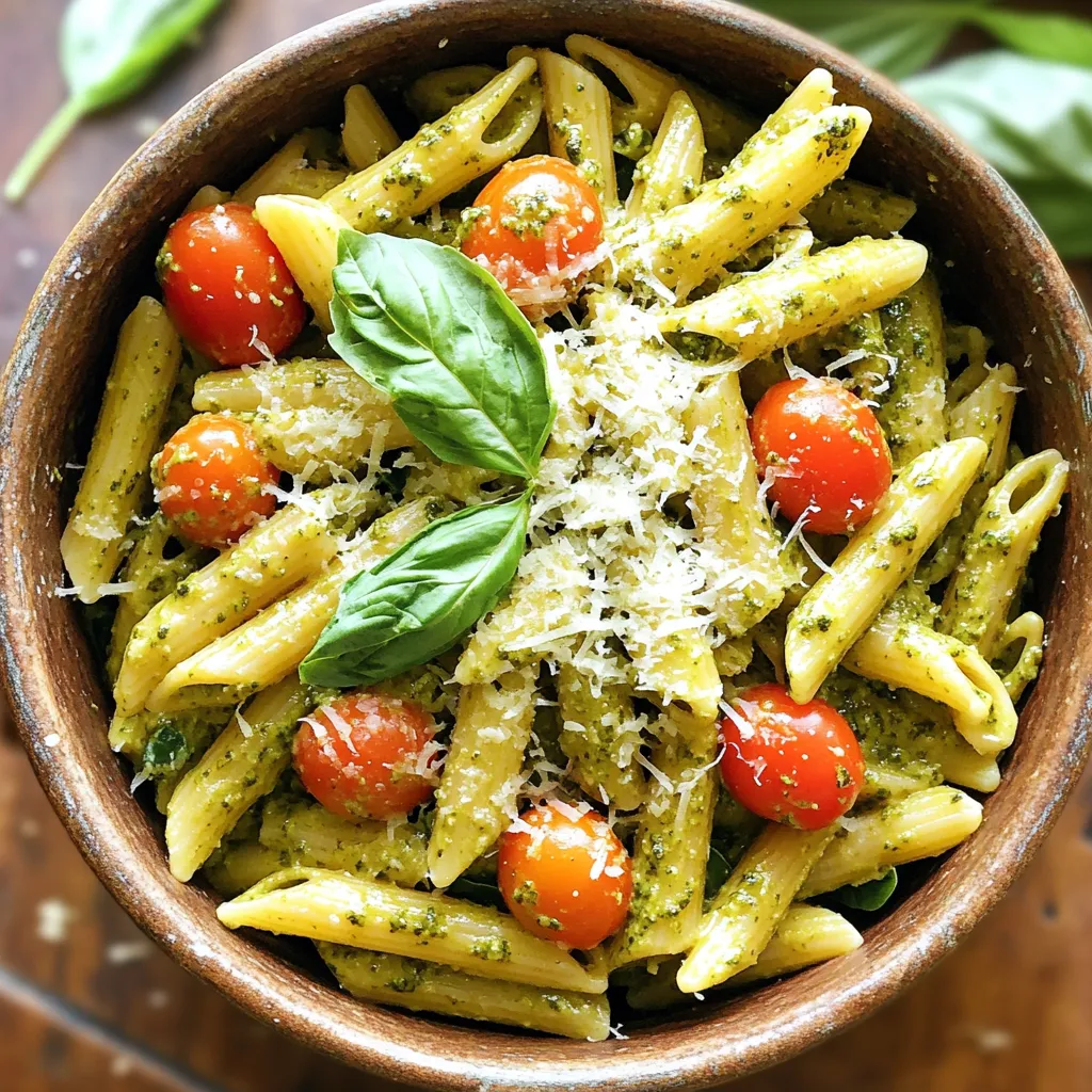 - 12 oz penne pasta - 2 cups chicken broth - 1 cup cooked chicken breast - 1 cup cherry tomatoes - 1/2 cup basil pesto - 1/2 cup heavy cream - 1 cup fresh spinach - 1/2 cup grated Parmesan cheese - 2 tablespoons olive oil - 2 cloves garlic - Salt and pepper In this recipe, each ingredient plays a key role. The penne pasta gives a hearty base. Chicken broth adds depth and flavor. Cooked chicken breast makes it filling. Cherry tomatoes bring a burst of sweetness. Basil pesto infuses vibrant herbal notes. Heavy cream lends a rich, smooth texture. Fresh spinach adds color and nutrients. Grated Parmesan cheese enhances the dish with umami. Olive oil helps sauté the garlic, which builds a strong flavor foundation. Salt and pepper allow you to adjust seasoning to your taste. - Fresh basil leaves - Additional Parmesan cheese Garnishing with fresh basil leaves adds a pop of color and freshness. Extra Parmesan cheese offers a creamy finish. These small touches make your meal look and taste even better. Enjoy this dish with your family. It’s a simple way to bring joy to the dinner table. - Heat 2 tablespoons of olive oil in a large pot over medium heat. - Add 2 cloves of minced garlic and sauté for about 1 minute. The garlic should smell good, but do not let it brown. - Pour in 2 cups of chicken broth and bring it to a simmer. - Stir in 12 oz of penne pasta. Cook according to package instructions, which is usually 10-12 minutes. Stir the pasta occasionally so it cooks evenly. - When the pasta is al dente, add 1 cup of shredded cooked chicken, 1 cup of halved cherry tomatoes, and 1/2 cup of heavy cream to the pot. Mix everything well. - Lower the heat and let it cook for another 3-5 minutes until all ingredients are heated through. - Remove the pot from heat. Stir in 1/2 cup of basil pesto, 1 cup of fresh spinach, and 1/2 cup of grated Parmesan cheese until well combined. - Season your dish with salt and pepper to taste. - Let it sit for a couple of minutes. This helps it thicken before you serve. To get your pasta just right, cook it al dente. This means the pasta should be firm but not hard. Start by boiling the pasta in chicken broth. Follow the package instructions, usually around 10-12 minutes. Stir it often to keep it from sticking. For a creamy texture, add heavy cream after the pasta cooks. This helps create a rich sauce. Mix it well and heat it gently. Add herbs and spices to make your dish pop. Fresh basil can brighten the meal. A pinch of red pepper flakes adds heat. Don't forget salt and pepper to taste. You can choose between homemade pesto or store-bought. Homemade pesto has a fresh taste. Store-bought is quick and easy. Both work well in this recipe. Using the right pot makes cooking smoother. A large pot is best for one-pot meals. It allows enough space for all the ingredients to mix. Essential tools include a wooden spoon for stirring and a measuring cup for liquids. A good knife helps with chopping veggies. Having these tools ready makes cooking easier and more fun. {{image_2}} You can easily switch up the pasta in this recipe. Try gluten-free penne if you need. It works just as well! You can also use other pasta shapes like fusilli or rigatoni. For protein, shredded chicken works great. But you can also use tofu for a vegetarian meal. Shrimp cooks fast and adds a nice twist too. To make this dish vegetarian, simply leave out the chicken. You can add more veggies instead, like bell peppers or zucchini. For a vegan option, swap the heavy cream with coconut milk or a vegan cream. You can also skip the cheese or use a dairy-free alternative. If you want a low-calorie version, use less cream and cheese. You can even use a light broth to cut down on calories. Adding different veggies can change the taste. Try adding broccoli, peas, or artichoke hearts for more texture. Each veggie adds a new layer of flavor. You can also mix in different sauces. If you love spice, try a spicy arrabbiata sauce. For a twist, a creamy Alfredo sauce can also work. The key is to keep experimenting until you find your favorite mix! Store your leftover One Pot Pesto Chicken Pasta in an airtight container. This keeps it fresh. Place it in the fridge. It will last about 3 to 4 days. Make sure to let it cool down first. This helps prevent excess moisture. To freeze your pasta, let it cool completely. Divide it into portions. Use freezer-safe bags or containers. Squeeze out excess air before sealing. It can stay good for about 2 to 3 months. When ready to eat, thaw it in the fridge overnight. Reheat it on the stove with a splash of chicken broth. You can prepare ingredients ahead of time. Chop your cherry tomatoes and shred the chicken. Store them in separate containers in the fridge. This saves time on busy days. If you want to store pre-cooked pasta, toss it with a bit of olive oil. This prevents it from sticking together. Making this dish is quick. It takes about 10 minutes to prep and 25 minutes to cook. So, you can enjoy a tasty meal in just 35 minutes! Yes, you can use raw chicken! Just cut it into small pieces. Add it to the pot with garlic and olive oil. Cook it through before adding the broth and pasta. This way, it will be juicy and full of flavor. You can pair this dish with many sides. Here are some ideas: - Garlic bread - Caesar salad - Steamed vegetables - A light green salad These options add freshness and balance to your meal. Enjoy! In this post, we explored making One Pot Pesto Chicken Pasta. We covered the main ingredients, steps, and tips for a creamy, tasty dish. You learned how to customize it and store leftovers. Remember, this meal is easy and flexible. Try different proteins or veggies to suit your taste. With a few simple steps, you can enjoy a delightful dinner that brings joy. Happy cooking!