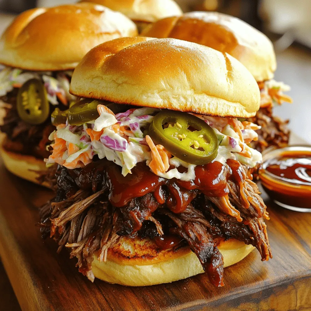 To make pulled beef sandwiches, you need a few key ingredients: - 2 lbs beef chuck roast: This cut has nice marbling. It cooks well and becomes tender. - 1 medium onion, sliced: Onions add sweetness and depth to the flavor. - 3 cloves garlic, minced: Garlic gives a strong, rich taste. - 1 cup beef broth: This adds moisture and enhances the beef's flavor. - 1 cup barbecue sauce: Choose your favorite! This gives the sandwich its signature taste. - 1 tablespoon Worcestershire sauce: This adds a savory, umami kick. - 2 teaspoons smoked paprika: This gives a nice smokiness. - 1 teaspoon cumin: Cumin adds warmth and earthiness. - 1 teaspoon black pepper: Freshly ground is best for flavor. - 1 teaspoon salt: Enhances the overall taste. - 1 tablespoon brown sugar: This balances the flavors with a hint of sweetness. - 4 to 6 burger buns: Select sturdy buns to hold the juicy beef. You can make your pulled beef sandwiches even better with these toppings: - Coleslaw: This adds crunch and a cool contrast to the warm beef. - Pickles: They give a nice tang and crunch. - Sliced jalapeños: For a kick of heat, add some jalapeños on top. - Other toppings: Consider adding sliced onions or cheese for extra flavor. These ingredients and toppings come together to create a delicious pulled beef sandwich that is easy and full of flavor. Enjoy the process of cooking and customizing your sandwich to your taste! Start by trimming the fat from the beef chuck roast. This helps keep the meat tender. Use a sharp knife and cut away any large pieces of fat. Next, season the beef with salt, black pepper, smoked paprika, cumin, and brown sugar. Rubbing the spices all over the meat is key. This step makes the flavors soak in well. Choose a light oil like olive oil for sautéing. In a skillet, heat a splash of oil over medium heat. Add the sliced onion and cook until soft. This takes about 5 minutes. Once the onion is translucent, stir in minced garlic. Cook for one more minute, just until it smells great. Set up the slow cooker by placing the seasoned beef in it. Pour the sautéed onion and garlic on top. Then, add beef broth, barbecue sauce, and Worcestershire sauce. Cover the slow cooker with its lid. Cook on low for 8 to 10 hours or on high for 4 to 6 hours. The beef should be tender and easy to shred when done. After cooking, take the beef out of the slow cooker. Use two forks to shred the meat into small pieces. This makes it easier to eat. Return the shredded beef to the slow cooker. Mix it with the tasty juices from cooking. This keeps the meat moist and flavorful. Cooking time is key to great pulled beef. For tender beef, cook on low for 8 to 10 hours. If you're short on time, use the high setting for 4 to 6 hours. The meat should easily shred with a fork when done. To check if the beef is ready, look for a deep brown color. It should feel soft and fall apart easily. If it’s tough, let it cook longer. Trust me, patience pays off! To boost flavor, consider adding extra spices. Smoked paprika adds a nice depth. You can also try chili powder for a kick or garlic powder for more aroma. For a twist, customize your barbecue sauce. You can mix sweet and spicy sauces for a balanced taste. Also, adding a splash of apple cider vinegar can brighten the flavors. Each choice can make your pulled beef unique! {{image_2}} You can switch up the meat in this recipe. If you want to try something other than beef chuck roast, here are some great options: - Brisket: This cut has a rich flavor and shreds well. - Pork shoulder: It cooks slowly and becomes tender. The taste is slightly sweet. - Chicken thighs: If you prefer lighter meat, chicken thighs work well. They stay juicy and soak up flavors. The bread you choose can change the whole sandwich. Here are some ideas: - Burger buns: These are the classic choice. They hold the beef and toppings well. - Texas toast: Thick slices of bread give a hearty bite. - Hoagie rolls: These are great for a larger serving of beef. - Gluten-free options: Look for gluten-free buns made from rice or almond flour. They taste good and keep the sandwich intact. Barbecue sauce is key to a tasty pulled beef sandwich. You can experiment with different flavors: - Sweet barbecue sauce: This adds a rich, sweet taste. It pairs well with beef. - Smoky barbecue sauce: This gives a deep flavor. Try one with chipotle for extra zest. - Spicy sauces: If you love heat, add a spicy sauce. Sriracha or buffalo sauce adds great kick. Feel free to mix sauces. You can even make a blend of sweet and spicy for a unique taste. Enjoy exploring these variations! To keep your pulled beef fresh, store it in an airtight container. Place the shredded beef with its juices in the container. Make sure to let it cool before sealing. This helps keep the beef moist. In the fridge, your pulled beef will last about 3 to 4 days. If you want it to last longer, consider freezing. Freezing pulled beef is easy. Start by letting it cool completely. Then, portion it into freezer-safe bags. Squeeze out as much air as you can before sealing. Label the bags with the date. When you want to use the beef, take it out and thaw it in the fridge overnight. For reheating, you can warm it on the stove or in the microwave. Just add a splash of beef broth for moisture. Enjoy your leftover sandwiches with ease! Cooking pulled beef takes time but is worth it. On low, it takes 8 to 10 hours. On high, it takes about 4 to 6 hours. The beef should be tender and easy to shred. Always check the meat before serving. Yes, you can use other cuts. Brisket, round roast, or even chuck eye are great options. Each cut has a unique flavor and texture. Just remember to adjust the cooking time if needed. Pulled beef sandwiches go well with many sides. Here are some great options: - Coleslaw - Potato salad - Chips - Baked beans - Pickles - Corn on the cob These sides balance the rich, savory flavor of the beef. To add heat, consider these tips: - Mix in sliced jalapeños with the beef. - Use a spicy barbecue sauce. - Add cayenne pepper or hot sauce to the seasoning. - Top with spicy coleslaw for an extra kick. Experiment with different spices until you find the perfect heat level. Pulled beef sandwiches are a tasty treat. We covered the key ingredients, like beef chuck roast and spices. I shared tips for slow cooking and shredding beef to make it tender. You learned about toppings that can elevate your meal, too. In the end, you can customize this dish for your flavor. Whether it’s for a gathering or a simple meal, enjoy your creation!