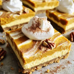For these tasty bars, you will need: - 1 ½ cups graham cracker crumbs - ½ cup unsalted butter, melted - 2 tablespoons brown sugar - 2 cups cream cheese, softened - 1 cup pumpkin puree - ¾ cup powdered sugar - 1 teaspoon vanilla extract - 1 teaspoon ground cinnamon - ½ teaspoon ground nutmeg - 1 teaspoon pumpkin pie spice - 1 cup whipped cream (for topping) These ingredients create a rich and creamy filling with a crunchy crust. The pumpkin puree gives it that lovely fall flavor. The spices add warmth and depth. You can make your bars even better with: - Crushed pecans for garnish Adding pecans gives a nice crunch and a nutty taste. You can also use other nuts if you prefer. If you want to change things up, consider these swaps: - Use almond flour instead of graham cracker crumbs for a gluten-free option. - Swap cream cheese for Greek yogurt for a lighter filling. - Agave syrup can replace powdered sugar for a different sweetness. These substitutions help you customize the recipe to your taste or dietary needs. Enjoy experimenting! To make the crust, grab a medium bowl. Combine 1 ½ cups of graham cracker crumbs with ½ cup of melted unsalted butter and 2 tablespoons of brown sugar. Stir this mixture until it looks like wet sand. Next, take a 9x9-inch baking pan and line it with parchment paper. Press the graham cracker mixture firmly into the bottom of the pan. Make sure it is even all over. Put the pan in the fridge to set while you work on the filling. Now, let’s create the cheesecake filling. In a large mixing bowl, beat 2 cups of softened cream cheese until it is smooth. Next, add 1 cup of pumpkin puree, ¾ cup of powdered sugar, and 1 teaspoon each of vanilla extract, ground cinnamon, and pumpkin pie spice. Also, include ½ teaspoon of ground nutmeg. Mix everything well until it becomes creamy and smooth. This step is key to getting a rich filling. After the crust has set, it is time to layer the filling. Remove the crust from the fridge. Spread the creamy cheesecake filling evenly over the crust with a spatula. Make sure the top is smooth. Cover the pan with plastic wrap and refrigerate for at least 4 hours. This helps the filling to set firm. When ready, lift the bars from the pan using the parchment paper. Cut them into squares and top each one with whipped cream. If you like, sprinkle some crushed pecans on top for extra crunch. When making pumpkin pie cheesecake bars, avoid over-mixing the filling. This can make it too thin. Also, don’t skip chilling the crust. It needs time to set and hold its shape. If you rush, the bars may fall apart when you cut them. Lastly, use softened cream cheese. Cold cream cheese will not mix well and can leave lumps. To get a creamy filling, mix the cream cheese well first. Make sure it’s smooth before adding other ingredients. When you add pumpkin puree, mix just until combined. Over-mixing can add too much air, leading to cracks as it sets. For a firmer texture, chill the bars long enough. Four hours is best, but overnight is even better. You can add a pinch of salt to balance the sweetness. A little salt makes the flavors pop. Consider adding more spices, too. A dash of ginger or cloves can give your bars a warm kick. For extra crunch, sprinkle crushed pecans on top. They add a nice texture contrast to the creamy filling. If you want a sweeter touch, drizzle caramel sauce over the bars before serving. {{image_2}} You can change the flavor of these bars easily. For a holiday twist, add some peppermint extract. It gives a fresh taste. You can also mix in some crushed ginger cookies for the crust. This adds a spicy crunch. For a summer treat, swap pumpkin for fresh berries. Use a berry puree instead of pumpkin. This makes a light, fruity dessert. You can make these bars fit your diet needs. For gluten-free options, use gluten-free graham crackers. Substitute regular cream cheese with a lactose-free version if needed. For low-sugar bars, use a sugar substitute like stevia. This keeps the taste great without added sugar. These changes let everyone enjoy this dessert. How you serve these bars can make them special. Instead of plain whipped cream, try flavored whipped cream. Add some maple syrup or vanilla for extra taste. You can also serve them with a drizzle of caramel sauce. For a fun touch, top each bar with a mini pumpkin candy. This makes each slice look festive and fun. To keep your Pumpkin Pie Cheesecake Bars fresh, store them in the fridge. Use an airtight container to prevent them from drying out. If you leave them in the baking pan, cover the top with plastic wrap. This helps keep the bars moist and tasty. These cheesecake bars freeze well, making them a great make-ahead treat. Cut the bars into squares before freezing. Place them in a single layer on a baking sheet until firm. Then, transfer them to an airtight container, separating layers with parchment paper. They can last up to three months in the freezer. When stored properly in the fridge, these bars last about five days. If you freeze them, they stay fresh for up to three months. Just remember to thaw them in the fridge overnight before serving. This keeps the texture nice and creamy! Yes, you can make these bars ahead of time. In fact, they taste even better after a day in the fridge. I often prepare them the day before a gathering. This way, they have time to chill and set properly. If you want a dairy-free option, use a vegan cream cheese. You can also try Greek yogurt for a lighter option. Both will give you a creamy texture, but the flavor may change a bit. The filling is set when it feels firm to the touch. After chilling for at least four hours, check the edges. They should hold their shape, and the center will not jiggle. If it’s still soft, give it more chill time. In this blog post, we covered key ingredients, step-by-step instructions, and helpful tips for making cheesecake bars. You learned about optional ingredients and creative variations to fit your taste. Remember to avoid common mistakes for perfect results. With the right storage, these bars can last over a week. Enjoy experimenting with flavors and textures. This recipe is all about making delicious cheesecake bars that anyone can love!
