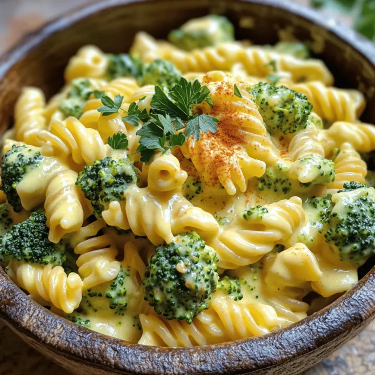 - 8 oz (about 225g) pasta of your choice (fusilli or penne works well) - 2 cups fresh broccoli florets - 1 cup sharp cheddar cheese, grated - 1 cup heavy cream or cashew cream for a lighter option - 2 tablespoons unsalted butter - 2 cloves garlic, minced - 1 teaspoon onion powder - 1/2 teaspoon salt (adjust to taste) - 1/4 teaspoon black pepper - 1/2 teaspoon paprika (for a hint of smokiness) - Fresh parsley for garnish (optional) - 8 oz pasta equals about 225 grams. - 1 cup equals 240 milliliters for liquids. - 2 tablespoons equals about 30 milliliters. - Swap heavy cream for cashew cream for a vegan option. - Use any pasta type you prefer, like spaghetti or macaroni. - If you lack fresh broccoli, frozen broccoli works too. - Substitute cheddar cheese with gouda or mozzarella for different flavors. - You can replace garlic with garlic powder if needed. First, fill a large pot with salted water. Bring it to a boil over high heat. Add 8 ounces of your favorite pasta. You can use fusilli or penne. Cook according to the package instructions until it is al dente. This usually takes about 8 to 10 minutes. When there are just 2 to 3 minutes left, add 2 cups of fresh broccoli florets to the pot. This way, the broccoli cooks perfectly. Drain the pasta and broccoli, then set them aside in a bowl. In the same pot, melt 2 tablespoons of unsalted butter over medium heat. As the butter melts, add 2 minced garlic cloves. Sauté the garlic for about 1 minute until it smells great. Next, pour in 1 cup of heavy cream or cashew cream if you want a lighter dish. Stir in 1 teaspoon of onion powder, 1/2 teaspoon of salt, 1/4 teaspoon of black pepper, and 1/2 teaspoon of paprika. Mix everything together well. Let the sauce simmer for about 3 to 4 minutes. This helps it thicken slightly. Now, it’s time to add the cheese! Gradually stir in 1 cup of grated sharp cheddar cheese. Keep stirring until the cheese melts and the sauce is smooth. If the sauce is too thick, you can add a splash of the reserved pasta water. This will help loosen it up. Finally, add the drained pasta and broccoli back into the pot. Toss everything together until the pasta and broccoli are coated in the creamy cheese sauce. Taste the dish and adjust the seasoning if you need to. Serve it warm, and enjoy your meal! To make the sauce really creamy, use heavy cream. It adds richness and smoothness. If you want a lighter choice, try cashew cream instead. This will keep your dish creamy but less heavy. Make sure to simmer the sauce gently. This helps it thicken and develop flavor. If the sauce gets too thick, add a little pasta water. This will help bring it back to the right consistency. Sharp cheddar cheese is the star of this dish. Its strong flavor pairs well with the cream. You can also mix in some mozzarella for extra stretchiness. Another option is Gruyère, which adds a nutty taste. For a fun twist, try adding a bit of goat cheese. It brings a tangy flavor that makes the dish pop. Always use freshly grated cheese. It melts better than pre-shredded cheese. Don’t hesitate to boost your meal with more veggies. Spinach or kale can add color and nutrition. You can also toss in peas or bell peppers for added crunch. Carrots cut into small pieces work well too. They add sweetness and a nice bite. When adding, just sauté them briefly before mixing them with pasta. This keeps them bright and fresh. Plus, it makes your meal even more colorful and fun! {{image_2}} You can easily make this dish vegan. Replace the heavy cream with cashew cream. To make cashew cream, soak 1 cup of raw cashews in water for 4 hours. Drain and blend with 1/2 cup of water until smooth. This gives a creamy texture without dairy. For a gluten-free dish, choose gluten-free pasta. Many brands offer options like rice or quinoa pasta. These cook well and taste great. Just follow the package instructions to get the right texture. Want to boost the protein? You can add cooked chicken or tofu. For chicken, use grilled or rotisserie chicken. Just chop it and mix it into the pasta. For tofu, press and cube it before sautéing until golden. Add it to the pasta for extra flavor and nutrition. To keep your creamy broccoli cheddar pasta fresh, let it cool first. Once cool, place it in an airtight container. Store it in the fridge for up to three days. If you find you won’t eat it within that time, consider freezing it. When reheating, use a pot over low heat. Add a splash of cream or pasta water to keep it creamy. Stir often to prevent sticking. You can also use a microwave; just cover it to keep moisture in. Heat in short bursts, stirring in between. To freeze, portion the pasta into single servings. Use freezer-safe bags or containers. Remove as much air as possible to avoid freezer burn. This dish can stay good for up to three months. When ready to eat, thaw in the fridge overnight before reheating. Yes, you can use frozen broccoli. Just make sure to thaw it first. Frozen broccoli cooks faster, so add it to the pot in the last few minutes of cooking. This way, it warms up but stays bright green. I love using fusilli or penne for this dish. Their shapes hold the creamy sauce well. You can also try other pasta types, like rotini or shells. Just pick your favorite! To add heat, mix in red pepper flakes. Start with a pinch and adjust based on your taste. You can also use spicy cheese or a dash of hot sauce for an extra kick. Definitely! You can mix in mozzarella for stretchiness or parmesan for a salty bite. Just remember that different cheeses will change the flavor. Feel free to experiment with your favorites! This dish is quick! It takes about 10 minutes to prep and 20 minutes to cook. In just 30 minutes, you can serve a tasty meal that everyone will enjoy. This article covered how to make a delicious pasta and broccoli dish. You learned about key ingredients, cooking steps, and useful tips. We explored variations for diets like vegan or gluten-free. Plus, I gave storage tips to keep meals fresh. Remember, cooking should be fun and simple. Experiment with flavors and make it your own. Enjoy your tasty creation!