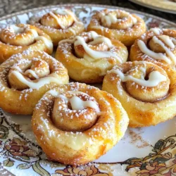 - Refrigerated crescent roll dough (1 can, 8 oz) This is the base of our cinnamon roll bites. It gives them that soft, flaky texture we love. If you want, you can use puff pastry instead for a flakier bite. - Brown sugar (1/4 cup) Brown sugar adds a rich, caramel flavor. It melts nicely, creating a gooey inside. You can substitute it with coconut sugar for a healthier option. - Ground cinnamon (2 teaspoons) Cinnamon brings warmth and spice to our bites. It pairs perfectly with the sweetness. If you want a twist, try mixing in some nutmeg. - Unsalted butter (2 tablespoons, melted) Butter adds richness and helps the cinnamon sugar stick. Use coconut oil if you want a dairy-free option. - Powdered sugar (1/4 cup) This is for our sweet icing. It gives that smooth, sweet drizzle. You can replace it with a sugar substitute if needed. - Milk (1 tablespoon) Milk helps to thin the icing and make it creamy. You can use almond milk or oat milk for a non-dairy version. - Vanilla extract (1/4 teaspoon) Vanilla adds a nice flavor and aroma. You can skip it, but it makes a big difference. You can also use almond extract for a different taste. These ingredients combine to make delightful air fryer cinnamon roll bites. They are easy to prepare and taste amazing! 1. Preheat your air fryer to 350°F (175°C). This step makes sure your bites cook evenly. 2. Mix the filling. In a small bowl, combine 1/4 cup brown sugar and 2 teaspoons ground cinnamon. This blend gives the cinnamon roll bites their sweet flavor. 3. Unroll the crescent dough. Open the can and gently separate the dough into individual triangles. Be careful to not tear them. 4. Brush with butter. Use a pastry brush to apply 2 tablespoons of melted unsalted butter on each triangle. This helps the cinnamon sugar stick. 5. Sprinkle the mixture. Evenly distribute the cinnamon sugar over the buttered dough. Make sure to cover each triangle well. 6. Roll the triangles. Start with the wider end of each triangle. Roll it up toward the point, forming a small roll. Pinch the edges to seal them tight. 7. Prevent sticking. If the dough sticks, try using a little extra flour on your work surface. This helps keep the dough from sticking to your hands or the counter. 1. Place the rolls. Put the rolled bites in the air fryer basket. Make sure they are in a single layer and not touching. This allows hot air to circulate. 2. Set your air fryer. Air fry for 8 to 10 minutes. Keep an eye on them. You want them golden brown and puffed up. 3. Check for doneness. If they look too pale or soft, give them a few more minutes. Each air fryer can be a bit different. Spacing the bites well in the air fryer is key. If they touch, they won’t cook evenly. Enjoy your tasty treat! To make the best Air Fryer Cinnamon Roll Bites, avoid these common mistakes: - Overcrowding the basket: Always place the bites in a single layer. If they touch, they may not cook evenly. - Skipping the butter: Brush melted butter on each triangle. This step adds flavor and helps the sugar stick. - Not preheating the air fryer: Preheat to 350°F (175°C) for the best results. It helps the bites puff up nicely. For different air fryer models, cooking times may vary. Here are some guidelines: - Standard air fryer: Cook for 8-10 minutes. - Compact air fryer: Check at 6-8 minutes. - Larger air fryer: You may need a full 10 minutes. Always check for a golden brown color. To elevate your cinnamon roll bites, consider these toppings: - Icing: Drizzle the simple icing made with powdered sugar, milk, and vanilla. - Sprinkles: Add colorful sprinkles for a fun touch. - Cinnamon sugar: A quick dusting of extra cinnamon sugar adds flavor and looks great. For plating, serve the cinnamon roll bites warm on a decorative plate. - Presentation tip: Arrange them in a circle, drizzle icing, and sprinkle with powdered sugar. This makes for a stunning display that will impress your guests! {{image_2}} You can make your Air Fryer Cinnamon Roll Bites even more fun. Try adding nuts, chocolate chips, or dried fruit. - Nuts: Chopped pecans or walnuts add a nice crunch. Add them to the cinnamon sugar mix before sprinkling it on the dough. - Chocolate chips: For a sweet twist, sprinkle some mini chocolate chips inside each roll. - Dried fruit: Chopped dried cranberries or raisins can give a fruity taste. You can also change up the icing flavors. Instead of basic vanilla, try: - Maple icing: Substitute maple syrup for milk. This gives a warm flavor. - Chocolate icing: Mix cocoa powder into your icing for a chocolatey treat. - Cream cheese icing: Blend cream cheese with powdered sugar and a bit of milk for a tangy icing. Making these bites gluten-free is simple. Use gluten-free crescent roll dough. Check the packaging to ensure it works. To make the recipe vegan, swap the following: - Butter: Use a plant-based butter or coconut oil. - Milk: Almond milk or oat milk works well for the icing. You can also make healthier swaps. Instead of brown sugar, use coconut sugar or honey. For a lighter option, try using Greek yogurt in the icing instead of milk and powdered sugar. These variations can help you enjoy delicious bites while meeting your dietary needs. Feel free to get creative and mix flavors based on what you love! To keep your Air Fryer Cinnamon Roll Bites fresh, place them in an airtight container. You can store them in the fridge for up to three days. For longer storage, freeze them in a freezer-safe bag. Just remove excess air before sealing. This helps prevent freezer burn and keeps them tasty. Recommended containers include: - Glass or plastic airtight containers - Freezer-safe resealable bags To reheat your cinnamon roll bites without losing their yummy texture, use your air fryer or an oven. Set the air fryer to 350°F (175°C) and heat for about 3-5 minutes. This warms them through and keeps them crispy. If using the oven, reheat at the same temperature for 5-7 minutes. For the best results: - Do not overcrowd the air fryer basket. - Check them often to avoid overcooking. Can I use puff pastry instead of crescent roll dough? Yes, you can use puff pastry. Puff pastry gives a flakier texture. Keep in mind, the flavor will change slightly. You may want to add a bit more cinnamon and sugar for extra taste. How can I ensure my cinnamon roll bites are fluffy? To keep your bites fluffy, do not over pack the air fryer. Make sure each piece has space. Also, avoid pressing the dough too hard when rolling. This helps maintain air pockets, ensuring a light bite. What should I do if my cinnamon roll bites are undercooked? If your bites are undercooked, put them back in the air fryer. Cook them in two-minute intervals. Check often to avoid burning. They should be golden brown and puffed when done. How do I prevent the icing from hardening? To keep your icing soft, mix it right before serving. If it hardens, add a few drops of milk. Stir well until smooth. This keeps it creamy for drizzling on warm bites. We covered all the key points to make delicious cinnamon roll bites. Understanding the ingredients helps you prepare well. Follow the steps for perfect air frying and avoid common mistakes. Explore variations to fit your taste and dietary needs. Proper storage and reheating keep leftovers tasty. With these tips and tricks, you can serve up fun treats everyone will love. It’s simple, and you can personalize these bites. Enjoy creating your delicious masterpiece!