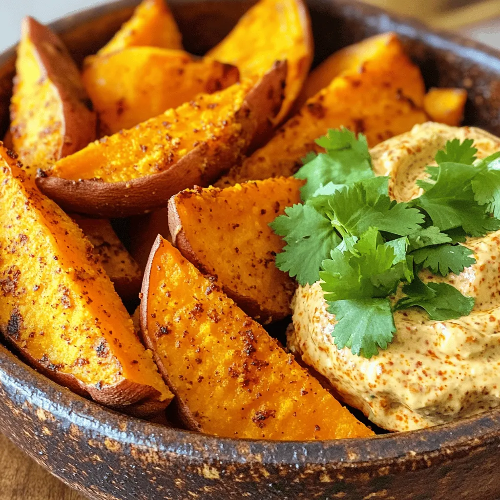 - 2 large sweet potatoes - 2 tablespoons olive oil - 1 teaspoon smoked paprika - 1 teaspoon garlic powder - 1/2 teaspoon chili powder - Salt and pepper to taste - Fresh cilantro for garnish - 1/2 cup Greek yogurt - 2 tablespoons mayonnaise - 1 tablespoon chipotle in adobo sauce - 1 teaspoon lime juice - Salt to taste You need two large sweet potatoes to start. Peel them, then cut them into wedges. This shape helps them cook evenly and gives you a nice crispy outside. Next, drizzle two tablespoons of olive oil over the wedges. This oil helps the seasoning stick and adds flavor. For seasoning, add one teaspoon of smoked paprika and one teaspoon of garlic powder. These spices bring a warm, smoky flavor to the wedges. Then, add half a teaspoon of chili powder for some heat. Don’t forget to sprinkle salt and pepper to taste. Toss everything well until the wedges are coated. For the chipotle dip, you will mix half a cup of Greek yogurt and two tablespoons of mayonnaise in a bowl. This base makes the dip creamy and rich. Then, add one tablespoon of chipotle in adobo sauce. This sauce gives the dip a smoky kick. Finally, add one teaspoon of lime juice and a pinch of salt for balance. Whisk until smooth. Chop some fresh cilantro to sprinkle on top of the sweet potato wedges when serving. This adds a nice touch and a burst of freshness. Enjoy your cooking! - Preheat the air fryer to 400°F (200°C) for about 5 minutes. - In a large mixing bowl, combine the following ingredients: - 2 large sweet potatoes, cut into wedges - 2 tablespoons olive oil - 1 teaspoon smoked paprika - 1 teaspoon garlic powder - 1/2 teaspoon chili powder - Salt and pepper to taste Toss the wedges in the bowl until they are evenly coated. This step adds flavor and helps them crisp up nicely. - Place the seasoned wedges in the air fryer basket in a single layer. You may need to work in batches. - Cook for 15-20 minutes. Shake the basket halfway through cooking. This helps them cook evenly and get crispy all around. You want them tender inside and crisp outside. - In a small bowl, whisk together these ingredients: - 1/2 cup Greek yogurt - 2 tablespoons mayonnaise - 1 tablespoon chipotle in adobo sauce - 1 teaspoon lime juice - Salt to taste Mix until smooth and creamy. You can adjust the spice by adding more or less chipotle to fit your taste. This dip is a great complement to the sweet potato wedges. To get crispy sweet potato wedges, set your air fryer to 400°F (200°C). This high heat helps the wedges cook fast and turn golden. Toss them halfway through cooking. This step makes sure they crisp evenly. If you skip tossing, some wedges may stay soft. You can adjust the heat of your chipotle dip. If you like it spicy, add more chipotle in adobo sauce. For a milder dip, use less. You can swap ingredients too. Try using sour cream instead of Greek yogurt for a different taste. Adding herbs like cilantro or lime zest can give it a fresh twist. {{image_2}} You can change the flavor of your sweet potato wedges with different spices. Try adding cumin for a warm taste or cinnamon for a hint of sweetness. You can also mix in Italian herbs like oregano and thyme for a fresh twist. If you want heat, cayenne pepper or red pepper flakes work great too. You can also use other root vegetables. Carrots and parsnips roast well in the air fryer. Just cut them into similar-sized wedges for even cooking. This adds variety to your dish and keeps it fun. If you're looking for something different, try yogurt-based dips. You can mix Greek yogurt with herbs like dill or parsley. This makes a fresh and tasty dip. For a creamier option, blend in some avocado. For more heat, try a spicy ranch dressing. Blend sour cream with hot sauce for a zesty kick. You can also create a garlic aioli by mixing mayonnaise with minced garlic and lemon juice. These dips will add a new layer of flavor to your sweet potato wedges. To keep your sweet potato wedges fresh, store them in an airtight container. Place them in the fridge. They will stay good for about 3 days. When you want to eat them again, reheating is easy. Use the air fryer for best results. Set it to 350°F (175°C) and heat for about 5-7 minutes. This keeps them crispy. For the chipotle dip, store it in a separate airtight container. This dip stays fresh for about one week in the fridge. To keep it tasting great, make sure to use a clean spoon each time. If you notice any change in smell or color, it’s best to toss it out. Enjoy your tasty dip while it’s fresh! Air fryer sweet potato wedges take about 15 to 20 minutes to cook. Preheat your air fryer to 400°F (200°C). Place the seasoned wedges in the basket in a single layer. Shake the basket halfway through cooking to ensure they cook evenly. They will be crispy outside and tender inside. Yes, you can use other types of potatoes. Russets and Yukon Gold potatoes work well too. Just adjust the cooking time as needed. They may take a few minutes longer to cook, so check for doneness by piercing with a fork. Chipotle dip pairs well with various foods. Try serving it with fresh veggies like carrots and celery. It also goes great with tortilla chips or pita bread. For a heartier option, serve it alongside grilled chicken or fish. It’s versatile and adds a spicy kick to any dish. You learned how to make tasty air fryer sweet potato wedges and a chipotle dip. The steps are easy: prepare the ingredients, cook them in the air fryer, and mix the dip. Add your favorite flavors to the wedges or dip for fun twists. Store leftovers properly to keep them fresh. Enjoy this delicious snack that is simple and full of flavor. You’ll impress family and friends every time!