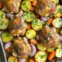 - 4 bone-in, skin-on chicken thighs - 1 pound baby potatoes, halved - 1 cup carrots, sliced - 1 red onion, cut into wedges - 4 cloves garlic, minced These main ingredients come together to create a hearty and tasty dish. The chicken thighs give a rich flavor and juicy texture. Baby potatoes add a nice, creamy bite. Carrots and red onions bring a touch of sweetness and color to the meal. - 3 tablespoons olive oil - 2 teaspoons dried rosemary - 2 teaspoons dried thyme - 1 teaspoon smoked paprika - Salt and pepper to taste The seasoning mix transforms simple ingredients into something special. The olive oil helps the spices stick to the chicken and veggies. Rosemary and thyme add a fragrant touch. Smoked paprika gives a warm, smoky flavor. Don’t forget the salt and pepper; they enhance all the flavors. - Fresh parsley, chopped Chopped fresh parsley adds a pop of color. It also gives a fresh taste to your dish. You can sprinkle it on right before serving. This small touch can make your meal look more inviting and vibrant. Start by preheating your oven to 425°F (220°C). In a large bowl, mix 3 tablespoons of olive oil, 4 cloves of minced garlic, 2 teaspoons of dried rosemary, 2 teaspoons of dried thyme, and 1 teaspoon of smoked paprika. Add salt and pepper to taste. This mix will be your marinade. Next, add the 4 bone-in, skin-on chicken thighs to the bowl. Make sure each piece gets coated well with the marinade. Set this aside for about 10-15 minutes. This allows the flavors to soak into the chicken. While the chicken marinates, prepare the veggies. Take 1 pound of halved baby potatoes, 1 cup of sliced carrots, and 1 red onion cut into wedges. On a large sheet pan, spread out the potatoes, carrots, and onion. Drizzle a little olive oil on top. Sprinkle some salt, pepper, and a bit of rosemary over the vegetables. Toss them gently to mix everything together. This will give the veggies a nice flavor as they roast. Now it’s time to roast! Place the marinated chicken thighs on top of the veggies, skin side up. This helps the skin get crispy while the chicken cooks. Put the sheet pan in the preheated oven. Roast for 35-40 minutes. The chicken should turn golden brown and reach an internal temperature of 165°F (74°C). At the same time, the potatoes will become tender. Once done, take the pan out of the oven and let it rest for about 5 minutes. Before serving, sprinkle some freshly chopped parsley on top. Enjoy your delicious meal! To roast chicken thighs just right, start with skin-on, bone-in thighs. The skin keeps the meat juicy. Season the chicken well with salt and pepper. A marinade with garlic, herbs, and olive oil adds flavor. Make sure to let the chicken marinate for 10-15 minutes. This short wait helps the flavors soak in. When you place the chicken on the pan, keep the skin side up. This way, the skin gets crispy while cooking. For tender potatoes, choose baby potatoes. Halve them for even cooking. Toss them with olive oil, salt, and pepper. This adds flavor while they roast. Make sure to spread them out on the pan. If they are too close, they may steam instead of roast. Check their doneness around the 30-minute mark. If they are not soft, give them a few extra minutes. Plan your prep time to keep things smooth. Start by preheating your oven to 425°F (220°C). While the oven heats, mix your marinade. Marinating the chicken takes about 10-15 minutes. Use this time to chop your veggies. Once the chicken is ready, arrange everything on the sheet pan. Roast the meal for 35-40 minutes. This timing ensures both the chicken and potatoes cook perfectly. Always check the chicken’s internal temperature. It should be at least 165°F (74°C) to be safe to eat. {{image_2}} You can change the veggies in this dish easily. Try adding bell peppers, zucchini, or broccoli. You can also use sweet potatoes for a different taste. Each vegetable gives a new flavor and texture. Just cut them to a similar size as baby potatoes. This way, they will cook evenly. Feel free to mix up the herbs and spices. Basil, oregano, or dill can add new flavors. You can also use fresh herbs instead of dried ones. Just double the amount if you choose fresh. If you want a kick, add some red pepper flakes. This can spice up your meal and give it a fun twist. Chicken is great, but you can try other proteins too. Bone-in pork chops work well. So do bone-in turkey thighs or even a whole chicken. When using a whole chicken, adjust the cooking time. Make sure it reaches an internal temp of 165°F (74°C). You can also try plant-based proteins, like tofu or tempeh. Just marinate them the same way and roast them on the sheet pan. After enjoying your Herb Roasted Chicken & Potato Sheet Pan, store leftovers in an airtight container. This keeps the meal fresh. Let the dish cool for about 30 minutes before sealing. Try to consume leftovers within 3 days for the best taste. To reheat, place your chicken and potatoes on a baking sheet. Preheat the oven to 350°F (175°C). Heat for about 15-20 minutes or until warm. You can also use a microwave, but the oven keeps the skin crispy. Make sure the chicken reaches 165°F (74°C) when reheating. You can freeze leftovers for up to 3 months. Use freezer-friendly bags or containers. Separate the chicken from the veggies for best results. Label your bags with the date. When ready to eat, thaw in the fridge overnight before reheating. It takes about 35 to 40 minutes to cook chicken thighs at 425°F. They should be golden brown and reach an internal temperature of 165°F. Cooking time may vary based on the size of the thighs. Always check them for doneness. Yes, you can use boneless chicken thighs. They will cook faster, usually in about 25 to 30 minutes. Adjust your cooking time to prevent overcooking. Boneless thighs can still be juicy and flavorful. You can serve a fresh salad or steamed green beans. A side of crusty bread works well too. You can also pair it with a light sauce, like a lemon vinaigrette, for extra flavor. You can check the internal temperature with a meat thermometer. The chicken should reach at least 165°F. Also, the juices should run clear, not pink. If you see any pink, cook it a bit longer. This blog post covered how to make herb roasted chicken and potatoes. We looked at key ingredients and flavors. You learned how to prepare the marinade and arrange the dish. Tips helped you roast chicken and potatoes perfectly. Variations allowed for fun changes based on what you have. Lastly, we discussed how to store leftovers and reheat them. Enjoy making this easy meal. It’s perfect for any night and will impress everyone. Happy cooking!
