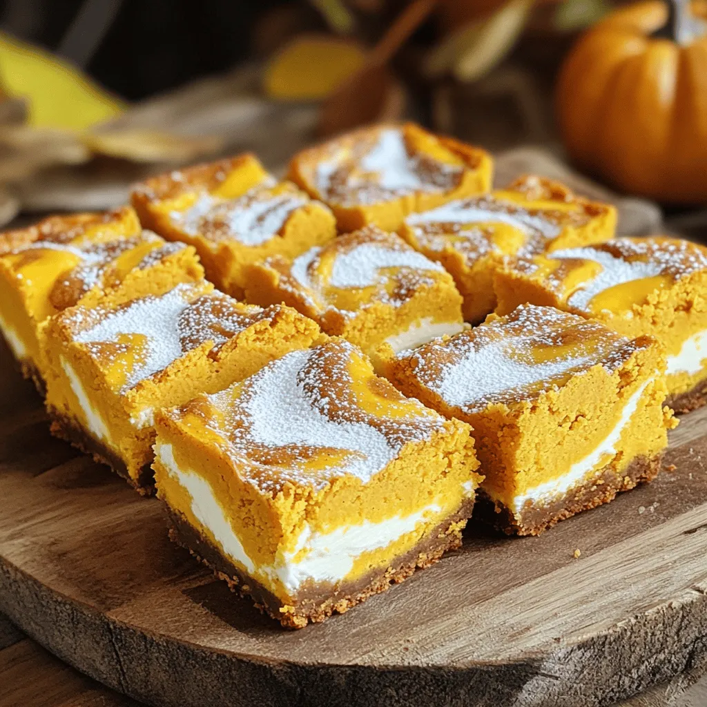 To make delicious pumpkin cream cheese blondies, gather these key ingredients: - 1 cup pumpkin puree - 1 cup brown sugar - 1/2 cup granulated sugar - 1/2 cup unsalted butter, melted - 2 large eggs - 1 teaspoon vanilla extract - 1 teaspoon baking powder - 1/2 teaspoon baking soda - 1 teaspoon ground cinnamon - 1/2 teaspoon ground nutmeg - 1/4 teaspoon salt - 1 1/2 cups all-purpose flour - 8 oz cream cheese, softened - 1/4 cup powdered sugar - 1 tablespoon lemon juice These ingredients blend to create a moist, flavorful treat that's perfect for fall. If you don’t have some ingredients, don’t worry. Here are some easy swaps: - Use maple syrup for brown sugar. - Swap unsalted butter with coconut oil. - Replace eggs with flaxseed meal mixed with water. - Choose gluten-free flour for a gluten-free option. - For cream cheese, use dairy-free cream cheese. These substitutes maintain the blondie’s flavor and texture. Fresh ingredients make a big difference in taste. Here are my tips: - Pumpkin Puree: Choose canned pumpkin, not pumpkin pie filling. - Spices: Check expiration dates on ground spices. Fresh spices enhance flavor. - Cream Cheese: Look for a smooth and soft texture. - Eggs: Use farm-fresh eggs for the best flavor. - Butter: Use unsalted butter for better control over salt levels. Using fresh ingredients ensures your blondies taste amazing and delightful. Start by preheating your oven to 350°F (175°C). This step is key for even baking. Grab a 9x9 inch baking pan and grease it well. For easy removal, line it with parchment paper. This will help us lift the blondies out later. In a large mixing bowl, combine 1 cup of pumpkin puree, 1 cup of brown sugar, and 1/2 cup of granulated sugar. Pour in 1/2 cup of melted unsalted butter. Mix these ingredients well until the sugars dissolve. This creates a sweet and creamy base for your blondies. Next, crack in 2 large eggs and add 1 teaspoon of vanilla extract. Whisk this mixture until it’s smooth and creamy. Make sure there are no lumps. Now, let’s prepare the dry mix. In another bowl, sift together 1 teaspoon of baking powder, 1/2 teaspoon of baking soda, 1 teaspoon of ground cinnamon, 1/2 teaspoon of ground nutmeg, 1/4 teaspoon of salt, and 1 1/2 cups of all-purpose flour. Sifting helps to remove lumps and ensures even mixing. Gradually fold the dry ingredients into the wet mixture using a spatula. Mix gently until just combined. Be careful not to overmix. This step helps keep your blondies soft and chewy. Now, we are ready to add the cream cheese. In a small bowl, beat together 8 oz of softened cream cheese, 1/4 cup of powdered sugar, and 1 tablespoon of lemon juice until smooth. This cream cheese mixture adds a lovely tang to the blondies. Pour half of your blondie batter into the prepared pan, spreading it evenly. Next, dollop spoonfuls of the cream cheese mixture over the batter. Use a knife to swirl it slightly. Then, pour the remaining batter over the cream cheese layer and spread it out evenly. Bake your blondies in the preheated oven for 25-30 minutes. Check for doneness by inserting a toothpick into the center. It should come out with a few moist crumbs. Let the blondies cool in the pan for about 10 minutes. Then, lift them out using the parchment paper. Cool them completely on a wire rack. This cooling step helps set the flavors and texture perfectly. To make great blondies, mix just enough. After adding flour, fold it in gently. This keeps your blondies light and fluffy. Overmixing adds too much air and can make them tough. You want a nice, thick batter. If you see a few flour streaks, that's okay! It's better to under-mix than to overdo it. Creating a lovely cream cheese swirl is easy. Start by dolloping the cream cheese mixture onto the batter. Use a knife to swirl it gently. Don’t mix too much; you want to see both the blondie and cream cheese. This adds pretty patterns and layers of flavor. The key is to be gentle and not to stir it all together. Add more flavor to your blondies with spices and mix-ins. Here are some ideas: - Spices: Try adding ginger or cloves for a warm taste. - Mix-ins: Chopped nuts, chocolate chips, or even dried fruit can make them special. - Citrus: A bit of orange zest brightens the flavor. These small changes can make your blondies stand out. Have fun experimenting with your favorite flavors! {{image_2}} You can add fun twists to your pumpkin cream cheese blondies. Nuts or chocolate chips give extra flavor and texture. Try adding chopped walnuts or pecans for a crunchy bite. If you love chocolate, mix in some semi-sweet chocolate chips. Use about 1 cup of either nuts or chocolate chips. Just fold them into the batter before you pour it into the pan. If you need a gluten-free option, you can swap the all-purpose flour. Use a gluten-free flour blend instead. Look for blends that include xanthan gum for best results. Also, ensure your baking powder is gluten-free. This way, you can enjoy these treats without worry. They will still taste great, just like the original recipe! To make vegan pumpkin cream cheese blondies, you can replace the eggs and cream cheese. Use flax eggs instead of regular eggs. Mix 1 tablespoon ground flaxseed with 2.5 tablespoons of water. Let it sit for a few minutes to thicken. For the cream cheese, try a vegan cream cheese alternative. It keeps the blondies creamy and delicious. You can still enjoy the same fall flavors in a vegan way! To keep your pumpkin cream cheese blondies fresh, place them in an airtight container. Lay a piece of parchment paper between layers to prevent sticking. Store at room temperature for up to three days. If you want to keep them longer, refrigerate them for up to a week. The cool air will help maintain their soft texture. You can freeze these blondies for later enjoyment. Cut them into squares and wrap each piece in plastic wrap. Place the wrapped blondies in a freezer-safe bag or container. They will last up to three months in the freezer. When you want a treat, simply thaw them in the fridge overnight. To reheat your blondies, use your microwave for quick results. Heat them for about 10-15 seconds until warm. If you prefer the oven, preheat it to 350°F (175°C). Place the blondies on a baking sheet for about 5-10 minutes. Reheating brings back their soft, gooey texture, making them taste fresh again! Yes, you can use canned pumpkin puree. It saves time and ensures consistency. Just make sure it is 100% pumpkin, not pumpkin pie filling. Canned pumpkin often tastes great and has a smooth texture. This makes it perfect for your blondies. If you prefer fresh pumpkin, you can roast and puree it. However, canned pumpkin is my go-to for ease and flavor. These blondies last about 3 to 4 days when stored properly. Keep them in an airtight container at room temperature. For longer storage, you can refrigerate them. Just remember that refrigeration can change their texture slightly. If you want to enjoy them later, consider freezing them for up to 3 months. Just wrap each blondie tightly in plastic wrap before placing them in a freezer bag. You can use Greek yogurt or mascarpone as a cream cheese substitute. Both add creaminess and a nice tang. They can also keep the blondies moist. If you want a dairy-free option, try using a nut-based cream cheese. Look for brands that have a smooth texture to mimic cream cheese. Adjust the sweetness as needed, since some alternatives may vary in flavor. In this blog post, we explored the easy recipe for pumpkin cream cheese blondies. We covered the best ingredients, helpful tips, and variations to try. Fresh ingredients, mixing techniques, and storage methods made baking simple. Remember, don’t overmix to keep them soft. You can add nuts or make a vegan version too. I hope you feel confident in making these blondies. They are tasty and fun for all. Enjoy your baking adventure!
