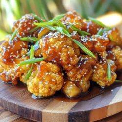- 1 medium head of cauliflower, cut into florets - 1/2 cup cornstarch - 1 teaspoon garlic powder - 1 teaspoon onion powder - 1/2 teaspoon salt - 1/2 teaspoon black pepper - 1/4 cup vegetable oil (for frying) - 1/4 cup soy sauce - 1/4 cup honey or agave syrup - 2 tablespoons sesame oil - 1 tablespoon rice vinegar - 2 teaspoons freshly grated ginger - 1 tablespoon sesame seeds The base of this dish is the cauliflower. I love using fresh cauliflower florets because they soak up all the flavors. Cornstarch is key. It makes the cauliflower crispy when fried. Seasoning is important, too. Garlic powder, onion powder, salt, and black pepper give it a nice kick. For frying, I use vegetable oil. It needs to be hot for that perfect crunch. The sauce is where the magic happens. Soy sauce adds a salty depth, while honey or agave syrup gives it sweetness. Sesame oil and rice vinegar add richness. Fresh ginger brightens it all up. - Sliced green onions - Additional sesame seeds Garnishes elevate this dish. Sliced green onions add color and freshness. More sesame seeds on top give a nice crunch and nutty flavor. These simple touches make your sticky sesame cauliflower look amazing and taste even better. Start by cutting your cauliflower into bite-sized florets. Place them in a large bowl. Add the cornstarch, garlic powder, onion powder, salt, and black pepper. Toss everything well until each floret is coated. This mix helps create that crispy crust we all love. Now it's time to fry. In a deep skillet, heat the vegetable oil over medium-high heat. Once hot, carefully add the cauliflower in batches. Make sure not to overcrowd the pan. Fry each batch for about 4 to 5 minutes. You're looking for a golden brown color and a crispy texture. Use a slotted spoon to remove the cauliflower and drain it on paper towels. In a small saucepan, combine the soy sauce, honey or agave syrup, sesame oil, rice vinegar, and freshly grated ginger. Heat over low heat. Stir occasionally until the sauce thickens and becomes syrupy. This should take about 3 to 4 minutes. Make sure you keep an eye on it so it doesn’t burn. Once the sauce is ready, add the fried cauliflower to the saucepan. Gently toss it to coat each floret well with the sticky sauce. After that, sprinkle sesame seeds over the coated cauliflower and toss lightly again. Finally, transfer your sticky sesame cauliflower to a serving platter. Add sliced green onions on top for a fresh touch. Enjoy your crispy and flavorful dish! To get crispy cauliflower, start with dry florets. Pat them down with a paper towel. Coat each floret in cornstarch, garlic powder, onion powder, salt, and pepper. This mix helps create a crunchy crust. Fry the cauliflower in hot oil. Use a deep skillet for even cooking. Don't overcrowd the pan; fry in small batches. This way, each piece gets the chance to brown well. Fry for about 4-5 minutes until golden. Want to change the flavor? You can add more spice. Try red pepper flakes for heat. Swap out the soy sauce for tamari to make it gluten-free. You can also play with the sweetness. Use more honey or agave for a sweeter dish. If you enjoy tang, add a splash of lime juice. Fresh herbs, like cilantro, can bring a fresh taste. Not a fan of frying? You can bake the cauliflower. Preheat your oven to 425°F (220°C). Toss the coated florets in a little oil. Spread them on a baking sheet in a single layer. Bake for about 25-30 minutes, flipping halfway through. This method cuts down on oil but still gives you a nice crunch. Both frying and baking are great options. Choose based on your kitchen style and health goals. {{image_2}} You can easily make this dish vegan. Just swap the honey for agave syrup. Agave syrup gives a sweet touch, just like honey. It works well in the sticky sauce and keeps the dish plant-based. This change makes the dish perfect for anyone avoiding animal products. Want a gluten-free version? Use gluten-free soy sauce instead of regular soy sauce. Many brands offer gluten-free soy sauce, so you will have options. This small change ensures everyone can enjoy the dish without worries about gluten. For a complete meal, I love pairing sticky sesame cauliflower with rice or noodles. The rice soaks up the sauce, adding great flavor. Noodles also add a nice texture and make the dish more filling. You can choose your favorite type of rice or noodles to match your taste. To store leftover sticky sesame cauliflower, let it cool down. Place it in an airtight container. Refrigerate it for up to three days. This keeps it fresh and tasty. Avoid stacking the florets too high to prevent squishing. When you’re ready to eat, use the oven or a skillet. For the oven, preheat to 350°F. Spread the cauliflower on a baking sheet. Heat for about 10-15 minutes until warm. This helps keep the crispiness. If using a skillet, add a little oil. Heat on medium until warm and crispy again. You can also freeze sticky sesame cauliflower. First, let it cool completely. Place it in a freezer-safe bag or container. Squeeze out as much air as you can. It can last up to three months in the freezer. When you're ready to eat, thaw it in the fridge overnight. Reheat in the oven or skillet for best results. Yes, you can prep this dish early. To make it ahead, cook the cauliflower and sauce separately. - Store the cauliflower: Let it cool, then place it in an airtight container. It stays fresh in the fridge for 2-3 days. - Prepare the sauce: Store the sauce in a sealed jar. It can last up to a week in the fridge. - Reheat before serving: You can fry the cauliflower again to keep it crispy. Warm the sauce on low heat until hot. Sticky sesame cauliflower pairs well with many dishes. Here are some tasty options: - Steamed rice: White or brown rice adds a nice base. - Noodles: Lo mein or soba noodles work well with the sauce. - Salad: A fresh salad with crunchy veggies balances the dish. - Vegetable stir-fry: Add more veggies like bell peppers or broccoli for color and flavor. You can easily add heat to the sauce. Here are some ideas: - Red pepper flakes: Stir in a pinch or two for a quick kick. - Sriracha: A tablespoon gives a nice, spicy flavor. - Chili paste: Use a teaspoon for a robust heat. - Fresh jalapeños: Dice and mix in for fresh heat and crunch. Feel free to adjust the spice level to match your taste! I covered how to make sticky sesame cauliflower step by step. I shared tips for frying it crispy and creating a tasty sauce. You learned about vegan and gluten-free options. I also explained how to store leftovers to keep them fresh. This dish is fun to make and can fit many diets. Enjoy experimenting with flavors and serving ideas. Dive in and make this delicious dish your own!
