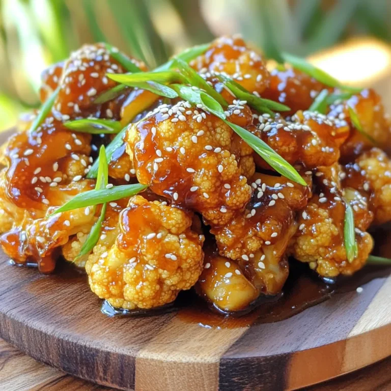 - 1 medium head of cauliflower, cut into florets - 1/2 cup cornstarch - 1 teaspoon garlic powder - 1 teaspoon onion powder - 1/2 teaspoon salt - 1/2 teaspoon black pepper - 1/4 cup vegetable oil (for frying) - 1/4 cup soy sauce - 1/4 cup honey or agave syrup - 2 tablespoons sesame oil - 1 tablespoon rice vinegar - 2 teaspoons freshly grated ginger - 1 tablespoon sesame seeds The base of this dish is the cauliflower. I love using fresh cauliflower florets because they soak up all the flavors. Cornstarch is key. It makes the cauliflower crispy when fried. Seasoning is important, too. Garlic powder, onion powder, salt, and black pepper give it a nice kick. For frying, I use vegetable oil. It needs to be hot for that perfect crunch. The sauce is where the magic happens. Soy sauce adds a salty depth, while honey or agave syrup gives it sweetness. Sesame oil and rice vinegar add richness. Fresh ginger brightens it all up. - Sliced green onions - Additional sesame seeds Garnishes elevate this dish. Sliced green onions add color and freshness. More sesame seeds on top give a nice crunch and nutty flavor. These simple touches make your sticky sesame cauliflower look amazing and taste even better. Start by cutting your cauliflower into bite-sized florets. Place them in a large bowl. Add the cornstarch, garlic powder, onion powder, salt, and black pepper. Toss everything well until each floret is coated. This mix helps create that crispy crust we all love. Now it's time to fry. In a deep skillet, heat the vegetable oil over medium-high heat. Once hot, carefully add the cauliflower in batches. Make sure not to overcrowd the pan. Fry each batch for about 4 to 5 minutes. You're looking for a golden brown color and a crispy texture. Use a slotted spoon to remove the cauliflower and drain it on paper towels. In a small saucepan, combine the soy sauce, honey or agave syrup, sesame oil, rice vinegar, and freshly grated ginger. Heat over low heat. Stir occasionally until the sauce thickens and becomes syrupy. This should take about 3 to 4 minutes. Make sure you keep an eye on it so it doesn’t burn. Once the sauce is ready, add the fried cauliflower to the saucepan. Gently toss it to coat each floret well with the sticky sauce. After that, sprinkle sesame seeds over the coated cauliflower and toss lightly again. Finally, transfer your sticky sesame cauliflower to a serving platter. Add sliced green onions on top for a fresh touch. Enjoy your crispy and flavorful dish! To get crispy cauliflower, start with dry florets. Pat them down with a paper towel. Coat each floret in cornstarch, garlic powder, onion powder, salt, and pepper. This mix helps create a crunchy crust. Fry the cauliflower in hot oil. Use a deep skillet for even cooking. Don't overcrowd the pan; fry in small batches. This way, each piece gets the chance to brown well. Fry for about 4-5 minutes until golden. Want to change the flavor? You can add more spice. Try red pepper flakes for heat. Swap out the soy sauce for tamari to make it gluten-free. You can also play with the sweetness. Use more honey or agave for a sweeter dish. If you enjoy tang, add a splash of lime juice. Fresh herbs, like cilantro, can bring a fresh taste. Not a fan of frying? You can bake the cauliflower. Preheat your oven to 425°F (220°C). Toss the coated florets in a little oil. Spread them on a baking sheet in a single layer. Bake for about 25-30 minutes, flipping halfway through. This method cuts down on oil but still gives you a nice crunch. Both frying and baking are great options. Choose based on your kitchen style and health goals. {{image_2}} You can easily make this dish vegan. Just swap the honey for agave syrup. Agave syrup gives a sweet touch, just like honey. It works well in the sticky sauce and keeps the dish plant-based. This change makes the dish perfect for anyone avoiding animal products. Want a gluten-free version? Use gluten-free soy sauce instead of regular soy sauce. Many brands offer gluten-free soy sauce, so you will have options. This small change ensures everyone can enjoy the dish without worries about gluten. For a complete meal, I love pairing sticky sesame cauliflower with rice or noodles. The rice soaks up the sauce, adding great flavor. Noodles also add a nice texture and make the dish more filling. You can choose your favorite type of rice or noodles to match your taste. To store leftover sticky sesame cauliflower, let it cool down. Place it in an airtight container. Refrigerate it for up to three days. This keeps it fresh and tasty. Avoid stacking the florets too high to prevent squishing. When you’re ready to eat, use the oven or a skillet. For the oven, preheat to 350°F. Spread the cauliflower on a baking sheet. Heat for about 10-15 minutes until warm. This helps keep the crispiness. If using a skillet, add a little oil. Heat on medium until warm and crispy again. You can also freeze sticky sesame cauliflower. First, let it cool completely. Place it in a freezer-safe bag or container. Squeeze out as much air as you can. It can last up to three months in the freezer. When you're ready to eat, thaw it in the fridge overnight. Reheat in the oven or skillet for best results. Yes, you can prep this dish early. To make it ahead, cook the cauliflower and sauce separately. - Store the cauliflower: Let it cool, then place it in an airtight container. It stays fresh in the fridge for 2-3 days. - Prepare the sauce: Store the sauce in a sealed jar. It can last up to a week in the fridge. - Reheat before serving: You can fry the cauliflower again to keep it crispy. Warm the sauce on low heat until hot. Sticky sesame cauliflower pairs well with many dishes. Here are some tasty options: - Steamed rice: White or brown rice adds a nice base. - Noodles: Lo mein or soba noodles work well with the sauce. - Salad: A fresh salad with crunchy veggies balances the dish. - Vegetable stir-fry: Add more veggies like bell peppers or broccoli for color and flavor. You can easily add heat to the sauce. Here are some ideas: - Red pepper flakes: Stir in a pinch or two for a quick kick. - Sriracha: A tablespoon gives a nice, spicy flavor. - Chili paste: Use a teaspoon for a robust heat. - Fresh jalapeños: Dice and mix in for fresh heat and crunch. Feel free to adjust the spice level to match your taste! I covered how to make sticky sesame cauliflower step by step. I shared tips for frying it crispy and creating a tasty sauce. You learned about vegan and gluten-free options. I also explained how to store leftovers to keep them fresh. This dish is fun to make and can fit many diets. Enjoy experimenting with flavors and serving ideas. Dive in and make this delicious dish your own!