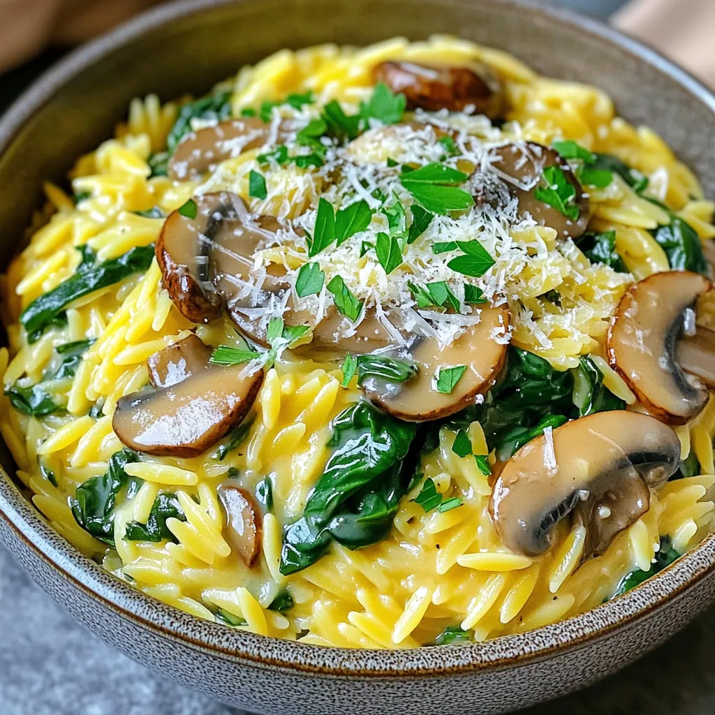 - 1 cup orzo pasta - 1 tablespoon olive oil - 1 small onion, finely chopped - 3 cloves garlic, minced - 8 ounces mushrooms, sliced (e.g., cremini or button mushrooms) - 4 cups fresh spinach - 1 cup vegetable broth - 1 cup heavy cream or coconut cream for a dairy-free option - 1/2 cup grated Parmesan cheese (or nutritional yeast for a vegan option) - Salt and pepper to taste - Fresh parsley, chopped (for garnish) - Large pot for boiling pasta - Stirring spoon - Knife and cutting board - Measuring cups and spoons - Colander for draining pasta - Serving bowls When making creamy mushroom spinach orzo, fresh ingredients shine. Choose firm mushrooms with smooth caps. Avoid any that look slimy or bruised. For spinach, look for vibrant, dark green leaves. They should feel crisp and not wilted. Pick a strong onion with a firm skin. Fresh garlic should smell fragrant and not sprout. Good quality vegetable broth adds depth. If using cream, check for freshness dates. Buy Parmesan in a block for the best flavor. These tips will help you create a tasty, comforting meal. Start by boiling salted water in a large pot. Add 1 cup of orzo pasta to the pot. Cook it until it is al dente, usually about 8-10 minutes. Once done, drain the orzo and set it aside. This step is crucial for a perfect base. In the same pot, heat 1 tablespoon of olive oil over medium heat. Add one small, finely chopped onion. Sauté the onion until it turns translucent, about 3-4 minutes. Next, add 3 minced garlic cloves. Sauté for another minute until fragrant. This mix brings out rich flavors. Now, add 8 ounces of sliced mushrooms to the pot. Cook them until they are browned and have released their moisture, about 5-7 minutes. Stir in 4 cups of fresh spinach and cook for about 2 minutes until it wilts. This mix adds depth and color to your dish. Pour in 1 cup of vegetable broth and bring it to a gentle simmer. Next, add 1 cup of heavy cream, stirring well. Let it simmer for 3-4 minutes until it thickens slightly. Fold in the cooked orzo and 1/2 cup of grated Parmesan cheese. Mix everything until the orzo is creamy and well-coated. Season with salt and pepper to your taste. Remove from heat and garnish with fresh parsley before serving. Enjoy your meal! To make your creamy mushroom spinach orzo extra smooth, use heavy cream. If you want a dairy-free version, coconut cream works well. Mix the cream in slowly over low heat. This helps the sauce thicken without curdling. Stir in the grated Parmesan cheese after adding the cream. This step makes the dish richer and adds a lovely flavor. Always taste and adjust the salt and pepper to your liking. One common mistake is overcooking the orzo. Cook it until it’s al dente for the best texture. If you add it to the sauce too soon, it can become mushy. Another issue is not sautéing the mushrooms long enough. Make sure they are browned before adding other ingredients. This step brings out their best flavor. Lastly, don’t skip the vegetable broth. It adds depth to your sauce. Serve your orzo in warm bowls for a cozy feel. Drizzle a bit of olive oil on top for shine. Sprinkle extra Parmesan or nutritional yeast for a vegan option. You can also add fresh parsley for a pop of color. For a heartier meal, pair the orzo with grilled chicken or a side salad. This dish also works well with crusty bread for dipping. Enjoy this comforting meal with family and friends! {{image_2}} You can easily make this dish vegan. Just swap the heavy cream for coconut cream. This gives a rich, creamy texture without dairy. Use nutritional yeast instead of Parmesan cheese for a cheesy flavor. Don't forget to check the vegetable broth to ensure it’s vegan-friendly. Adding a squeeze of lemon juice brightens the dish and enhances the taste. To make this dish gluten-free, choose gluten-free orzo pasta. Many brands offer delicious options that cook just like regular orzo. You can also use gluten-free rice or quinoa as a base. Be sure to check all other ingredients for gluten, especially broth and seasonings. This way, you keep the creamy goodness without gluten. Want to boost the protein? You can add chicken, tofu, or beans. If using chicken, cook it before adding the onion. Dice it into small pieces for even cooking. For tofu, use firm tofu, drain it, and then sauté until golden. Beans like chickpeas also work great and add fiber. These options make the dish heartier and more filling. To keep your creamy mushroom spinach orzo fresh, let it cool first. Then, place it in an airtight container. Make sure to store it in the fridge. It will stay good for about 3 to 5 days. Label the container with the date. This helps you remember when you made it. When it's time to enjoy your leftovers, take them out of the fridge. Place the orzo in a pot over low heat. Add a splash of vegetable broth or cream to help with moisture. Stir gently until heated through. You can also use a microwave. Just cover the bowl and heat in short bursts. Stir after each burst to avoid hot spots. If you want to save some orzo for later, freezing is a great option. First, cool the dish completely. Then, scoop it into freezer-safe bags or containers. Remove as much air as possible to prevent freezer burn. Label each bag with the date. Your orzo can last up to 2 months in the freezer. When ready to eat, thaw it overnight in the fridge. Reheat as mentioned above for a tasty meal. Yes, you can make this dish ahead of time. Cook the orzo and sauce, then mix them. Store it in the fridge for up to three days. When you are ready to eat, just heat it up. You may need to add a splash of broth or cream to bring back the creaminess. If you don’t have orzo, you can use other small pasta shapes. Try ditalini, couscous, or even quinoa for a different twist. Each option will change the dish's texture a bit, but they will all taste great. To add heat, include red pepper flakes when cooking the onions. You can also toss in some diced jalapeños or a splash of hot sauce at the end. Adjust the spice to your liking, and enjoy the kick! This blog post covered how to make a delicious creamy mushroom spinach orzo dish. We talked about the best ingredients, tools, and tips for picking fresh items. The step-by-step guide made cooking easy, from sautéing to combining flavors. I shared tips for creaminess and common mistakes to avoid. Plus, you learned about variations to fit your taste and dietary needs. I encourage you to try this recipe out. It’s simple, tasty, and perfect for any meal! Enjoy your cooking!