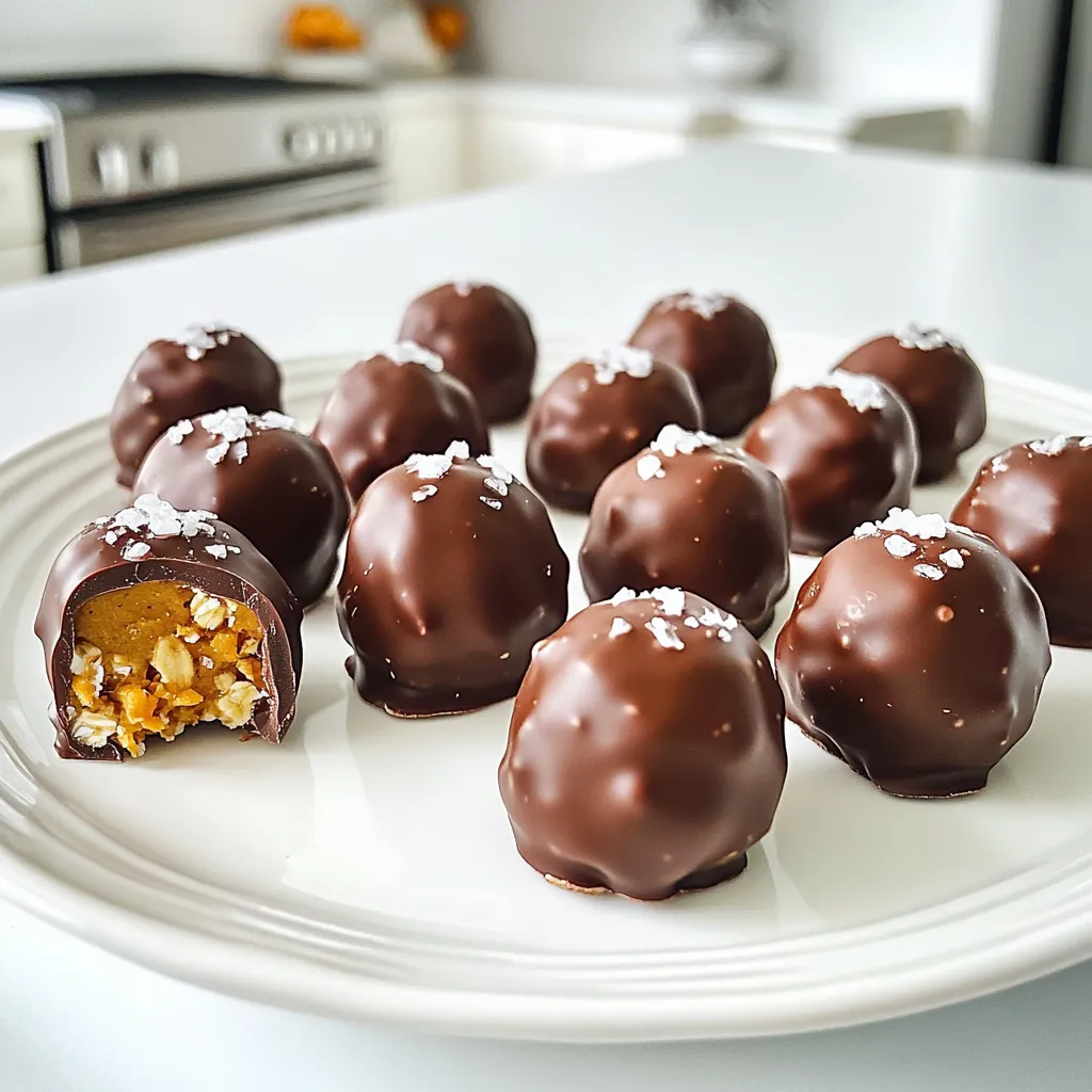 To make delightful no-bake chocolate covered pumpkin bites, you need a few key ingredients. Here’s what you’ll need: - 1 cup canned pumpkin puree - 1 cup almond butter (or any nut butter of choice) - ½ cup maple syrup - 1 teaspoon vanilla extract - 2 cups rolled oats - 1 teaspoon pumpkin pie spice - 1 cup dark chocolate chips (dairy-free, if desired) - 1 tablespoon coconut oil Each ingredient serves a purpose. The canned pumpkin puree gives moisture and flavor. Almond butter adds creaminess and protein. Maple syrup brings natural sweetness, while vanilla extract enhances the flavor. Rolled oats provide texture and heartiness. Pumpkin pie spice adds a warm, cozy taste. Dark chocolate chips offer a rich finish, and coconut oil helps the chocolate melt smoothly. Using these ingredients, you create a delicious treat that is easy and fun to make. These bites are great for snacks or desserts. Make sure you gather everything before you start! First, grab a large mixing bowl. Add 1 cup of canned pumpkin puree, 1 cup of almond butter, ½ cup of maple syrup, and 1 teaspoon of vanilla extract. Stir these until smooth. Make sure everything blends well. Next, add 2 cups of rolled oats, 1 teaspoon of pumpkin pie spice, and a pinch of salt. Mix all these dry ingredients into the wet mixture. Keep stirring until everything is evenly combined. Now, it’s time to shape the mixture. Line a baking sheet with parchment paper. Take small portions of the mixture in your hands. Roll them into bite-sized balls. Each ball should be about the size of a tablespoon. Place these balls on the prepared baking sheet. While the bites chill, let’s melt the chocolate. In a microwave-safe bowl, combine 1 cup of dark chocolate chips with 1 tablespoon of coconut oil. Heat in 30-second intervals. Stir in between each interval until fully melted. Once the pumpkin bites have chilled for about 30 minutes, take them out. Use a fork to dip each bite into the melted chocolate. Allow any extra chocolate to drip off. Place the coated bites back on the baking sheet. If you want, sprinkle a pinch of sea salt or crushed nuts on top. This adds a nice crunch. Finally, put the bites back in the fridge for another 30 minutes. This will let the chocolate set completely. Enjoy your sweet treats! To get smooth chocolate on your bites, start with good chocolate. I recommend using dark chocolate chips and melting them gently. Mix in a bit of coconut oil to help the chocolate coat better. While melting, stir every 30 seconds to avoid burning. Chill the pumpkin bites for 30 minutes after shaping them. This helps firm them up. After dipping, chill again for another 30 minutes. This ensures the chocolate sets nicely. You can swap sweeteners if you want. Try honey or agave instead of maple syrup. For extra flavor, you can add a dash of cinnamon or nutmeg. Mix-ins can make your bites unique. Consider adding chopped nuts or seeds for a crunch. Flaxseeds or sunflower seeds work great. You can even fold in some mini chocolate chips for more sweetness. Serve your pumpkin bites on a colorful plate for an inviting look. Use a wooden board for a rustic touch. Garnish with a sprinkle of cinnamon or place some pumpkin seeds around the bites. This adds color and makes the plate pop. These easy ideas make your bites party-ready! {{image_2}} You can easily adjust this recipe for different diets. For a vegan option, swap the honey for maple syrup. This recipe already uses plant-based ingredients. Use dairy-free chocolate chips for a tasty treat. For gluten-free bites, make sure you use certified gluten-free oats. This small change ensures everyone can enjoy these bites without worry. Adding spices gives your pumpkin bites a fun twist. Try mixing in cinnamon or nutmeg for extra warmth. These spices pair perfectly with pumpkin and chocolate. You can also experiment with different nut butters. Almond butter is great, but peanut butter or cashew butter works well too. Each nut butter brings a unique flavor and texture. Feel free to get creative with seasonal flavors. You can add chai spices for a cozy taste. This adds a nice twist to the classic pumpkin flavor. When it comes to chocolate, you have choices. Use dark chocolate for a rich taste, or try white chocolate for a sweeter bite. Each option creates a different experience, making every batch special. To keep your no-bake chocolate covered pumpkin bites fresh, store them in the fridge. Place them in an airtight container. This keeps them safe from moisture and odors. If you want to save them longer, freezing works too. Use a freezer-safe container or a zip-top bag. Make sure to remove as much air as possible before sealing. In the fridge, these bites last up to one week. If frozen, they can stay good for about three months. Always check for signs of spoilage. Look for changes in color or texture. A bad smell is another red flag. If you notice these signs, it's best to toss them. When you're ready to enjoy your pumpkin bites, let them thaw in the fridge for a few hours. This slow thaw helps keep their texture. If you need them fast, you can leave them at room temperature for about 30 minutes. Avoid using a microwave, as it can make the chocolate soft and messy. Enjoy them chilled, as they taste the best that way! Yes, you can use fresh pumpkin. Fresh pumpkin has a different texture. To prepare it, you must cook the pumpkin first. Cut it in half, remove the seeds, and roast it in the oven until soft. Then, scoop out the flesh and blend it until smooth. This process takes more time but can enhance the flavor. To make these bites healthier, you can reduce the maple syrup. Try using just 1/4 cup instead of 1/2 cup. You can also swap almond butter for a lower-fat nut butter. Using rolled oats with less sugar can also help. Adding chia seeds instead of chocolate chips will add fiber and nutrients. Yes, there are nut-free alternatives. Instead of almond butter, use sunflower seed butter. This option keeps the recipe nut-free and still creamy. You can also use soy nut butter if you prefer. Both options work well and maintain the taste and texture. Absolutely! Kids can help with many tasks. They can mix the ingredients in a bowl. Rolling the mixture into balls is fun for them too. Older kids can help melt the chocolate in the microwave. Just make sure they have adult supervision when using heat. This is a great way to bond and have fun in the kitchen. This post covered how to make delicious pumpkin bites. We discussed key ingredients and how to prepare, shape, and dip them. I shared tips for perfecting your bites and how to customize them. Variations cater to different diets or flavors, making them fun. Finally, we went over the best ways to store your bites. I hope you enjoy making these treats. You can create your own riffs on them!