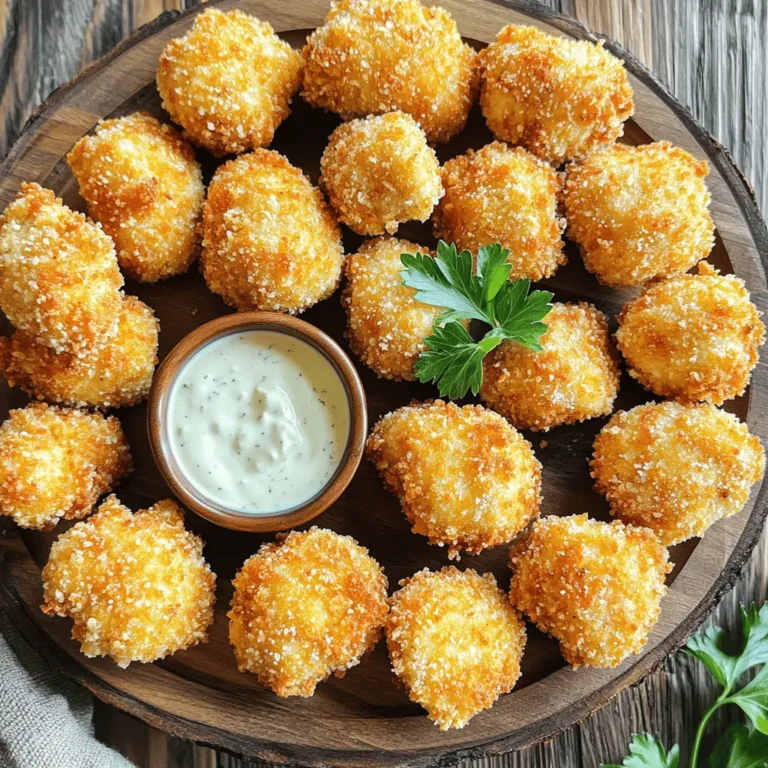 To make tasty Air Fryer Ranch Chicken Nuggets, you need the following main ingredients: - 1 lb chicken breast, cut into bite-sized pieces - 1 cup buttermilk - 1/2 cup ranch dressing - 1 cup breadcrumbs (panko for extra crunch) - 1/2 cup grated Parmesan cheese - 1 teaspoon garlic powder - 1 teaspoon onion powder - 1 teaspoon paprika - Salt and pepper to taste - Cooking spray These ingredients bring great flavor and texture to your nuggets. The chicken provides protein, while the buttermilk and ranch dressing keep the meat juicy and flavorful. You can add more flavors to your nuggets. Here are some optional ingredients: - Fresh herbs like parsley or dill - Hot sauce for a spicy kick - Lemon zest for brightness - Smoked paprika for a deeper flavor These extras can enhance the taste and make your nuggets unique. Feel free to mix and match! If you have dietary needs or preferences, you can swap some ingredients: - Use almond milk or oat milk instead of buttermilk for a dairy-free option. - Swap chicken breast for turkey or tofu for a plant-based choice. - Use gluten-free breadcrumbs if you follow a gluten-free diet. These substitutions allow everyone to enjoy these delicious nuggets. Adjust the recipe to fit your needs while keeping it tasty! First, gather your chicken breast and cut it into bite-sized pieces. This makes it easy to eat. In a bowl, mix one cup of buttermilk with half a cup of ranch dressing. This mixture adds flavor and keeps the chicken juicy. Add the chicken pieces and make sure they are fully covered. Cover the bowl and place it in the fridge. Let it marinate for at least 30 minutes. For more flavor, you can let it sit overnight. While the chicken marinates, prepare the coating. In another bowl, mix one cup of breadcrumbs with half a cup of grated Parmesan cheese. Add one teaspoon each of garlic powder, onion powder, paprika, salt, and pepper. Mix well so that all the spices blend together. After the chicken has marinated, take it out of the fridge. Let the extra buttermilk drip off. Dip each piece into the breadcrumb mixture. Press down gently to make sure each nugget is well coated. Now, it's time to cook! Preheat your air fryer to 400°F (200°C) for about five minutes. Once ready, place the coated chicken nuggets in a single layer in the air fryer basket. Make sure they are not crowded. Lightly spray the nuggets with cooking spray. This helps them get extra crispy. Cook the chicken nuggets for 10 to 12 minutes. Flip them halfway through cooking for even browning. The nuggets are done when they turn golden brown and reach an internal temperature of 165°F (74°C). After cooking, let the nuggets rest for a couple of minutes. Enjoy them with ranch dressing for dipping! To get your chicken nuggets crispy, use panko breadcrumbs. They add a nice crunch. Make sure to spray them with cooking spray before cooking. This helps them brown beautifully. Also, don’t overcrowd the air fryer basket. Give each nugget space to cook evenly. Flip the nuggets halfway through cooking for even crisping. Marinating the chicken in buttermilk and ranch dressing is key. It makes the chicken juicy and tasty. Let it sit for at least 30 minutes. For the best flavor, marinate overnight. The longer the chicken sits, the more flavor it absorbs. This step is simple but makes a big difference in taste. These nuggets shine with ranch dressing. You can also try honey mustard or barbecue sauce. They add a sweet or spicy kick. If you want something different, try a spicy aioli. It’s easy to make with mayo, garlic, and hot sauce. These dips enhance the flavor and make each bite more fun! {{image_2}} You can change up the flavors of your chicken nuggets. Instead of just garlic and onion powder, try adding cumin or chili powder for a kick. You might like to mix in some Italian herbs like basil and oregano. These spices add depth and make every bite exciting. Experiment with what you have on hand to find your favorite mix. If you're not in the mood for chicken, you can use turkey or pork. Both work well and taste great when marinated. Cut the meat into similar bite-sized pieces as chicken. You’ll get a different flavor, but the cooking method stays the same. You can even try plant-based chicken nuggets for a vegetarian option. To make these nuggets gluten-free, use gluten-free breadcrumbs. There are many brands available that taste just as good. For a low-carb version, replace breadcrumbs with crushed pork rinds. This gives you a crunchy coating without the carbs. Both options keep your nuggets crispy and tasty. To store your leftover chicken nuggets, place them in an airtight container. Make sure they are cool before sealing. You can keep them in the fridge for up to three days. This will help maintain their taste and texture. If you want to enjoy them longer, consider freezing. To reheat chicken nuggets, use the air fryer for the best results. Preheat it to 375°F (190°C). Place the nuggets in the basket for about 5-7 minutes. Flip them halfway through for even crispiness. You can also use an oven set to 375°F (190°C). This method will help keep the nuggets crunchy. To freeze chicken nuggets, first, let them cool completely. Then, arrange them in a single layer on a baking sheet. Freeze them for 1-2 hours until firm. After that, transfer them to a freezer-safe bag. Remove as much air as possible to prevent freezer burn. They can last up to three months in the freezer. Yes, you can bake these chicken nuggets. Preheat your oven to 400°F (200°C). Place the coated nuggets on a baking sheet lined with parchment paper. Bake for about 15-20 minutes, flipping halfway, until they are golden brown and cooked through. The air fryer gives a crispier finish, but baking works well too. You can store cooked chicken nuggets in the fridge for up to 3 days. Make sure to place them in an airtight container to keep them fresh. If you want them to last longer, you can freeze them. These chicken nuggets pair great with ranch dressing for dipping. You can also serve them with fresh veggies, like carrot sticks or cucumber slices. Adding a side of fries or a simple salad can make it a full meal. Air Fryer Ranch Chicken Nuggets are easy to make and taste great. We covered the main ingredients, optional flavors, and substitutions. I shared step-by-step instructions to ensure your nuggets cook perfectly. With tips for crispiness, marinating, and sauces, you can elevate your dish. We also explored delicious variations and storage info for leftovers. Don't forget that freezing can save you time later. Enjoy these nuggets anytime, knowing they are fun and simple to prepare!