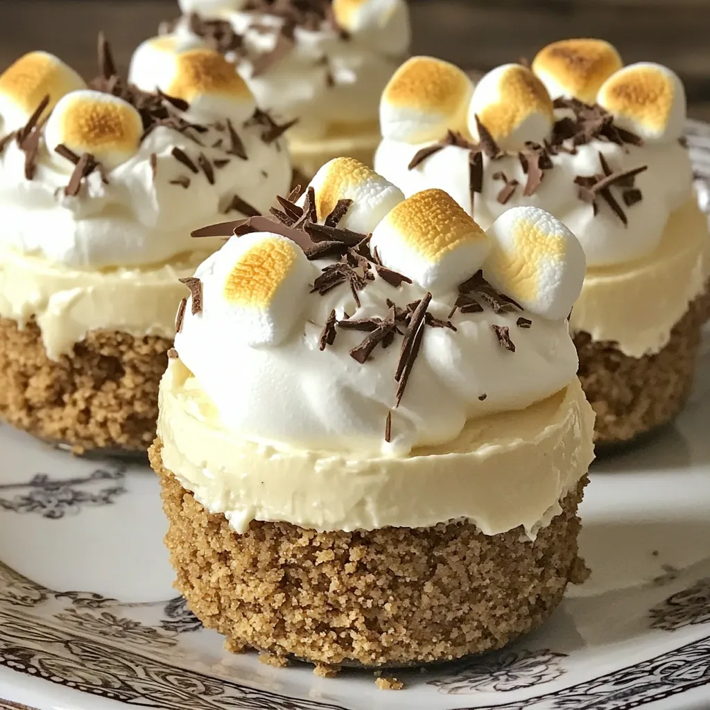 To make these easy and tasty cheesecake cups, you will need: - 1 cup graham cracker crumbs - 4 tablespoons unsalted butter, melted - 1 cup cream cheese, softened - 1/2 cup powdered sugar - 1 cup whipped cream (or whipped topping) - 1 teaspoon vanilla extract - 1/2 cup mini marshmallows - 1/2 cup chocolate chips These main ingredients create a rich and creamy filling with a crunchy base. You will also need some common kitchen tools: - Mixing bowls - A spoon or spatula - A whisk or electric mixer - Serving cups or glasses - A refrigerator Having these tools ready will help you make the process smooth and fun. To make your cheesecake cups even more special, consider adding: - Extra mini marshmallows - Chocolate shavings These toppings will give your dessert a lovely look and extra flavor. You can even toast the marshmallows for a fun twist! First, grab a medium bowl. Add 1 cup of graham cracker crumbs to the bowl. Next, pour in 4 tablespoons of melted butter. Mix until it feels like wet sand. This mixture is your crust. Now, take your serving cups. Divide the graham cracker mix evenly among them. Press it down firmly to form a solid base. Place the cups in the fridge to chill while you make the filling. In a clean mixing bowl, add 1 cup of softened cream cheese. Beat it until it is smooth. Then, add 1/2 cup of powdered sugar. Also, mix in 1 teaspoon of vanilla extract. Blend until all is well combined. Now, gently fold in 1 cup of whipped cream. Keep mixing until no white streaks remain. Stir in 1/2 cup of mini marshmallows and 1/2 cup of chocolate chips. This filling will be fluffy and sweet. Take your chilled cups out of the fridge. Spoon the cheesecake filling over the graham cracker crust. Smooth the top with a spatula. Once done, place the cups back in the fridge. Chill them for at least 2 hours. This helps the cheesecake set properly. Before serving, you can toast some extra mini marshmallows on top. Use a kitchen torch or a broiler for a few seconds. Finish with chocolate shavings for a nice touch. Enjoy your delicious dessert! To get the best texture, use softened cream cheese. Cold cream cheese will lead to lumps. Beat your cream cheese until it is very smooth. This step is key. Mix in the powdered sugar slowly. This helps avoid graininess. Gently fold in the whipped cream. Do not stir too hard; you want it light and airy. Chill your cups for at least two hours. This helps the cheesecake set well. If you can, leave them overnight. The longer they chill, the better they taste. Make sure your fridge is cold. A colder temperature helps with the setting process. You can toast mini marshmallows in a few fun ways. Use a kitchen torch for a quick and easy method. Hold the torch about six inches away from the marshmallows. Move it in circles to get an even toast. If you don’t have a torch, broil them in the oven. Place them on a baking sheet and watch closely. They can burn fast! {{image_2}} If you love chocolate, this version is for you. Use chocolate graham crackers for the crust. This will add a deep chocolate flavor. You can also add more chocolate chips to the filling. Top it off with chocolate sauce for extra sweetness. This version is a dream for chocolate fans. If you have nut allergies, you can still enjoy these cups. You can make the crust with regular graham crackers. Just check the label to ensure they are nut-free. For the filling, use dairy cream cheese and whipped cream. This way, you get all the taste without any nuts. To make a vegan version, swap out the cream cheese and whipped cream. Use a vegan cream cheese and coconut whipped cream instead. For the crust, use vegan graham crackers. You can also add a bit of maple syrup for sweetness. This way, everyone can enjoy your tasty dessert. Feel free to mix and match these ideas. Each variation offers a fun twist on a classic treat! To keep your No Bake S'mores Cheesecake Cups fresh, cover them tightly. Use plastic wrap or a lid on your container. This prevents air from entering. Store them in the fridge for up to three days. If you want to save them longer, consider freezing them. Just make sure to use freezer-safe containers. Keep the cheesecake cups away from strong-smelling foods in the fridge. They can absorb odors easily. Always check the cups before serving. If you notice any signs of spoilage, skip eating them. If you're topping them before serving, do that just before. This keeps the marshmallows and chocolate shavings fresh and tasty. These cheesecake cups are best served cold. Reheating is not needed and not recommended. If you want warm chocolate, you can microwave chocolate chips separately. Pour the melted chocolate on top when ready to serve. Enjoy the delicious mix of cold cheesecake and warm chocolate! You can keep these cheesecake cups in the fridge for up to five days. Make sure to cover them tightly with plastic wrap or a lid. This keeps them fresh and tasty. If you want them to last longer, consider freezing them. Just note that the texture may change a bit after thawing. Yes, you can substitute some ingredients. If you want a lighter option, try Greek yogurt instead of cream cheese. For a dairy-free choice, use a dairy-free cream cheese. You can also replace whipped cream with coconut whipped cream. Just make sure any replacements still taste good with the other flavors. Serve these cheesecake cups chilled for the best taste. Place them on a nice platter for a fun look. You can add extra mini marshmallows on top for a cute touch. For an interactive twist, add a mini skewer with a marshmallow for guests to toast. This brings the campfire feel right to your table! You can make delicious No Bake S'mores Cheesecake Cups using simple ingredients. I shared how to create the perfect graham cracker crust and creamy filling. You can add fun toppings or variations to suit your taste. Remember to chill them to achieve a smooth texture. Proper storage keeps them fresh for longer. Enjoy this easy treat with friends and family. You now have the tools to impress anyone with this tasty dessert!