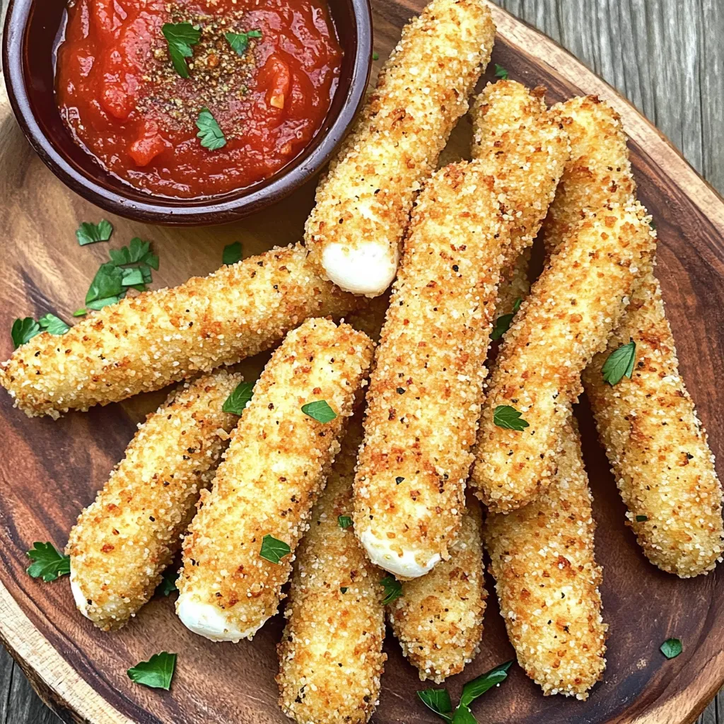 - 12 mozzarella cheese sticks - 1 cup all-purpose flour - 2 large eggs, beaten - 1 cup breadcrumbs (preferably panko for extra crunch) - 1 teaspoon garlic powder - 1 teaspoon Italian seasoning - Salt and pepper to taste - Cooking spray To make these amazing air fryer mozzarella sticks, you need simple ingredients. The main star is the mozzarella cheese sticks. I recommend using string cheese, as it melts perfectly. Next, gather your dry ingredients. You will need all-purpose flour, breadcrumbs, garlic powder, and Italian seasoning. The panko breadcrumbs give a great crunch. For the wet ingredients, just use two large eggs. Beat them well for easy coating. Don't forget to season with salt and pepper for extra flavor. Lastly, you will need some cooking spray. This helps the sticks crisp up in the air fryer. This list keeps it easy and fun. With these ingredients, you are on your way to a delicious snack. Enjoy! Start by cutting each mozzarella stick in half. You’ll have 24 shorter sticks. Place them on a plate and freeze them for at least 30 minutes. Freezing helps the cheese hold its shape while cooking. Next, set up your breading station. Use three shallow dishes: one for flour mixed with salt and pepper, one for beaten eggs, and one for breadcrumbs combined with garlic powder and Italian seasoning. Now, let’s bread those cheese sticks! First, take a frozen mozzarella stick and coat it in the flour. Shake off any extra flour. Next, dip it into the beaten eggs. Make sure it’s fully covered in egg. Finally, roll the stick in the breadcrumb mixture. Press gently to help the crumbs stick. Repeat this for all the cheese sticks. Before you cook, preheat your air fryer to 400°F (200°C). Lightly spray the air fryer basket with cooking spray. Arrange the breaded mozzarella sticks in a single layer. Leave space between them for even cooking. Spray the tops of the sticks lightly with cooking spray for extra crispiness. Air fry the sticks for about 6-8 minutes. Flip them halfway through. Look for a golden brown color to know they are done. Once cooked, remove the sticks and let them cool slightly. Enjoy! Freezing the mozzarella sticks is key. It helps the cheese keep its shape during cooking. I freeze them for at least 30 minutes. This step makes a big difference! Using panko breadcrumbs is another secret for extra crunch. These breadcrumbs are lighter and crispier than regular ones. They give your mozzarella sticks a great texture. Different air fryers can cook differently. You may need to adjust the temperature or time a bit. I suggest starting at 400°F. If your air fryer runs hot, check the sticks sooner. Always check for doneness by looking for a golden color. The cheese should be melty inside. If they look too brown, take them out quickly to avoid burning. Marinara sauce is the best dip for these cheesy sticks. It adds a nice tang and flavor. You can also try ranch or spicy sauces for a twist. For a pretty touch, sprinkle some extra Italian seasoning or fresh parsley on top. It makes your dish look more inviting. Presenting them nicely makes the snack even more fun! {{image_2}} You can mix up the flavor of your mozzarella sticks easily. Start by adding spices to your breadcrumbs. Try chili powder for a kick or paprika for some warmth. You can also use garlic powder, just like in the recipe. This adds a nice depth of flavor. Incorporating herbs is another fun way to enhance taste. Fresh basil or oregano work great. Just chop them finely and mix them into the breadcrumbs. This adds a fresh and aromatic touch to each bite. Experimenting with spices and herbs can make your snacks more exciting. While mozzarella sticks are classic, you can switch up the cheese. Use pepper jack for a spicy twist or cheddar for a sharper taste. You can even use string cheese with different flavors, like garlic or herb-infused varieties. For those who prefer plant-based options, vegan cheese sticks are available. Look for brands that melt well. These options can offer great taste without dairy. This way, everyone can enjoy crispy cheese sticks, no matter their diet. Dipping sauce can take your mozzarella sticks to the next level. Marinara is traditional, but you can try other sauces too. Buffalo sauce adds heat, while honey mustard gives a sweet twist. Both pair well with crispy sticks. Get creative with your dips! Try ranch dressing for a creamy option or even a spicy aioli for a gourmet touch. You can even mix sauces, like ranch and buffalo, for a unique flavor. The right dip can make your snack even more fun to eat. After you finish your crispy air fryer mozzarella sticks, store any leftovers in the fridge. Place them in an airtight container. This keeps them fresh and prevents them from getting soggy. Make sure to eat them within three days for the best taste. To reheat your mozzarella sticks, use the air fryer. Set it to 350°F (175°C). Heat the sticks for about 3-4 minutes. This keeps them crispy. If you don’t have an air fryer, you can use the oven. Preheat it to 375°F (190°C) and bake for about 5-7 minutes. Watch them closely to avoid burning. You can freeze uncooked mozzarella sticks for later. After breading, place them in a single layer on a baking sheet. Freeze them for about 1 hour. Once frozen, transfer them to a freezer bag. This way, they stay fresh for about three months. When you are ready to cook, simply thaw them in the fridge overnight. Then, cook them straight from the fridge or add a few minutes to the air frying time if cooking from frozen. Enjoy your snacks anytime! You should freeze the mozzarella sticks for at least 30 minutes. This helps keep their shape while cooking. If you freeze them longer, that’s fine too. Just make sure they are firm but not rock solid. Yes, you can make them without breadcrumbs. Try using crushed cornflakes or ground nuts as a coating. These options add crunch and flavor. You could also skip the breading and just air fry the cheese sticks for a simpler snack. If cheese oozes out, try a few tricks. First, ensure your mozzarella sticks are well-frozen before cooking. Second, don’t overcrowd the air fryer basket; this allows hot air to circulate. Lastly, consider lowering the cooking temperature slightly to help the cheese melt slower. To make them gluten-free, use gluten-free flour and breadcrumbs. Almond flour or rice flour work well as substitutes. For breadcrumbs, look for a gluten-free brand or make your own by grinding gluten-free crackers. This way, you can enjoy the crispy goodness without gluten. In this blog, we explored how to make crispy air fryer mozzarella sticks. We covered essential ingredients, step-by-step instructions, and helpful tips to ensure success. I shared various flavors, cheese options, and great dipping sauces. For storing leftovers, we provided easy methods for refrigeration and reheating. Making these snacks can be fun, fast, and delicious. Get ready to impress your friends and family with your tasty creations! Enjoy every bite and happy cooking!