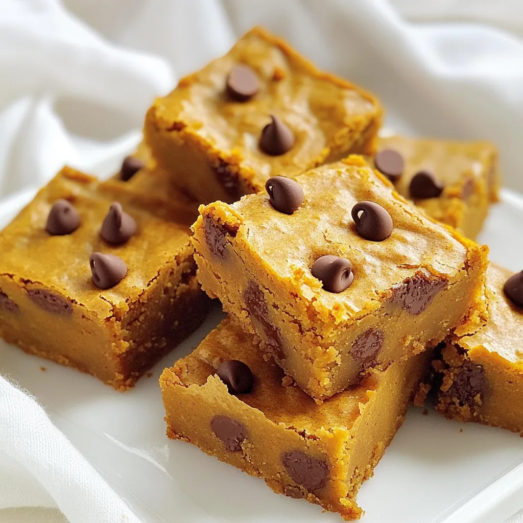 To make pumpkin chocolate chip blondies, gather these key ingredients: - 1 cup pumpkin puree - 1/2 cup unsalted butter, melted - 1 cup brown sugar - 1/2 cup granulated sugar - 2 large eggs - 1 teaspoon vanilla extract - 1 1/2 cups all-purpose flour - 1 teaspoon baking powder - 1/2 teaspoon baking soda - 1/2 teaspoon salt - 1 teaspoon ground cinnamon - 1/2 teaspoon ground nutmeg - 1 cup semi-sweet chocolate chips These ingredients blend together to create a rich, moist treat. If you have dietary needs, these swaps work well: - Butter: Use coconut oil or dairy-free butter for a vegan version. - Eggs: Replace each egg with 1/4 cup of applesauce or a flax egg. - Flour: Choose gluten-free flour for a gluten-free option. - Sugars: Use coconut sugar or a sugar substitute for a healthier option. These substitutions keep the flavor strong while meeting dietary needs. Selecting fresh and high-quality ingredients makes a big difference. Here are some tips: - Pumpkin Puree: Use canned puree without additives. Check for organic options. - Butter: Choose unsalted butter for better control of salt levels. - Chocolate Chips: Go for high-quality semi-sweet chips for the best taste. - Spices: Fresh spices enhance flavor. Check expiration dates for best results. Quality ingredients lead to better tasting blondies. Enjoy your baking! Start by preheating your oven to 350°F (175°C). This step is key for even baking. Next, take a 9x13-inch baking pan. You can grease it with butter or use parchment paper. Parchment makes it easy to lift out the blondies. In a large bowl, add the melted butter, pumpkin puree, brown sugar, and granulated sugar. Mix them well until fully combined. This blend creates a rich base for your blondies. Then, crack in two large eggs and add the vanilla extract. Stir until the mixture is smooth and creamy. This is the heart of your blondies! Grab another bowl and whisk together the flour, baking powder, baking soda, salt, cinnamon, and nutmeg. This step is important for even flavor and texture. Make sure there are no lumps in the dry mixture. Once done, you will have a fragrant blend that brings warmth to your blondies. Now, gradually mix the dry ingredients into the wet mixture. Use a spatula to fold gently. Be careful not to overmix; this keeps your blondies soft. After that, it’s time to add the semi-sweet chocolate chips. Fold them in until they are evenly distributed. You want every bite to have chocolate! Pour the batter into your prepared baking pan. Spread it out evenly for uniform baking. Place it in the preheated oven and bake for 25-30 minutes. To test for doneness, insert a toothpick into the center. It should come out clean, with just a few moist crumbs. Once baked, let the blondies cool in the pan for about 10 minutes. This makes cutting easier. Then, transfer them to a wire rack to cool completely. Enjoy your tasty treat! To get the best texture in your blondies, mix the wet and dry ingredients well. Do not overmix the batter. This keeps your blondies soft and chewy. The right balance of pumpkin puree and butter adds to the moistness. Make sure your butter is melted, but not too hot. This helps blend the sugars smoothly. To keep your blondies fresh, store them in an airtight container. This will prevent them from drying out. You can keep them at room temperature for up to three days. If you want to save them longer, put them in the fridge. Just remember to let them cool completely before storing. These blondies are great on their own, but you can make them even better. Serve them warm with a scoop of vanilla ice cream. The cold ice cream melts slightly on the warm blondies, creating a perfect treat. You can also add a drizzle of caramel sauce or a sprinkle of sea salt for an extra burst of flavor. Enjoy them with a warm cup of coffee or a fall-inspired chai tea to complete your cozy experience. {{image_2}} You can make these blondies even more fun by adding nuts or seeds. I love adding chopped walnuts or pecans. They add a nice crunch and flavor. You can also use sunflower seeds or pumpkin seeds for a twist. Just mix in about half a cup with the chocolate chips. You will enjoy the extra texture in every bite. If you want a spicy kick, try adding ground ginger or cloves. Both spices pair well with pumpkin. Just add one teaspoon of ground ginger or half a teaspoon of ground cloves to the dry mix. This change will give your blondies a warm and cozy taste. They will be perfect for chilly fall days. You can easily make these blondies gluten-free. Use a gluten-free flour blend instead of all-purpose flour. Look for blends that work well in baking. You may need to adjust the amount of baking powder slightly. Adding one teaspoon of xanthan gum can also help with the texture. This way, everyone can enjoy your delicious pumpkin chocolate chip blondies! You can store your pumpkin chocolate chip blondies at room temperature. Place them in an airtight container. This keeps them fresh for about three days. If you like them warm, just pop them in the microwave for a few seconds before serving. If you want them to last longer, refrigerate the blondies. Wrap them tightly in plastic wrap or foil. Place them in an airtight container to avoid drying out. They stay good in the fridge for up to a week. Chilling also enhances the flavors, making them even tastier! Freezing is a great option for long-term storage. Cut the blondies into squares. Wrap each piece in plastic wrap, then place them in a freezer bag. Squeeze out the air to prevent freezer burn. They can last up to three months in the freezer. When ready to eat, thaw them in the fridge or microwave for a quick treat. Yes, you can use fresh pumpkin. Just cook the pumpkin until soft. Then, mash it well. You need 1 cup of pumpkin puree. This will give your blondies a fresh taste. Just make sure to remove any excess water. Check the blondies at 25 minutes. Insert a toothpick in the center. If it comes out clean or with a few crumbs, they are done. If there’s wet batter, bake a bit longer. Keep an eye on them. Overbaking can make them dry. You can use applesauce as an egg substitute. Use 1/4 cup of unsweetened applesauce for each egg. This keeps the blondies moist. You can also use flaxseed meal. Mix 1 tablespoon of flaxseed with 2.5 tablespoons of water. Let it sit for a few minutes until it thickens. This blog post covered everything you need to make delicious blondies. We began with essential ingredients, exploring options for dietary needs. I shared tips on choosing quality items and detailed step-by-step baking instructions. You learned variations to try, smart storage tips, and answers to common questions. In short, baking blondies can be fun and easy. Experiment with flavors and enjoy your creation! Trust your skills and get baking today!