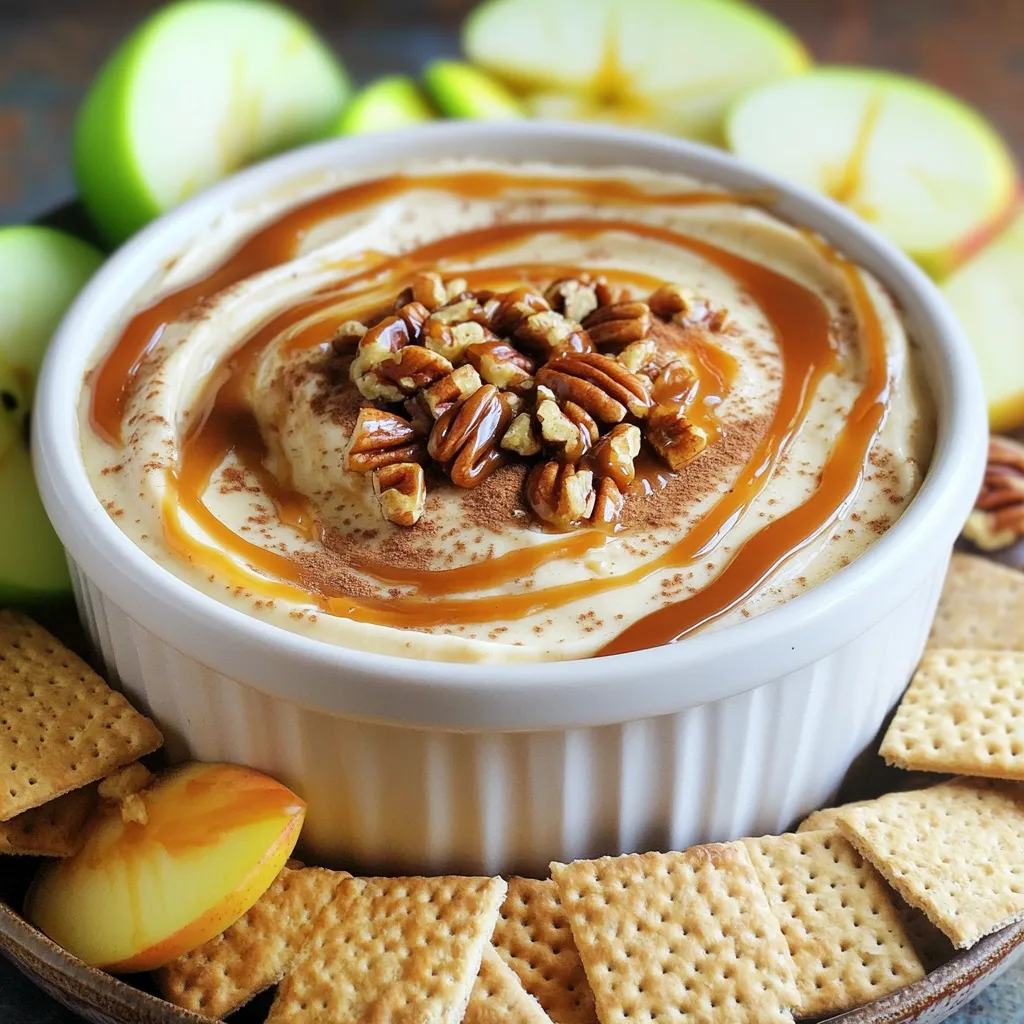 - 8 oz cream cheese, softened - 1/2 cup powdered sugar - 1 tsp vanilla extract - 1/2 cup caramel sauce (store-bought or homemade) - 1/2 cup apple pie filling (or diced fresh apples) - 1/4 tsp cinnamon - 1/2 cup chopped pecans (optional) - Dipping suggestions: sliced apples, graham crackers, pretzels To make this dip, you need simple and tasty items. Start with 8 ounces of cream cheese. Make sure it’s soft. This helps it mix well. Next, grab half a cup of powdered sugar. This adds sweetness. You also need a teaspoon of vanilla extract for flavor. Caramel sauce is key. Use half a cup, either store-bought or homemade. For a fruity touch, include apple pie filling. You can also use diced fresh apples. Add a pinch of cinnamon for warmth. If you love nuts, chop some pecans. This step is optional but adds crunch. Finally, think about what to dip. Sliced apples, graham crackers, or pretzels work great. Each option brings a different taste and texture to the dip. - Step 1: Beat cream cheese First, take your softened cream cheese. Place it in a mixing bowl. Use an electric mixer to beat it until it is creamy and smooth. - Step 2: Incorporate powdered sugar and vanilla Next, gradually add the powdered sugar. Pour in the vanilla extract too. Mix until it is fully combined and fluffy. - Step 3: Fold in caramel sauce Now, fold in the caramel sauce. Save a little for drizzling later. Make sure it blends well with the cream mixture. - Step 4: Add apple filling and cinnamon After that, add the apple pie filling. If you prefer, you can use diced fresh apples. Sprinkle in the cinnamon and gently fold it in. - Step 5: Mix in pecans (if using) If you like pecans, now is the time to add them. Fold them into the dip for extra crunch and flavor. - Step 6: Transfer to serving bowl and drizzle caramel Next, transfer the dip to a serving bowl. Drizzle the reserved caramel sauce on top to make it look nice. - Step 7: Serve with dipping options Finally, serve this dip with sliced apples, graham crackers, or pretzels. They all make great dippers for this tasty treat. - Ensure cream cheese is fully softened: Soft cream cheese mixes well. Cold cream cheese makes lumps. Leave it out for an hour before mixing. - Reserve extra caramel for drizzling: Save some caramel for later. This adds a nice touch on top. A drizzle makes the dip look fancy. - Use fresh apples for a brighter flavor: Fresh apples taste crisp and sweet. They make the dip fresh and lively. Choose a mix of sweet and tart apples for best taste. - Perfect pairings for dipping: Sliced apples are a classic choice. Graham crackers add a nice crunch. Pretzels bring a salty twist to the sweet dip. - Ideas for presentation: Use a colorful bowl to serve the dip. Arrange the dippers around the bowl. This makes it look inviting and fun. - Recommended occasions to serve: This dip is great for parties or game days. Serve it at holidays or family gatherings. Kids love it, and adults do too! {{image_2}} You can have fun with this dip by trying different flavors. Here are a few ideas: - Pumpkin Cheesecake Style: Add 1/2 cup of pumpkin puree and 1 tsp of pumpkin spice. This gives a warm, fall flavor. It pairs great with sliced apples. - Chocolate Caramel Apple Dip: Mix in 1/4 cup of cocoa powder or chocolate syrup. This adds a rich, sweet taste. It’s perfect for chocolate lovers. - Nut-free options: Skip the pecans or replace them with seeds. Sunflower seeds work well and add a nice crunch without the nuts. If you have dietary needs, you can still enjoy this dip. Here are some options: - Gluten-free alternatives: Use gluten-free graham crackers or pretzels for dipping. You can also serve with fresh fruit for a healthy option. - Vegan options for cream cheese: Swap the cream cheese for a vegan cream cheese alternative. There are many choices available in stores now. This makes the dip plant-based and just as tasty. To keep your caramel apple cheesecake dip fresh, place it in an airtight container. This helps prevent the dip from drying out. Store it in the fridge for up to three days. If you notice any change in color or texture, it's best to discard it. You can freeze the dip, but it may change in texture. To freeze, place it in a freezer-safe container, leaving space for expansion. To thaw, move it to the fridge overnight. Stir well before serving to bring back its creamy consistency. Yes, you can use different cheeses. Cream cheese creates a smooth base. You can mix in mascarpone for a richer taste. Ricotta can work, too, but it may change the texture. To make caramel sauce, you need sugar, butter, and cream. Cook sugar in a pot until it melts and turns golden. Stir in butter and cream until smooth. Let it cool before using. Sliced apples are the best choice for this dip. They add a sweet and crisp bite. Pears and strawberries also work well. Pretzels and graham crackers add a nice crunch, too. This dip takes just 10 minutes to prepare. It is quick and easy! You can whip it up for a surprise snack or party treat. Yes, you can make this dip ahead. Store it in the fridge for up to two days. Just remember to cover it well. Add a caramel drizzle right before serving to keep it fresh. We explored a delicious dip that combines cream cheese, caramel, and apples. You learned step-by-step how to make it and personalize it with flavors like pumpkin or chocolate. Remember to use fresh ingredients and serve with fun dippers. Store leftovers properly to keep them tasty. This dip is great for any gathering, making moments more special. Try it at your next event and enjoy its sweet, creamy goodness!