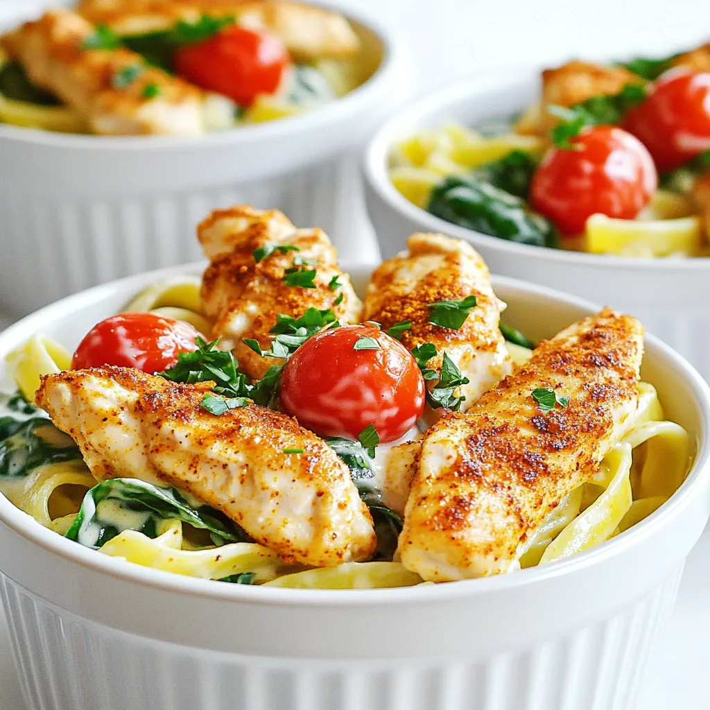 - 1 lb chicken breast, sliced into strips - 2 tablespoons Cajun seasoning - 2 tablespoons olive oil - 3 cups chicken broth - 8 oz fettuccine pasta - 1 cup heavy cream - 1 cup grated Parmesan cheese - 1 cup cherry tomatoes, halved - 2 cups fresh spinach - 2 cloves garlic, minced - Salt and pepper - Fresh parsley You need to gather your main ingredients first. Start with 1 pound of chicken breast. Slice it into strips for even cooking. Cajun seasoning brings the heat, so grab 2 tablespoons of that too. You will also need 2 tablespoons of olive oil for cooking. Next, get 3 cups of chicken broth. This broth is key for flavor and helps cook the pasta. You will need 8 ounces of fettuccine pasta for that classic Alfredo texture. For creaminess, have 1 cup of heavy cream and 1 cup of grated Parmesan cheese ready. The cheese adds a rich taste. Don’t forget 1 cup of cherry tomatoes, halved, for some sweetness. You will also need 2 cups of fresh spinach for color and nutrition. Lastly, grab 2 cloves of garlic, minced, for that delicious aroma. For seasoning, have salt and pepper to taste. Chop fresh parsley for a nice garnish. With all these ingredients, you are ready to create a Cajun Chicken Alfredo One Pot delight! - In a bowl, take the chicken strips. - Sprinkle Cajun seasoning over them. - Mix well to coat every piece. - Heat olive oil in a large pot. - Add the chicken strips to the pot. - Cook until they are browned, about 5-7 minutes. - Make sure they are cooked through. - Remove the chicken from the pot and set aside. - In the same pot, add minced garlic. - Sauté for about 1 minute until it smells good. - Pour in 3 cups of chicken broth and bring to a boil. - Add 8 oz of fettuccine pasta to the pot. - Cook the pasta according to package directions. - Stir occasionally until the pasta is al dente. - Lower the heat after the pasta cooks. - Stir in 1 cup of heavy cream. - Add 1 cup of grated Parmesan cheese. - Mix until it turns creamy and smooth. - Add the cooked chicken back to the pot. - Toss in 1 cup of halved cherry tomatoes. - Add 2 cups of fresh spinach. - Stir until the spinach wilts down, about 2-3 minutes. - Taste and add salt and pepper as needed. - Turn off the heat and let it sit for a few minutes. - To ensure chicken is cooked through, use a meat thermometer. Aim for 165°F. Cut into a piece to check for no pink inside. - For perfect pasta, cook the fettuccine until it is al dente. Stir often to prevent sticking. Follow the package instructions closely for timing. - Serve the dish in deep bowls for a nice look. Add fresh parsley on top for color. A sprinkle of extra Parmesan cheese makes it even better. - Pair this meal with a crisp green salad. A side of garlic bread also goes well. These options balance the rich flavors of the dish. {{image_2}} You can change up the protein in this dish. Try shrimp instead of chicken. Shrimp cooks quickly and adds a nice touch. If you want a vegetarian option, use tofu. Just make sure to press the tofu first. You can also swap out some vegetables. Instead of spinach, try kale or broccoli. They add great color and nutrients. You can even use bell peppers for a sweet crunch. Cherry tomatoes can be replaced with zucchini or mushrooms. These swaps keep the dish fresh and fun. Want to boost the flavor? Add more spices. A pinch of cayenne pepper can add heat. You can also mix in some Italian herbs like basil or thyme. This can give your dish a new twist. If you want creaminess, adjust the heavy cream. Add more for a richer sauce. For a lighter option, use half-and-half instead. You can even try a splash of lemon juice for brightness. Mixing in this tangy flavor can make your meal pop. After you enjoy your Cajun Chicken Alfredo, you will want to store any leftovers. For best results, place the dish in an airtight container. This keeps it fresh and tasty. Make sure to let it cool first before sealing it up. Store the container in the fridge. It will stay good for about 3 to 4 days. If you want to save some for later, you can freeze portions. Use freezer-safe bags or containers. Divide the dish into single servings. This makes it easy to grab a meal later. It can last in the freezer for about 2 to 3 months. Just remember to label the bags with the date. When it's time to enjoy your leftovers, you want them hot and tasty. For best results, reheat on the stove. Place the leftovers in a pan over low heat. Stir often to warm it evenly. If it looks dry, add a splash of chicken broth or cream. You can also use the microwave. Place the meal in a microwave-safe bowl. Cover it with a lid or a microwave-safe plate. Heat it in short bursts of 1 minute, checking in between. Stir after each minute to make sure it heats well. Following these tips will keep your Cajun Chicken Alfredo delicious, whether fresh or reheated! Yes, you can make this recipe gluten-free. Just swap the fettuccine pasta for gluten-free pasta. Many brands offer tasty options made from rice or corn. Check the package for cooking times, as they may differ from regular pasta. You can still enjoy all the creamy goodness and Cajun flavor. To spice it up, consider adding more Cajun seasoning. A pinch of cayenne pepper brings heat without overpowering the dish. You can also add diced jalapeños or red pepper flakes for extra spice. For a smoky touch, try some smoked paprika. Adjust based on your heat preference. Cajun Chicken Alfredo pairs well with a fresh side salad. A mix of greens, cherry tomatoes, and a light vinaigrette complements the dish. Garlic bread is another great choice; it soaks up the creamy sauce. If you want, serve it with steamed vegetables like broccoli or green beans for added nutrition. In this blog post, we explored a delicious Cajun Chicken Alfredo recipe. We covered key ingredients like chicken breast, Cajun seasoning, and fettuccine pasta. I shared step-by-step instructions for preparation, cooking, and assembly. You learned valuable tips for cooking and serving. We also discussed variations to fit your taste and storage methods for leftovers. Enjoy making this dish and impressing others with your cooking skills. Remember, cooking is fun and it's okay to experiment!