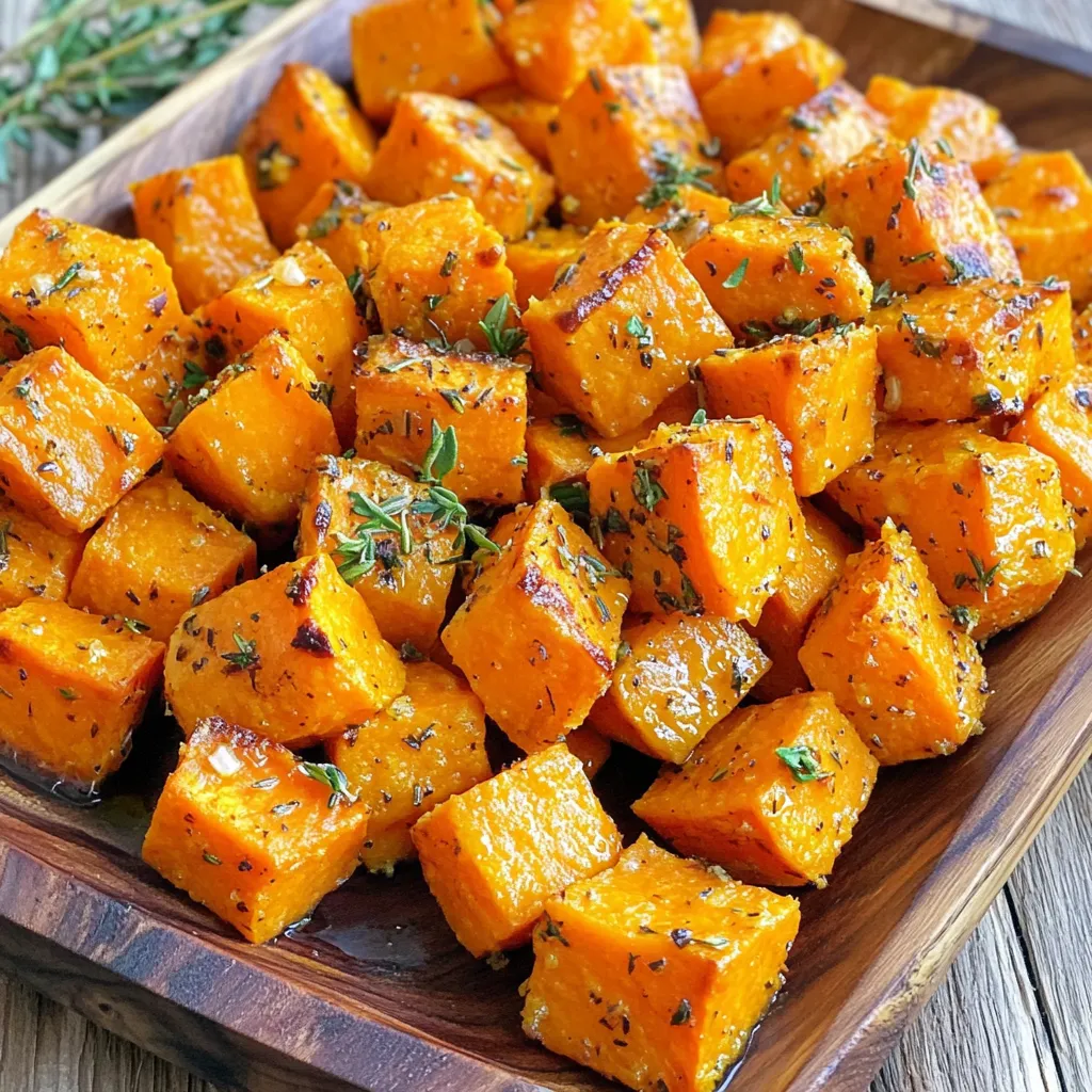 For this tasty dish, you will need: - 4 medium sweet potatoes, peeled and cut into cubes - 4 cloves garlic, minced - 3 tablespoons olive oil - 1 teaspoon dried thyme - 1 teaspoon dried rosemary - 1 teaspoon paprika - Salt and pepper to taste - Fresh parsley, chopped (for garnish) These ingredients work together to create a lovely flavor. Sweet potatoes provide a natural sweetness. Garlic adds a strong, savory note that pairs well with herbs. If you don’t have olive oil, you can use vegetable oil or avocado oil. Both work well to coat the sweet potatoes. For garlic, you can use garlic powder. About one teaspoon of garlic powder equals one clove of garlic. If you lack dried thyme or rosemary, you can use Italian seasoning. This mix gives a similar flavor. You can also use fresh herbs if you like. Just remember to use more since fresh herbs are less potent. I often choose dried herbs for this recipe. They are easy to store and last longer. Dried thyme and rosemary give a strong flavor even when using less. If you prefer fresh herbs, use about three times more. Fresh herbs add brightness but can lose flavor fast. Both types have their perks. Use what you have on hand, and enjoy the dish your way! First, grab four medium sweet potatoes. Peel them and cut them into cubes. Aim for about one-inch pieces. This size helps them cook evenly. The sweet potatoes should be fresh and firm. This ensures a tasty dish. Next, take a large mixing bowl. Add your sweet potato cubes to the bowl. Now, add four cloves of minced garlic. Pour in three tablespoons of olive oil, too. Then, sprinkle in one teaspoon each of dried thyme and dried rosemary. Add one teaspoon of paprika for a nice kick. Finally, season with salt and pepper to taste. Use a large spoon to mix everything well. You want the sweet potatoes to be fully coated in the oil and herbs. This step is key for flavor. Now, it’s time to roast your sweet potatoes. Preheat your oven to 425°F (220°C). Line a baking sheet with parchment paper. Spread the sweet potato mixture in a single layer on the sheet. This will help them roast evenly. Place the tray in the oven. Roast for 25 to 30 minutes. Halfway through, stir the potatoes to ensure even cooking. They should turn golden and tender. When they are done, take them out of the oven. Let them cool for a few minutes. Transfer the sweet potatoes to a serving dish. Garnish with fresh chopped parsley for a pop of color. Enjoy your flavorful side dish! To get perfectly roasted sweet potatoes, cut them into even cubes. This helps them cook nicely and evenly. Aim for about one-inch pieces. The uniform size lets them roast without burning. Toss them well in the olive oil and herbs. This step helps each piece get full flavor. Spread them out on your baking sheet. Don’t crowd them; air needs to flow. If they are too close, they will steam instead of roast. Seasoning is key to flavor. Start with the base recipe, then adjust as you like. Try adding more garlic for a stronger taste. If you love spice, add a pinch of cayenne pepper. You can also swap out the thyme and rosemary. Use fresh herbs if you have them on hand. Fresh herbs give a bright taste. Or, try different dried herbs like oregano or basil. Always taste before serving to ensure you love the flavor. The oven temperature is crucial for roasting. Set your oven to 425°F (220°C) to get crispy edges. This heat helps caramelize the sugars in the sweet potatoes. Roast them for 25 to 30 minutes, stirring halfway. This stirring helps them cook evenly. Keep an eye on them near the end. They should be golden brown and tender. Use a fork to check if they are done. If they are soft inside, they are ready to enjoy! {{image_2}} You can change the flavor by adding different herbs and spices. Try using fresh herbs like basil or cilantro for a bright taste. If you want some heat, add a pinch of cayenne pepper or chili flakes. You can also mix in some cumin or coriander for a warm, earthy flavor. Each herb brings its own flair and can make this dish your own. Sweet potatoes are great, but you can also use other veggies. Butternut squash works well because it has a similar sweet taste. Carrots or parsnips can add a nice twist, too. Just cut them into cubes like sweet potatoes and follow the same steps. Each veggie will give a unique flavor and texture to your dish. Garlic herb roasted sweet potatoes pair well with many main dishes. They are perfect with grilled chicken or fish. You can also serve them alongside roasted meats or veggie burgers. For a simple meal, add them to a salad for extra flavor. The sweet and savory notes complement many foods, making them a versatile side. Store leftover roasted sweet potatoes in an airtight container. Make sure they cool down first. Place them in the fridge for up to four days. This keeps them fresh and tasty. If you want to keep them longer, freezing is a good option. To reheat your sweet potatoes, use the oven for the best taste. Preheat it to 350°F (175°C). Spread the sweet potatoes on a baking sheet. Heat for about 10-15 minutes. This warms them up and makes them crispy again. You can also use a microwave. Heat in short bursts, about 30 seconds at a time. Stir between each burst to avoid hot spots. Yes, you can freeze roasted sweet potatoes. Let them cool down completely. Then, place them in a freezer-safe bag or container. Remove as much air as possible to avoid freezer burn. They can last up to three months in the freezer. When you're ready to eat, thaw them in the fridge overnight before reheating. Yes, you can use other potatoes. Yukon Gold or red potatoes work well. They have a nice texture and flavor. However, keep in mind that sweet potatoes have a unique sweetness. This adds a special taste to the dish. Also, cooking times may vary slightly. Yes, sweet potatoes are often seen as healthier. They have more fiber, vitamins, and antioxidants. They also have a lower glycemic index. This means they raise blood sugar more slowly than regular potatoes. This can be better for your health, especially for blood sugar control. Roasted sweet potatoes last about 3 to 5 days in the fridge. Make sure to store them in an airtight container. This helps keep them fresh and tasty. Reheat them in the oven or microwave for the best taste. Garlic herb roasted sweet potatoes are easy and delicious. We discussed key ingredients, like olive oil and garlic, and shared substitutes. I walked you through the roasting steps and provided helpful tips for perfect results. Variations let you add your favorite herbs or switch to other veggies. In closing, enjoy experimenting with flavors and find what you love. These roasted sweet potatoes can be a fun, tasty side dish for any meal. Happy cooking!