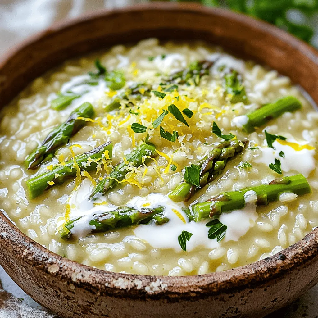 - 1 cup Arborio rice - 4 cups vegetable broth - 1 cup asparagus, trimmed and chopped into 1-inch pieces - 1 small onion, finely chopped - 2 cloves garlic, minced - 1 tablespoon olive oil - 1/2 cup heavy cream - 1/2 cup grated Parmesan cheese - Zest of 1 lemon - 2 tablespoons lemon juice - Salt and pepper to taste To make a creamy lemon asparagus risotto, you need simple, fresh ingredients. Arborio rice is key; it gives risotto its creamy texture. Vegetable broth adds flavor. Choose a good quality broth for the best taste. Fresh asparagus gives a nice crunch and bright color. Onion and garlic build the base flavor. Olive oil adds richness and helps cook the aromatics. Heavy cream makes the dish creamy and smooth. Parmesan cheese brings a salty, nutty taste. Lemon zest and juice add bright, fresh notes. Finally, season with salt and pepper to enhance all the flavors. - Fresh parsley Fresh parsley is a great garnish. It adds color and a fresh touch to your dish. You can sprinkle it on just before serving. It not only looks nice but also adds a bit of flavor. Each ingredient plays a role in making the risotto rich and tasty. Use fresh, high-quality items for the best results. Enjoy the process, and you will create a delicious dish! To start, you need to prepare the vegetable broth. Place it in a saucepan over low heat. Keep it warm, but do not let it boil. This step is key for smooth risotto. If the broth is too hot, it can cook the rice unevenly. Next, heat the olive oil in a large skillet over medium heat. Add the finely chopped onion. Cook it for about 3-4 minutes until it looks clear. Then add the minced garlic. Stir it in for one more minute until it smells great. These steps build the base flavor of your risotto. Now, it's time to add the Arborio rice to the skillet. Stir it in and cook for 2-3 minutes. You want the rice to look slightly clear and smell nutty. Toasting the rice helps it absorb the broth better later on. Begin adding the warm vegetable broth one ladle at a time. Stir the rice as you add broth. Wait until the rice absorbs most of the liquid before adding more. This process takes about 10 minutes. After this time, add the chopped asparagus. Keep adding broth for 5-7 more minutes. The risotto should be creamy and the rice tender but not mushy. Once the rice is cooked, take it off the heat. Stir in the heavy cream, grated Parmesan cheese, lemon zest, and lemon juice. Season with salt and pepper to taste. Mix well until everything is creamy and combined. This is where the risotto gets its rich texture. Finally, serve the risotto hot. Garnish it with fresh parsley for a bright touch. This adds color and a fresh flavor. Place it in a nice bowl for a lovely presentation. Enjoy this dish warm for the best taste. To make creamy risotto, you need to balance creaminess and al dente rice. The rice should be cooked, yet firm to bite. This is known as al dente. The key is to stir often and add broth slowly. Each time the rice absorbs most of the broth, add more. This helps the rice release its starch, making it creamy. You’ll know it’s done when the risotto is smooth but still has a slight bite. Preparing asparagus is simple. Start by washing the stalks well. Trim the ends where they feel tough. Then chop them into 1-inch pieces. This size cooks evenly and stays crisp. Add the asparagus to the risotto after about 10 minutes of cooking. This timing lets them soften while still keeping their bright green color. Fresh asparagus adds a nice crunch and flavor. When making risotto, avoid common mistakes. Don’t add all the broth at once. This can lead to uneven cooking and a gluey texture. Stirring is also key; if you don’t stir enough, the rice might stick and burn. Lastly, don’t skip the resting step after cooking. Letting risotto sit for a minute allows the flavors to meld. This makes every bite taste better. {{image_2}} You can add more veggies to your creamy lemon asparagus risotto. Consider peas, spinach, or bell peppers. They bring color and flavor. Just chop them small and add them while cooking. Cook them until tender. You can also try mushrooms for an earthy taste. They pair well with lemon and cream. Want to make your risotto heartier? Add protein! Chicken, shrimp, or tofu work great. If you choose chicken, cook it first and chop it up. For shrimp, toss them in when the rice is almost done. They will cook quickly. Tofu can be cubed and sautéed before mixing it in. This adds a nice texture and boosts protein. You can easily make a vegan risotto. Swap heavy cream for coconut milk or cashew cream. Use nutritional yeast instead of Parmesan. It adds a cheesy flavor without dairy. For broth, pick vegetable broth or mushroom broth for more depth. These swaps keep the dish tasty and creamy without animal products. To store leftovers, let the risotto cool first. Place it in an airtight container. It will last up to three days in the fridge. When ready to eat, check for any signs of spoilage. Freezing risotto is possible, but it can change the texture. If you want to freeze it, do so within a day of cooking. Divide the risotto into small portions. Use freezer-safe containers or bags. Label them with the date. It will stay fresh for about one month. To reheat risotto, avoid the microwave if possible. Instead, use a skillet over low heat. Add a splash of broth or water to help restore creaminess. Stir often to heat evenly. Keep an eye on the texture. You want it creamy, not dry. Risotto usually takes about 20 to 30 minutes to cook. You start by sautéing the onions and garlic, then add the rice. From there, you slowly add broth while stirring. This method helps the rice absorb the flavors and become creamy. Yes, you can make risotto in advance. Cook it fully, then let it cool. Store it in an airtight container in the fridge. When you're ready to eat, reheat it on the stove with a little broth to bring back its creamy texture. Arborio rice is the best choice for risotto. This short-grain rice has a high starch content, which gives risotto its creamy texture. Other types of rice won't yield the same rich, velvety result. Always stick with Arborio for a true risotto experience. This blog post covers how to make a delicious asparagus risotto. We explored the key ingredients, step-by-step cooking instructions, and useful tips. You learned about optional garnishes and variations, plus how to store leftovers. Remember, perfect risotto balances creaminess and al dente texture. Experiment with different veggies or proteins to make it your own. With practice, you can create a dish everyone will love. Enjoy your cooking journey!