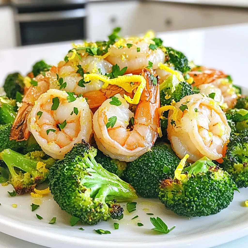 - 1 lb (450g) large shrimp, peeled and deveined - 4 cups broccoli florets - 4 cloves garlic, minced - Juice and zest of 1 lemon - 1 teaspoon paprika - 1 teaspoon dried oregano - 3 tablespoons olive oil - Salt and pepper to taste - Fresh parsley for garnish To make this dish shine, you need fresh and quality ingredients. Start with large shrimp that are peeled and deveined. This makes cooking easier and quicker. Next, use vibrant broccoli florets. They add color and crunch. For flavor, garlic is a must. Mince four cloves for a strong garlic punch. Fresh lemon juice and zest brighten the dish. Paprika gives a mild warmth, while oregano adds depth. Don’t forget the olive oil! It helps everything cook well and adds richness. Season with salt and pepper to taste. Finally, fresh parsley makes a beautiful garnish. It brings color and fresh flavor to your plate. With these ingredients, you create a tasty and healthy meal that is easy to prepare. Each component works together to make the shrimp and broccoli delightful. 1. First, preheat your oven to 400°F (200°C). This step helps cook the shrimp and broccoli evenly. 2. Next, line a sheet pan with parchment paper. This makes cleanup much easier. 3. In a large bowl, mix together the shrimp, broccoli florets, minced garlic, olive oil, lemon juice, lemon zest, paprika, oregano, salt, and pepper. 4. Toss everything gently until the shrimp and broccoli are well coated. This step adds great flavor to the dish. 1. Spread the shrimp and broccoli mixture evenly on the prepared sheet pan. Make sure there is space between each piece. This helps everything cook properly. 2. Bake in the preheated oven for 12-15 minutes. Keep an eye on them. The shrimp should turn pink and opaque. The broccoli should be tender and slightly crispy at the edges. 1. When the shrimp and broccoli are done, take the pan out of the oven. 2. Garnish with fresh chopped parsley for a pop of color and flavor. 3. Serve hot and enjoy your delicious sheet-pan lemon garlic shrimp and broccoli! For this dish, the recommended cooking time is 12 to 15 minutes. Check the shrimp at the 12-minute mark. You want them pink and opaque. If they are still gray, give them a few more minutes. Overcooked shrimp can become tough, so keep an eye on them. To keep the broccoli florets crisp, do not overcrowd the pan. Spread them out evenly on the sheet pan. If you like them softer, bake them a bit longer. Adjust the cooking time based on your taste. You can also blanch the broccoli for a minute before roasting if you prefer a tender texture but still want crunch. For added flavor, try using fresh spices and herbs. Fresh garlic gives a stronger taste than dried. You can swap dried oregano for fresh if you have it. Paprika adds a nice smokiness. If you want a kick, add some red pepper flakes. Use fresh lemon juice for the best zing. Dried herbs work, but they may not be as vibrant. {{image_2}} If you want to change things up, you can swap vegetables. Try asparagus or bell peppers instead of broccoli. You can also mix in snap peas or carrots for extra color and crunch. For protein swaps, use chicken or tofu. Both options work well with the lemon garlic flavor. Just adjust the cooking time for chicken, as it may take longer to cook. If you need a gluten-free option, this recipe is great as is. All the ingredients are naturally gluten-free. Just be sure to check any packaged items like seasoning blends. For a low-calorie version, reduce the olive oil to one tablespoon. You can also use less shrimp or add more veggies. This keeps the dish light and fresh while still tasty. Want to spice things up? Add red pepper flakes or sliced chilies for a spicy kick. You can also mix in some jalapeños for more heat. For herb-infused variations, try adding fresh basil or thyme. These herbs brighten the dish and add depth. You can even use dill for a fresh twist that pairs well with shrimp. To store your leftovers, use an airtight container. Glass or plastic containers work well. Be sure to let the dish cool down before sealing it. Refrigerate the shrimp and broccoli within two hours of cooking. They stay fresh in the fridge for up to three days. For best results, reheat in the oven. Preheat the oven to 350°F (175°C). Place the leftovers on a baking sheet and cover with foil. Heat for about 10 minutes. This keeps the shrimp and broccoli moist. You can also use a microwave, but the oven gives better texture and flavor. To freeze the dish, let it cool completely. Place it in a freezer-safe container or bag. Remove as much air as possible to prevent freezer burn. It can last up to three months in the freezer. When ready to eat, thaw it overnight in the fridge. Reheat in the oven or microwave until hot. The total time to cook this dish is 25 minutes. Here’s how it breaks down: - Prep Time: 10 minutes. This includes gathering ingredients and mixing the shrimp and broccoli. - Cook Time: 12-15 minutes. Bake until the shrimp turn pink and the broccoli gets tender. Keep an eye on your shrimp. They cook fast. Once they are pink and opaque, they are ready! Yes, you can use frozen shrimp! Just follow these thawing tips: - Place the shrimp in a bowl of cold water for about 15-20 minutes. - Change the water once to speed up the thawing. - After thawing, pat them dry with a paper towel before mixing with other ingredients. Using frozen shrimp is a great time-saver and can still taste fresh! This dish pairs well with several sides. Here are some great options: - Rice: White or brown rice soaks up the lemony flavors. - Quinoa: A healthy grain option that adds protein. - Salad: A light garden salad adds crunch and freshness. - Crusty Bread: Use it to mop up any extra sauce. Feel free to mix and match these sides based on what you enjoy! This blog post showed you how to make a simple, tasty dish with shrimp and broccoli. We covered the key ingredients, step-by-step instructions, and helpful tips. You learned about variations to fit your taste and dietary needs, along with storage tips for leftovers. Cooking should be fun and easy. Enjoy trying different flavors and sharing your results. With these skills, you can create memorable meals anytime.