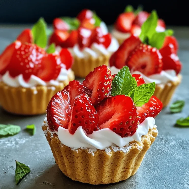 You will need 2 cups of fresh strawberries. Start by hulling them and slicing them. This step is key. The strawberries bring flavor and sweetness to your cups. Adding 2 tablespoons of granulated sugar will help draw out their juices. Let them sit for about 10 minutes. This waiting time allows the strawberries to get nice and juicy. For the cream, gather 1 cup of heavy whipping cream. This cream makes your dessert rich and fluffy. Add 1/2 cup of powdered sugar to sweeten it. A teaspoon of vanilla extract adds a lovely flavor. Use a hand mixer to whip the cream until soft peaks form. This will take just a few minutes. You will need 8 to 10 mini graham cracker cups. These cups give your dessert a nice crunch. They also hold all the tasty filling well. You can find them at most grocery stores or make your own if you'd like. For a fresh touch, consider adding some optional garnishes. A few sliced strawberries on top can enhance the look. You can also add fresh mint leaves. They add color and a hint of freshness to your cups. These little details make your dessert stand out. First, grab a medium bowl. Add 2 cups of fresh strawberries, hulled and sliced. Sprinkle 2 tablespoons of granulated sugar over the berries. Gently toss the berries and sugar together. Let this sit for about 10 minutes. This step lets the strawberries release their sweet juices. You will see a lovely syrup forming. Next, take another bowl and pour in 1 cup of heavy whipping cream. Add in 1/2 cup of powdered sugar and 1 teaspoon of vanilla extract. Use a hand mixer or stand mixer to whip the cream. Mix until you see soft peaks forming. This should take just a few minutes. Be careful not to over-whip; we want it soft and fluffy. Now, it’s time to combine the two mixtures. Carefully fold the strawberry mixture into the whipped cream. Try to keep some strawberry pieces whole for texture. Once mixed, take your mini graham cracker cups. Fill each one generously with the strawberry and cream mixture. For a nice touch, top each cup with a few sliced strawberries. You can also add a fresh mint leaf for color and flavor. This makes the cups look even more delightful. If you want to serve them later, refrigerate for up to 1 hour. Enjoy your no-bake strawberry shortcake cups! When picking strawberries, look for bright red ones. They should feel firm and have a fresh scent. Avoid any with dark spots or mold. Fresh strawberries make your dessert taste better. You can also try local farms for the best flavor. The juiciness of ripe strawberries makes each bite delightful. Use cold heavy whipping cream for the best results. Chill your mixing bowl for a few minutes before whipping. Start mixing at a low speed and gradually increase. Watch for soft peaks to form, which means you are close. Add the powdered sugar and vanilla extract early in the process. This adds sweetness and flavor to your cream. Be careful not to overwhip, as it can turn into butter. Serve your strawberry shortcake cups right away for the best taste. If you want, chill them for an hour before serving. This makes them cool and refreshing. Top with extra strawberries and mint leaves for a pretty look. You can also use a drizzle of chocolate or caramel for added flavor. Sharing these cups makes them even more fun and tasty! {{image_2}} You can switch up the fruit in these cups. Berries like blueberries and raspberries work great. Peaches and mangoes also add a nice sweetness. Just slice or chop the fruit and mix it with sugar. Let it sit to get juicy. You will have a fresh twist on the classic treat! While graham cracker cups are tasty, you can try other bases. Use vanilla wafers or sugar cookies for a different flavor. For a gluten-free option, use almond flour cups. You can even layer this mix in small bowls or jars. Get creative with how you serve it! The cream can be more than just vanilla. Add lemon zest for a citrus kick. Try a splash of almond extract for a nutty flavor. You can mix in cocoa powder for a chocolate twist. Each variation brings a new taste to enjoy in your cups! If you have leftover strawberry shortcake cups, store them in the fridge. Use an airtight container to keep them fresh. Make sure to eat leftovers within two days for the best taste. To maintain freshness, avoid stacking the cups. This keeps the whipped cream from getting squished. If possible, store the strawberries and cream mixture separately. This way, they stay crisp and creamy longer. You can freeze the whipped cream and strawberry mixture if needed. Just place it in a freezer-safe container. Keep in mind that the graham cracker cups do not freeze well. When ready to enjoy, thaw in the fridge overnight. Then, fill fresh graham cracker cups just before serving. Yes, you can prepare the strawberry mixture and the cream ahead of time. Just keep them separate. Assemble the cups right before serving for the best taste and texture. If you need to store them, wait until the last minute to fill the cups. This keeps the graham crackers from getting soggy. Absolutely! You can use coconut cream instead of heavy whipping cream. Just chill a can of coconut milk overnight. Scoop out the cream and whip it like you would regular cream. For powdered sugar, make sure it’s dairy-free. This way, you still get that fluffy texture without dairy. If you don’t have graham cracker cups, try using mini tart shells or cookie cups. You can also make your own by baking a simple shortbread dough. Just press it into mini muffin tins and bake until golden. To keep strawberries firm, toss them with sugar and let them sit for just 10 minutes. This draws out some juice but retains their structure. You can also choose firmer strawberries that are still ripe. Avoid over-mixing them with the cream, so they stay intact in the cups. This blog post shared a fun recipe for strawberry cream cups. We covered ingredients like fresh strawberries, a creamy mixture, and mini graham cracker cups. You learned easy steps to prepare and whip the mixture, assemble the cups, and add toppings. I also shared tips for selecting fruit and storing leftovers. You can customize this treat with different fruits or flavors. Enjoy making these cups with friends and family!