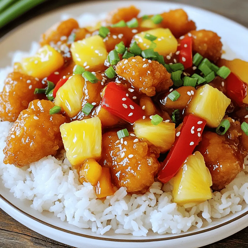 For a great sweet and sour chicken, you will need: - 1 lb boneless, skinless chicken breast, cut into bite-sized pieces - 1/2 cup cornstarch - 1/2 cup all-purpose flour - 1 teaspoon salt - 1/2 teaspoon black pepper - 1/2 teaspoon garlic powder - 1/2 teaspoon onion powder - 1/4 cup vegetable oil, for frying - 1 red bell pepper, diced - 1 green bell pepper, diced - 1 cup pineapple chunks (fresh or canned) - 1/2 onion, diced - 3 cloves garlic, minced - 1/4 cup ketchup - 1/4 cup apple cider vinegar - 1/4 cup brown sugar - 1 tablespoon soy sauce - 1 teaspoon ginger, freshly grated - 1/4 teaspoon red pepper flakes (optional) These ingredients work together to create that perfect balance of sweet and tangy flavors. To make your dish look even better, consider these garnishes: - Chopped green onions - Sesame seeds These add color and a bit of crunch to your meal. If you need to swap some items, here are a few ideas: - Use chicken thighs instead of chicken breast for more flavor. - Replace cornstarch with arrowroot powder for a gluten-free option. - If you lack fresh ginger, try using ground ginger instead. - You can use any bell pepper color you like for variety. - For a sweeter sauce, add more brown sugar or honey. These changes can help you customize the recipe to your taste or pantry. First, gather your chicken and cut it into bite-sized pieces. Next, mix the dry ingredients in a bowl. Combine 1/2 cup cornstarch, 1/2 cup flour, 1 teaspoon salt, 1/2 teaspoon black pepper, 1/2 teaspoon garlic powder, and 1/2 teaspoon onion powder. Make sure it’s well mixed. Coat each piece of chicken in this mix. Shake off any extra flour before frying. In a separate bowl, whisk together the sauce ingredients. You will need 1/4 cup ketchup, 1/4 cup apple cider vinegar, 1/4 cup brown sugar, 1 tablespoon soy sauce, 1 teaspoon grated ginger, and 1/4 teaspoon red pepper flakes, if using. Mix until smooth. Heat 1/4 cup vegetable oil in a large skillet over medium-high heat. Once hot, add the chicken in batches. Fry for 5-7 minutes until golden and cooked through. Remove the chicken and place it on paper towels. In the same skillet, add diced onion, minced garlic, and diced red and green bell peppers. Sauté for 3-4 minutes until soft. Then, pour in the sweet and sour sauce and add 1 cup pineapple chunks. Stir well and let it simmer for 2-3 minutes. Finally, return the chicken to the skillet and toss it in the sauce. Cook for another 2 minutes to heat everything through. Serve hot with chopped green onions and sesame seeds over rice. To fry chicken well, heat the oil to 350°F. You can test the oil with a small piece of chicken. If it sizzles and bubbles, the oil is ready. Fry chicken in small batches. This keeps the temperature steady. Too many pieces at once will make the oil cool. If the oil cools, your chicken will not get crispy. Remember to drain the chicken on paper towels after frying. This keeps it crunchy and not greasy. Sweet and sour chicken tastes great with colorful veggies. I like to use: - Red bell pepper - Green bell pepper - Onion - Pineapple chunks These add crunch and a burst of flavor. You can also try carrots or snap peas. They give a nice crunch and extra color. Always cut the veggies in similar sizes for even cooking. This way, they will all be tender and tasty. Here are some mistakes to watch out for: - Not heating the oil enough: This makes the chicken soggy. - Overcrowding the pan: This cools the oil and makes uneven frying. - Skipping the cornstarch: This helps the chicken get a crispy coating. - Not letting the sauce thicken: A thick sauce sticks to the chicken better. Avoiding these will help you make sweet and sour chicken that tastes better than takeout. {{image_2}} You can swap chicken for other proteins. Tofu is a great choice for a vegetarian dish. Firm tofu holds its shape well. Cut it into cubes and follow the same steps for frying. Shrimp is another tasty option. Use peeled and deveined shrimp instead of chicken. Cook shrimp until they turn pink and opaque. This gives you a quick and easy meal. Feel free to mix up your veggies. Broccoli, snap peas, or carrots add crunch and color. You can also use zucchini or mushrooms for a different flavor. Just chop them into bite-sized pieces. Sauté them with onions and garlic for great taste. The more colorful your dish, the more fun it is to eat! You can make sweet and sour chicken healthier. Use less brown sugar or a sugar substitute. This will lower the calories without losing taste. For a gluten-free option, replace soy sauce with tamari. Check your ketchup to ensure it’s gluten-free as well. These changes keep your meal tasty and nutritious. After cooking, let your sweet and sour chicken cool down. Place it in an airtight container. This helps keep it fresh. Store it in the fridge for up to 3 days. Make sure it is sealed well to avoid any bad smells or flavors. If you want to keep it longer, consider freezing it. When you reheat, aim for the best taste. Use a skillet or a pan. Heat it over medium heat. Add a splash of water or broth to keep it moist. Stir it often. This helps avoid burning. You can also use the microwave. Just heat it in short bursts. Stir in between to make sure it warms evenly. If you want to freeze your sweet and sour chicken, here’s how. First, let it cool completely. Then, place it in a freezer-safe bag or container. Remove as much air as possible before sealing. This step helps prevent freezer burn. You can freeze it for up to 3 months. When ready to eat, thaw it in the fridge overnight. Reheat it as mentioned for the best results. Yes, you can make sweet and sour chicken in advance. Cook the chicken and sauce. Keep them separate until you are ready to serve. This way, the chicken stays crispy. Store them in airtight containers in the fridge for up to three days. To thicken the sauce, mix a small amount of cornstarch with water. Stir this mixture into the sauce while it simmers. Cook for a few more minutes until it thickens. Alternatively, simmer the sauce longer to reduce it, which also makes it thicker. Sweet and sour chicken pairs well with various sides. Here are some tasty options: - Steamed white rice - Fried rice - Noodles - Stir-fried vegetables - A fresh salad Absolutely! This recipe is great for meal prep. You can divide servings into containers for easy lunches or dinners. Just make sure to keep the chicken and sauce separate until you heat them up. This way, you will enjoy the best texture and flavor. This blog post shared how to make sweet and sour chicken. We covered the main ingredients, optional garnishes, and substitutions. I provided step-by-step instructions for preparing the chicken and making the sauce. You learned tips for cooking, from frying temperature to adding vegetables. We discussed variations and storage options. In conclusion, sweet and sour chicken is a versatile dish. You can adjust it to fit your taste and diet. Enjoy cooking and make it fun!