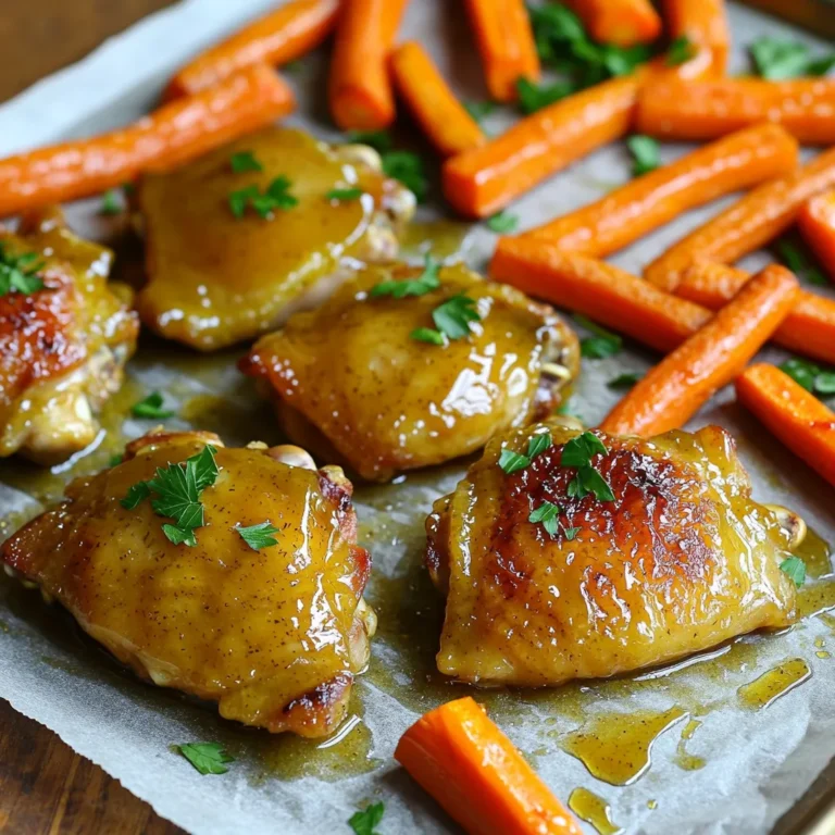 - 4 boneless, skinless chicken thighs - 3 large carrots, peeled and sliced into sticks - 2 tablespoons Dijon mustard - 2 tablespoons honey - 2 tablespoons olive oil - 1 teaspoon garlic powder - 1 teaspoon dried thyme - Salt and pepper to taste - Fresh parsley, chopped (for garnish) Gathering the right ingredients is key to making this dish shine. The chicken thighs provide a juicy base, while the carrots add a sweet crunch. The honey mustard marinade gives a tangy and sweet flavor that really makes the chicken pop. For the marinade, use Dijon mustard, honey, and olive oil. These items mix well and coat the chicken nicely. The garlic powder and dried thyme add warmth and depth to your dish. Don't forget salt and pepper to enhance the taste. Finally, fresh parsley adds a burst of color and flavor for serving. Each ingredient plays a role in this meal. This simple list makes it easy to gather what you need. Enjoy cooking! - Preheat oven to 400°F (200°C). - Line a large baking sheet with parchment paper. This helps with easy cleanup. - In a small bowl, whisk together: - 2 tablespoons Dijon mustard - 2 tablespoons honey - 2 tablespoons olive oil - 1 teaspoon garlic powder - 1 teaspoon dried thyme - Salt and pepper to taste. - Whisk until smooth. This blend gives a nice flavor to the chicken. - Place 4 boneless, skinless chicken thighs in a large bowl. - Pour half of the honey mustard mixture over the chicken. - Toss the chicken until it gets well coated. - Set aside the remaining marinade. - Arrange 3 large carrots, peeled and sliced into sticks on one side of the baking sheet. - Drizzle with a little olive oil and season with salt and pepper. Toss to coat. - Position the marinated chicken thighs on the other side of the baking sheet. - Make sure they have space between them. - Bake in the preheated oven for 25-30 minutes. Check that the chicken is cooked through and the carrots are tender. - In the last 5 minutes, brush the remaining marinade over the chicken. This adds extra flavor and a nice glaze. To check if your chicken is tender and safe, use a meat thermometer. The chicken should reach an internal temperature of 165°F (74°C). Insert the thermometer into the thickest part of the thigh. If it reads 165°F, your chicken is done. If not, cook it for a few more minutes. Always make sure to avoid touching the bone, as this can give a false reading. For the carrots to roast well, cut them into sticks that are even in size. This helps them cook evenly. Place them on the baking sheet first, and drizzle with olive oil. Season with salt and pepper, then toss them lightly. Bake them alongside the chicken for 25-30 minutes. They should be tender but not mushy when done. Serve the chicken and carrots on a large platter. Drizzle any leftover glaze from the baking sheet over the top for a tasty finish. A sprinkle of fresh parsley not only adds color but also brings a burst of flavor. For a bright look, arrange the carrots around the chicken in a way that looks appealing. {{image_2}} You can switch up the veggies in your sheet pan dish. Carrots work great, but bell peppers add a sweet crunch. Broccoli brings a nice green color and pairs well with the honey mustard. Zucchini is another tasty choice. Just cut it into sticks or coins for even cooking. Feel free to mix and match your favorite veggies to keep things exciting and fresh. If you prefer chicken breasts, you can use them instead of thighs. Chicken breasts will cook faster, so check them earlier. You can also try other proteins like pork or turkey. For a vegetarian option, tofu works well. Just press it to remove excess water and cut it into cubes. Marinate it like the chicken for full flavor. Want to change the taste? You can add spices like paprika or cumin to the marinade. A splash of apple cider vinegar adds tangy goodness. Try using whole grain mustard for a different twist. You can even add herbs like rosemary or basil for a fresh flavor. Each change gives your dish a new vibe, so don't be afraid to experiment! To store leftovers in the refrigerator, cool the chicken and carrots first. Place them in an airtight container. They stay fresh for up to three days. Label the container with the date you made the dish. This helps you track freshness and avoid waste. For freezing, let the dish cool completely. Then, transfer the chicken and carrots to a freezer-safe bag. Remove as much air as possible to prevent freezer burn. You can freeze this meal for up to three months. When you are ready to eat, thaw it in the fridge overnight. To reheat chicken and carrots without drying them out, use the oven or microwave. In the oven, set it to 350°F (175°C). Place the chicken and carrots in a baking dish. Add a splash of water or broth to keep them moist. Cover with foil to trap steam. Heat for about 15-20 minutes. In the microwave, use a covered dish to hold in moisture. Heat in short bursts, stirring in between. Check the chicken’s internal temperature to ensure it reaches 165°F (74°C). This keeps your meal juicy and flavorful. Yes, you can use chicken breasts. However, they cook faster than thighs. You should adjust the cooking time. Aim for 20-25 minutes for breasts. Always check the center for doneness. The internal temperature should reach 165°F (74°C). This change helps keep the meat juicy and tender. Great sides can enhance your meal. Try serving with: - Steamed broccoli - Quinoa or rice - Mashed potatoes - A fresh green salad - Roasted sweet potatoes These options balance the flavors and make a complete meal. Leftovers will last about 3-4 days in the fridge. Store them in an airtight container. Ensure they cool down before sealing. This helps prevent bacteria growth. Always reheat to at least 165°F (74°C) before eating to stay safe. This blog post shared a simple sheet-pan honey mustard chicken recipe. You learned about the main ingredients, like chicken thighs and carrots, and how to make a tasty marinade. I included tips for ensuring your chicken is tender and your carrots are perfectly roasted. You also discovered variations to customize the dish and storage tips for leftovers. This recipe is easy and perfect for busy nights, ensuring great taste with minimal effort. Enjoy making this delicious meal!