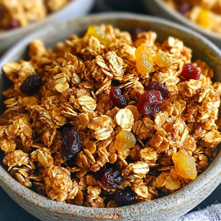 - Rolled oats: You need 3 cups of rolled oats. They are the base of your granola. Oats give a great texture and crunch. - Nuts and seeds: Use 1 cup of chopped nuts, like almonds, pecans, or walnuts. Add 1/2 cup of seeds, such as pumpkin seeds or sunflower seeds. They add protein and healthy fats. - Sweeteners and flavorings: Add 1/2 cup of maple syrup for sweetness. Include 1 teaspoon of cinnamon for that warm, cozy flavor. You also need 1/4 cup of melted coconut oil or butter to bind everything together. - Alternatives for nuts and seeds: If you have nut allergies, try using more seeds. Sunflower seeds or hemp seeds work well. You can also skip nuts and double the seeds for a nut-free version. - Different natural sweeteners: If you don’t have maple syrup, use honey or agave syrup. They will still give you that nice sweetness without losing flavor. - Optional spices and add-ins: Feel free to add spices like nutmeg or ginger for extra warmth. You can also mix in a tablespoon of chia seeds for added nutrition. - Suggestions for dried fruits: For a chewy texture, add 1 cup of dried fruits. Raisins, cranberries, or chopped apricots all work wonderfully. They bring a nice burst of flavor to each bite. First, preheat your oven to 325°F (163°C). This temperature helps the granola bake evenly. Next, line a large baking sheet with parchment paper. This step keeps the granola from sticking. In a big bowl, combine 3 cups of rolled oats, 1 cup of chopped nuts, and 1/2 cup of seeds. You can use almonds, pecans, or walnuts for the nuts. Pumpkin seeds or sunflower seeds work well for the seeds. Add 1 teaspoon of cinnamon and 1/2 teaspoon of salt. Mix well so everything is even. In a separate bowl, whisk together 1/2 cup of maple syrup, 1/4 cup of melted coconut oil, and 1 teaspoon of vanilla extract. Make sure to blend these ingredients until smooth. This mix adds sweetness and flavor to your granola. Pour the wet mixture over the dry ingredients. Stir until all the oats and nuts are coated. Spread the mixture on the baking sheet. Press down lightly to form clusters. Bake for 20-25 minutes. Stir halfway through to ensure even cooking. Look for a golden brown color and a nice smell. Let the granola cool completely on the baking sheet. Cooling is key for clusters to form. After it cools, break the granola into clusters. Stir in 1 cup of chopped dried fruits like raisins or cranberries. Enjoy your homemade treat! To make great granola clusters, follow these steps: - Use rolled oats. They stick together better than other types. - Press the mixture before baking. This helps form solid clusters. - Bake at the right time. Keep an eye on the color. Bake until golden brown, about 20-25 minutes. Avoid over-baking to keep your clusters crunchy but not burnt. Stir halfway through baking to cook evenly. You can adjust the taste of your granola. Here’s how: - Change the sweetness. Add more maple syrup for a sweeter bite, or use less for a mild flavor. - Play with spices. Add nutmeg or ginger for warmth. Cinnamon is a great base, but mixing is fun! You can also add unique ingredients to make it special. Try chocolate chips, coconut flakes, or different nuts. Be creative! For a healthier granola, consider these options: - Choose low-carb nuts. Almonds and pecans are great choices. - Use organic ingredients. Organic oats and nuts taste better and support sustainable farming. These tips can help you enjoy a tasty treat while staying healthy. {{image_2}} If you have nut allergies, you can still enjoy granola clusters. Simply skip the nuts and add more seeds. Use 1 ½ cups of seeds, like pumpkin or sunflower seeds, to keep the crunch. You can even add oats or rice cereal for extra texture. This way, you still get a tasty treat without any nuts. Who doesn't love chocolate? For a sweet twist, add cocoa powder or chocolate chips. Mix in ¼ cup of cocoa powder with the dry ingredients. If you choose chocolate chips, fold in ½ cup after baking. The sweet cocoa flavor pairs perfectly with maple and cinnamon. You will have a delightful chocolatey snack! You can change your granola with the seasons. In the fall, try making pumpkin spice clusters. Just add ½ cup of pumpkin puree and 1 teaspoon of pumpkin spice to your wet mixture. For a tropical twist, mix in dried coconut and diced pineapple. Both variations bring new flavors to your granola. Enjoy experimenting with these fun ideas! To keep your maple cinnamon granola clusters fresh, store them in airtight containers. This keeps air out and maintains their crunch. You can use glass jars or plastic bins with tight lids. Proper storage can help the clusters last up to two weeks. If you notice any changes in texture or smell, it's time to toss them. Always label your containers with the date you made the granola for easy tracking. If you want to save some for later, freezing works well. To freeze, first, let the clusters cool completely. Next, place them in a freezer-safe bag or container. Seal it tightly to avoid freezer burn. When you're ready to enjoy them, simply take out the amount you need and let them thaw at room temperature. They should stay fresh for up to three months in the freezer. Keep an eye on your granola clusters for any signs of spoilage. If they smell off or have a stale taste, it's best to discard them. Look for any visible mold or unusual colors. Fresh granola should have a crunchy texture. If it feels soft or chewy, it may not be safe to eat. Trust your senses; they are your best guide! You can enjoy these clusters in many ways. Here are some fun ideas: - With yogurt: Top your yogurt with granola for a tasty breakfast. - As a snack: Grab a handful for a quick, healthy snack. - On oatmeal: Sprinkle them on warm oatmeal for extra flavor and crunch. - In smoothies: Blend them into smoothies for added texture and taste. - With milk: Serve them in a bowl with milk or a milk alternative. The options are endless, so get creative! Yes, you can make these clusters ahead of time. Here are some tips: - Meal prep: Make a big batch on the weekend. Store it for the week ahead. - Storage: Keep the granola in an airtight container. It stays fresh for up to two weeks. - Portioning: Consider portioning it into small bags. This makes it easy to grab and go. Having healthy snacks ready helps you stay on track! To enhance crunchiness, follow these tips: - Bake longer: Bake the granola until it's golden brown. This makes it crispier. - Cool completely: Let the granola cool on the baking sheet. It hardens as it cools. - Do not stir too much: Stir only halfway through baking. This helps form clusters. These steps will give you that perfect crunch! Yes, maple cinnamon granola clusters are a healthy choice. Here’s why: - Whole grains: Rolled oats provide fiber and nutrients. They keep you full longer. - Healthy fats: Nuts and seeds add healthy fats. They are good for your heart. - Natural sweeteners: Maple syrup is a natural sweetener. It has minerals and antioxidants. - Dried fruits: Adding dried fruits gives you vitamins and minerals. Just watch your portions, as they are still calorie-dense! Making maple cinnamon granola clusters is fun and easy. You can customize the ingredients to fit your taste. Remember to mix dry and wet items correctly for the best texture. Following the tips helps form perfect clusters. Store your granola properly to keep it fresh. With these ideas, you can create tasty variations year-round. Enjoy your homemade treats, knowing they are both delicious and healthy. Now, get started on your granola journey!