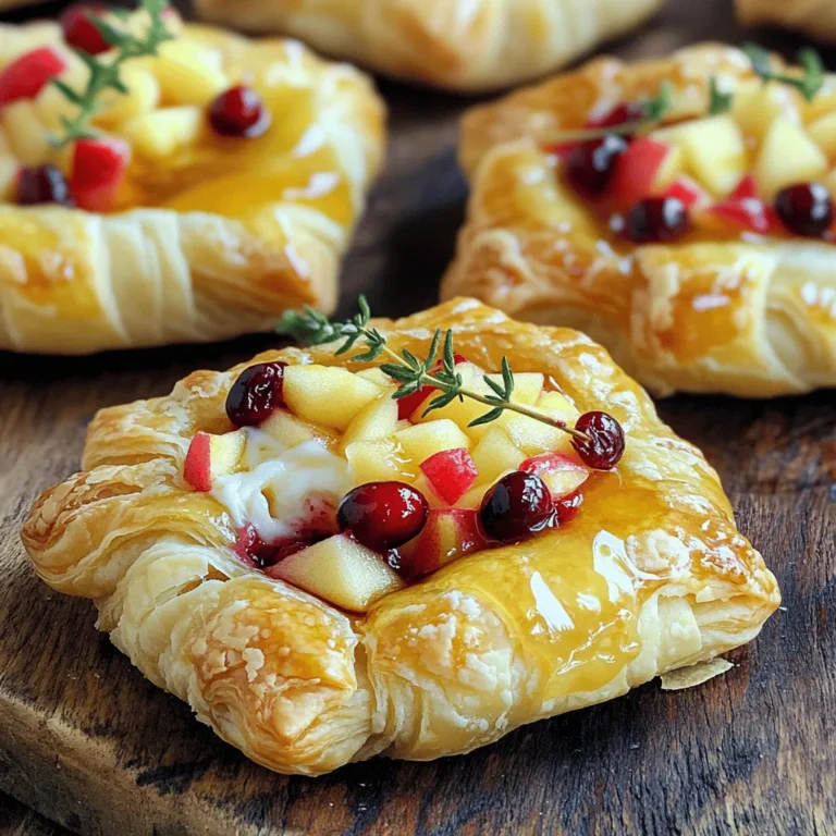 - 1 sheet of puff pastry, thawed - 1 medium apple, cored and finely diced - 1/2 cup fresh cranberries, chopped (or dried cranberries) - 4 oz Brie cheese, rind removed and cut into small pieces - 2 tablespoons honey - 1 teaspoon fresh thyme leaves These ingredients come together to create a perfect mix of sweet and savory flavors. The puff pastry forms a flaky and buttery shell. The apple adds a crisp texture, while cranberries bring a tart punch. Brie offers creamy richness, making every bite delightful. Honey adds a touch of sweetness, and thyme gives it a fresh herbal note. - Sea salt - Freshly cracked black pepper These seasonings can enhance the flavors. A little sea salt boosts sweetness, while black pepper adds a hint of spice. Both are optional but recommended for a well-rounded taste. - Baking sheet - Parchment paper - Mixing bowl - Rolling pin Having the right tools makes cooking easier. A baking sheet lined with parchment paper ensures easy cleanup. A mixing bowl helps combine your filling, and a rolling pin is needed to flatten the puff pastry. With these tools, you can make your Apple Cranberry Brie Puff Pastry Bites with ease and confidence. First, you need to thaw the puff pastry. Leave it in the fridge overnight or on the counter for about 30 minutes. Once it's soft, place it on a lightly floured surface. Roll it out gently with a rolling pin. You want to smooth out any creases and make it slightly bigger. Next, cut the pastry into 2-inch squares. Use a sharp knife or a pizza cutter for clean edges. This will give you perfect little pockets for your filling. Now it’s time to make the filling. Take one medium apple and core it. Dice the apple into small pieces. In a mixing bowl, combine the diced apple with half a cup of chopped fresh cranberries. If you don't have fresh cranberries, dried ones work too! Add two tablespoons of honey to sweeten the mix. Then, sprinkle in one teaspoon of fresh thyme leaves for flavor. Don't forget to add a pinch of sea salt and a bit of freshly cracked black pepper for balance. Stir it all together until mixed well. Lay out the puff pastry squares on your work surface. Place a small spoonful of the apple-cranberry mixture in the center of each square. Top each filling with a piece of Brie cheese. Now, fold the corners of each square toward the center. Pinch the edges tightly to seal the pockets. Make sure no filling can escape while baking! Before you bake, preheat your oven to 400°F (200°C). Line a baking sheet with parchment paper. This helps with easy cleanup! Once the oven is hot, place your filled puff pastry bites on the baking sheet. Brush the tops with the beaten egg. This will give them a nice golden color when baked. Bake the bites for 15 to 20 minutes. Keep an eye on them. They should be golden and flaky when done. Once baked, let them cool for a few minutes before serving. Enjoy! - How to avoid sogginess To keep your puff pastry crisp, avoid overfilling. Use just enough filling to keep the pastry from getting wet. Also, ensure your apple and cranberry mixture is not too juicy. You can pat the apples dry with a paper towel. - Ensuring a flaky texture For a flaky texture, work with cold puff pastry. Keep it in the fridge until you are ready to roll it out. Also, remember to roll it lightly without pressing too hard. The layers need space to puff up in the oven. - Best ways to present the bites Serve these bites warm on a rustic wooden board or a bright white platter. Garnish with fresh thyme sprigs for color and flavor. This adds an elegant touch that impresses guests. - Pairing recommendations These bites pair well with a light salad or a glass of sparkling cider. You can also serve them with a sweet dipping sauce like honey or a tangy balsamic glaze for extra flavor. - How to store leftovers Store any leftover bites in an airtight container in the fridge. They will stay fresh for about 2 days. If you want to keep them longer, consider freezing them before baking. - Reheating instructions To reheat, place them in a preheated oven at 350°F (175°C) for about 10-15 minutes. This method keeps them crispy. Microwaving can make them soggy, so avoid that if possible. {{image_2}} You can easily change some ingredients for fun. - Alternative cheeses: Try goat cheese for a tangy taste. Cream cheese adds a smooth texture. - Different fruits: Pears work well if you want something sweeter. Dried figs can add a chewy texture. Making these bites fit your diet is simple. - Vegan options: Use vegan cheese and maple syrup instead of honey. This keeps the flavor without dairy. - Gluten-free puff pastry: Look for gluten-free pastry sheets. They are widely available and work just as well. Adding new flavors makes your bites special. - Adding spices: A pinch of cinnamon or nutmeg can warm up the dish. These spices pair well with apples and cranberries. - Incorporating nuts: Chopped walnuts or pecans add crunch and depth. They also enhance the overall taste. Feel free to get creative with these options! Yes, you can prep these bites ahead of time. To store them, keep the unbaked bites in the fridge for up to a day. For longer storage, freeze the assembled bites. Place them on a baking sheet and freeze until solid. Then, transfer them to a freezer bag. They can stay frozen for up to three months. When ready to bake, just add a few extra minutes to the cooking time. This way, you can enjoy fresh bites anytime! For baking, I recommend using tart apples like Granny Smith or Honeycrisp. These apples hold their shape well and add a nice zing. If you prefer a sweeter flavor, try Fuji or Gala apples. Each type brings a unique taste to your dish. Feel free to mix different apples to create a fun flavor blend! To check if the bites are done, look for a golden brown color on the puff pastry. The pastry should be flaky and puffed up. You can also gently press on the top. If it feels firm and has a nice crunch, they are ready. If you want to be sure, use a food thermometer. The cheese should be melted and bubbly inside. Enjoy the delicious aroma as they bake! Each Apple Cranberry Brie Puff Pastry Bite is a tasty treat. A serving size is one bite. Each bite has about 120 calories. This makes them a perfect snack for parties or gatherings. Every bite gives you a balance of macronutrients: - Carbohydrates: about 11 grams - Proteins: around 3 grams - Fats: roughly 7 grams These bites provide a nice mix of energy and flavor. The ingredients in these bites offer great health perks: - Apples: Full of fiber and vitamin C, apples help keep you full. - Cranberries: These berries are high in antioxidants and support heart health. - Brie Cheese: This cheese adds protein and calcium, which are good for bones. - Thyme: This herb has anti-inflammatory properties and adds flavor. Enjoying these bites means you're treating yourself to a delicious snack, while also getting some health benefits! In this post, we covered the key steps to create delicious puff pastry bites. We discussed essential ingredients like apples, cranberries, and Brie, plus tools you need. You learned how to prepare, assemble, and bake, along with tips for serving and storing. Remember, you can swap ingredients for your taste or dietary needs. These bites are simple and fun to make. Enjoy exploring variations and impressing friends with your culinary skills!