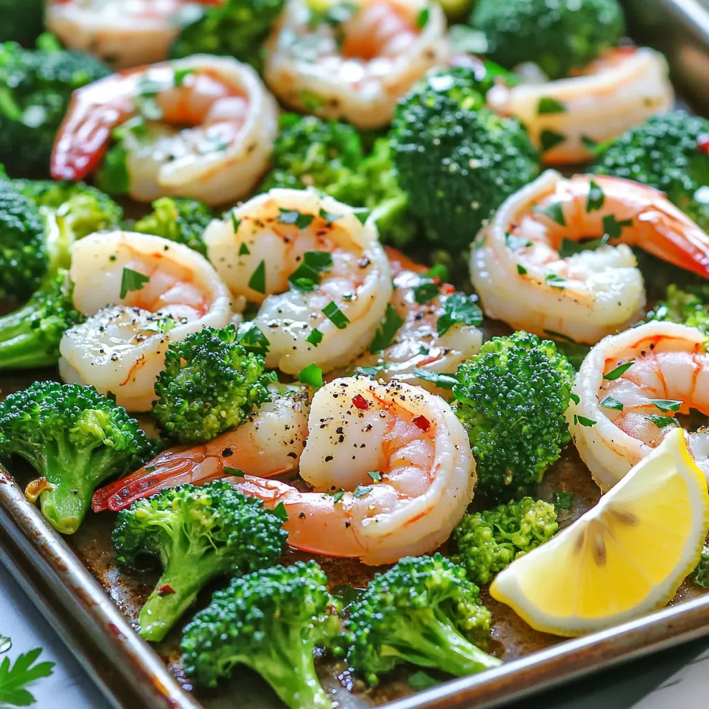 - 1 pound large shrimp, peeled and deveined - 3 cups broccoli florets - 4 tablespoons unsalted butter, melted - 4 cloves garlic, minced - 1 lemon, juiced - 1 teaspoon smoked paprika - Salt and pepper to taste - Fresh parsley, chopped for garnish - Optional: red pepper flakes for heat You can replace shrimp with chicken or firm tofu. These options work well for different diets. If you want vegetarian choices, use more broccoli or other veggies. For a gluten-free meal, ensure your butter and spices are gluten-free. Using fresh shrimp and broccoli gives the best taste and texture. They stay crisp and flavorful. If you choose frozen, make sure to thaw them first. Drain excess moisture to avoid a soggy dish. Frozen shrimp and broccoli can still work well; just adjust cooking time accordingly. 1. Preheating the oven First, set your oven to 400°F (200°C). This high heat helps cook both the shrimp and broccoli perfectly. Preheating is key for even cooking. 2. Preparing the garlic butter mixture In a small bowl, combine: - 4 tablespoons unsalted butter, melted - 4 cloves garlic, minced - 1 lemon, juiced - 1 teaspoon smoked paprika - Salt and pepper to taste Stir until everything mixes well. This mixture gives the dish its rich flavor. 1. Arranging the broccoli on the sheet pan Take a large sheet pan and spread out: - 3 cups broccoli florets Make sure the florets are evenly spaced. This helps them roast nicely. 2. Adding and coating the shrimp Now, add: - 1 pound large shrimp, peeled and deveined Spread the shrimp over the broccoli. Then, drizzle the remaining garlic butter mixture on top. Toss gently to coat all the shrimp. If you like a bit of heat, sprinkle red pepper flakes now. 1. Proper baking time and temperature Place the sheet pan in your preheated oven. Bake for 12-15 minutes. This time is just right for cooking the shrimp and broccoli. 2. Signs that the shrimp and broccoli are done Check for doneness by looking at the shrimp. They should be pink and opaque. The broccoli should be tender-crisp. If they look good, it’s time to take them out! To ensure shrimp don't overcook, watch the time. Bake them for only 12 to 15 minutes. Once they turn pink and opaque, they are ready. If you leave them too long, they can become rubbery. For crispy broccoli, cut the florets into even sizes. This helps them cook uniformly. Toss them well with half of the garlic butter. Bake until they are tender yet still firm. This step keeps them bright and crunchy. For a great presentation, serve directly from the sheet pan. It gives a rustic look that feels warm and inviting. You can also plate the shrimp and broccoli separately. Add extra lemon wedges for a pop of color and flavor. Pair this dish with a light white wine, like Sauvignon Blanc. It complements the garlic and lemon flavors well. You can also serve it with a fresh green salad or crusty bread. To turn this dish into a full meal, add grains. Rice or quinoa pairs nicely with the shrimp and broccoli. They soak up the garlic butter sauce, making each bite delicious. You can also serve a side salad. A simple mixed greens salad adds freshness. It balances the richness of the garlic butter shrimp. This combo makes a complete and satisfying meal. {{image_2}} You can spice things up with extra heat! Add red pepper flakes for a kick. If you want a different flavor, try cayenne pepper or chili powder. These spices add warmth and depth to your dish. For a fresh twist, swap in herbs like thyme or basil. These herbs bring a garden taste to your meal. Feel free to mix in other veggies! Carrots, bell peppers, or snap peas work well. You can also change it up based on the season. In spring, try asparagus or peas. In fall, use squash or Brussels sprouts. Fresh veggies make your meal colorful and tasty. Want to switch proteins? Chicken or fish like salmon make great swaps. Just adjust the cooking time. For a plant-based choice, use tofu or tempeh. Both options soak up the garlic butter flavor well. This makes the dish appealing to everyone, regardless of diet. To store leftovers, let the dish cool first. Place the shrimp and broccoli in an airtight container. Keep it in the fridge for up to three days. Cooked shrimp can stay good for three to four days. Broccoli can last about three to five days after cooking. For freezing, put the cooled dish in a freezer-safe container. Seal it well to prevent freezer burn. It can last up to three months in the freezer. To reheat, thaw overnight in the fridge. Then, warm it in the oven at 350°F (175°C) until heated through. Use glass or BPA-free plastic containers for storage. They keep food fresh and are safe for reheating. For eco-friendly options, consider reusable silicone bags. They are great for both freezing and reheating meals. You can tell shrimp are done when they turn pink and opaque. Look for a firm texture. The shrimp should curl into a C shape. If they curl into an O shape, they may be overcooked. You can prep this dish ahead. Mix the garlic butter and coat the shrimp and broccoli. Cover the pan and place it in the fridge. Cook within a day for best taste. This dish pairs well with rice or quinoa. You can also serve it with a fresh salad. A side of crusty bread can soak up the garlic butter. If you want, add a glass of white wine for a nice touch. This blog post covered a simple and tasty recipe for Garlic Butter Shrimp and Broccoli. We explored key ingredients and helpful substitutes, plus tips for perfect cooking. You can easily adjust flavors and add veggies or proteins for variety. Remember, using fresh ingredients brings the best taste but frozen works well too. Store leftovers properly and enjoy your meal later. With these steps, you can create a healthy and delicious dish that impresses everyone. Now, grab your ingredients and start cooking!