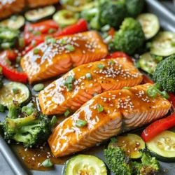 - 4 salmon fillets - 1/4 cup sweet chili sauce - 2 tablespoons soy sauce - 1 tablespoon sesame oil - 1 tablespoon fresh ginger, grated - 2 cloves garlic, minced - 1 red bell pepper, sliced - 1 cup broccoli florets - 1 medium zucchini, sliced Gather these ingredients for your sweet chili glazed salmon sheet pan dish. The salmon fillets serve as the star, bringing a rich taste. The sweet chili sauce adds a burst of flavor. Soy sauce enhances the savory notes. For the extra kick, use sesame oil, fresh ginger, and garlic. Together, they create a fragrant marinade. You’ll want this mixture to soak into the salmon. Next, prepare your vegetables. The red bell pepper gives a sweet crunch. Broccoli florets add color and nutrients. Sliced zucchini brings a tender texture. This mix of ingredients will transform your dinner. Each bite will be a treat. First, preheat your oven to 400°F (200°C). This step is key for even cooking. While the oven heats up, grab a large sheet pan and line it with parchment paper. This makes for easy cleanup later. In a medium bowl, mix together the sweet chili sauce, soy sauce, sesame oil, grated ginger, and minced garlic. Whisk these ingredients well until combined. This marinade adds a burst of flavor to your salmon and veggies. Now, place the salmon fillets on the prepared sheet pan, skin-side down. Brush half of the sweet chili marinade over the fillets. Next, arrange the sliced red bell pepper, broccoli florets, and zucchini around the salmon. Drizzle the veggies with olive oil, then season with salt and pepper. Pour the rest of the marinade over the vegetables, tossing them to coat evenly. Bake in your preheated oven for about 15-20 minutes. The salmon should flake easily with a fork when done. The veggies will also be tender. Halfway through, stir the vegetables for even cooking. This ensures all the flavors meld perfectly. Marinating your salmon is key for great taste. I recommend letting it soak for at least 15 minutes. This helps the flavor seep in. Choose a good sweet chili sauce; look for one with natural ingredients. The best sauces have a balance of sweetness and heat. Cut your vegetables so they cook evenly. Slice bell peppers into thin strips and cut zucchini into half-moons. Keep pieces similar in size for best results. Drizzle some olive oil over them and sprinkle with salt and pepper. This simple step boosts their flavor. Garnish your dish with sesame seeds and chopped green onions. This adds color and a nice crunch. When serving, pair the salmon with rice or quinoa. This makes it a complete meal. Enjoy the bright, tasty flavors on your plate! {{image_2}} You can switch out salmon for other fish. Try trout or tilapia for a change. These fishes cook well and soak up flavors nicely. For a non-fish option, use chicken breasts. They work great with the same marinade. You can also change the veggies. Instead of red bell pepper, try yellow or orange bell pepper. Carrots and snap peas add a nice crunch, too. Cauliflower florets can replace broccoli for a different bite. Mix and match to find your favorite combo! Want to spice things up? Add chili flakes or paprika to the marinade for heat. Fresh herbs like cilantro or basil can add a fresh twist. You can also try adding lime juice for a zesty kick. Experiment with sauces, too. Teriyaki sauce or hoisin sauce can create a new flavor profile. Mix sweet chili sauce with peanut sauce if you want a nutty taste. Each option can take your dish to a new level! If you love grilling, give this dish a try on the grill. Just preheat your grill and cook the salmon on it. Flip it halfway for even cooking. The smoky flavor adds a delicious twist. For stovetop cooking, heat a skillet over medium heat. Add a bit of oil and cook the salmon skin-side down for about 5-7 minutes. Then, flip it and cook for another 5 minutes. You can sauté the veggies in the same pan for a quick one-pan meal! To keep your sweet chili glazed salmon fresh, use airtight containers. Glass or BPA-free plastic works great. Make sure the salmon and veggies cool down before sealing. This helps avoid steam buildup. Store your leftovers in the fridge for up to three days. Always label your containers with the date to keep track. To reheat salmon, use a microwave or an oven. If using a microwave, place the salmon on a plate and cover it with a damp paper towel. Heat in short bursts of 30 seconds. If using an oven, preheat it to 350°F (175°C). Place the salmon on a baking sheet and warm for about 10 minutes. Check if it warms evenly. Your salmon is still good if it smells fresh and doesn’t have a dry texture. Yes, you can freeze sweet chili glazed salmon! Wrap each fillet tightly in plastic wrap. Then, place them in a freezer-safe bag. Squeeze out as much air as possible. This helps prevent freezer burn. To thaw, place the salmon in the fridge overnight. Avoid thawing at room temperature to keep it safe. Yes, you can use frozen salmon. Just make sure to thaw it first. To thaw, place it in the fridge overnight. If you're short on time, you can run cold water over it. This will help it defrost quickly. Once it's thawed, you can follow the recipe as usual. The sweet chili glaze will still taste great! To check if your salmon is done, look for a few signs. The salmon should flake easily with a fork. This means it is tender and cooked well. The color should change from a bright pink to a lighter shade. You can also use a meat thermometer. It should read 145°F (63°C) for safe eating. If you don't have a thermometer, the flaking test works just fine. This dish pairs well with several sides. Here are some great options: - Steamed rice or jasmine rice - Quinoa for a healthy twist - A fresh green salad - Roasted sweet potatoes for sweetness - Garlic bread for a crunchy side Feel free to mix and match these sides! They will enhance your meal and make it more filling. This blog post covered a delicious sweet chili glazed salmon dish, including key ingredients, cooking steps, and helpful tips. You learned how to prepare the oven and make a tasty marinade. I shared advice on vegetables and presentation, along with some fun variations and storage tips. Remember, cooking is about exploring flavors and having fun. Don't hesitate to try new ideas and make this recipe your own. Enjoy your cooking adventure!