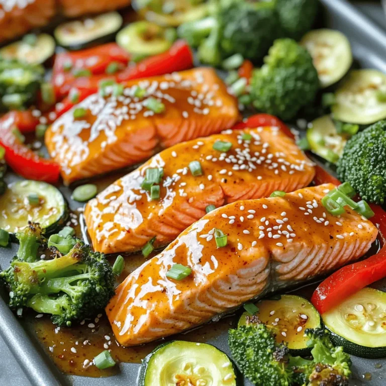 - 4 salmon fillets - 1/4 cup sweet chili sauce - 2 tablespoons soy sauce - 1 tablespoon sesame oil - 1 tablespoon fresh ginger, grated - 2 cloves garlic, minced - 1 red bell pepper, sliced - 1 cup broccoli florets - 1 medium zucchini, sliced Gather these ingredients for your sweet chili glazed salmon sheet pan dish. The salmon fillets serve as the star, bringing a rich taste. The sweet chili sauce adds a burst of flavor. Soy sauce enhances the savory notes. For the extra kick, use sesame oil, fresh ginger, and garlic. Together, they create a fragrant marinade. You’ll want this mixture to soak into the salmon. Next, prepare your vegetables. The red bell pepper gives a sweet crunch. Broccoli florets add color and nutrients. Sliced zucchini brings a tender texture. This mix of ingredients will transform your dinner. Each bite will be a treat. First, preheat your oven to 400°F (200°C). This step is key for even cooking. While the oven heats up, grab a large sheet pan and line it with parchment paper. This makes for easy cleanup later. In a medium bowl, mix together the sweet chili sauce, soy sauce, sesame oil, grated ginger, and minced garlic. Whisk these ingredients well until combined. This marinade adds a burst of flavor to your salmon and veggies. Now, place the salmon fillets on the prepared sheet pan, skin-side down. Brush half of the sweet chili marinade over the fillets. Next, arrange the sliced red bell pepper, broccoli florets, and zucchini around the salmon. Drizzle the veggies with olive oil, then season with salt and pepper. Pour the rest of the marinade over the vegetables, tossing them to coat evenly. Bake in your preheated oven for about 15-20 minutes. The salmon should flake easily with a fork when done. The veggies will also be tender. Halfway through, stir the vegetables for even cooking. This ensures all the flavors meld perfectly. Marinating your salmon is key for great taste. I recommend letting it soak for at least 15 minutes. This helps the flavor seep in. Choose a good sweet chili sauce; look for one with natural ingredients. The best sauces have a balance of sweetness and heat. Cut your vegetables so they cook evenly. Slice bell peppers into thin strips and cut zucchini into half-moons. Keep pieces similar in size for best results. Drizzle some olive oil over them and sprinkle with salt and pepper. This simple step boosts their flavor. Garnish your dish with sesame seeds and chopped green onions. This adds color and a nice crunch. When serving, pair the salmon with rice or quinoa. This makes it a complete meal. Enjoy the bright, tasty flavors on your plate! {{image_2}} You can switch out salmon for other fish. Try trout or tilapia for a change. These fishes cook well and soak up flavors nicely. For a non-fish option, use chicken breasts. They work great with the same marinade. You can also change the veggies. Instead of red bell pepper, try yellow or orange bell pepper. Carrots and snap peas add a nice crunch, too. Cauliflower florets can replace broccoli for a different bite. Mix and match to find your favorite combo! Want to spice things up? Add chili flakes or paprika to the marinade for heat. Fresh herbs like cilantro or basil can add a fresh twist. You can also try adding lime juice for a zesty kick. Experiment with sauces, too. Teriyaki sauce or hoisin sauce can create a new flavor profile. Mix sweet chili sauce with peanut sauce if you want a nutty taste. Each option can take your dish to a new level! If you love grilling, give this dish a try on the grill. Just preheat your grill and cook the salmon on it. Flip it halfway for even cooking. The smoky flavor adds a delicious twist. For stovetop cooking, heat a skillet over medium heat. Add a bit of oil and cook the salmon skin-side down for about 5-7 minutes. Then, flip it and cook for another 5 minutes. You can sauté the veggies in the same pan for a quick one-pan meal! To keep your sweet chili glazed salmon fresh, use airtight containers. Glass or BPA-free plastic works great. Make sure the salmon and veggies cool down before sealing. This helps avoid steam buildup. Store your leftovers in the fridge for up to three days. Always label your containers with the date to keep track. To reheat salmon, use a microwave or an oven. If using a microwave, place the salmon on a plate and cover it with a damp paper towel. Heat in short bursts of 30 seconds. If using an oven, preheat it to 350°F (175°C). Place the salmon on a baking sheet and warm for about 10 minutes. Check if it warms evenly. Your salmon is still good if it smells fresh and doesn’t have a dry texture. Yes, you can freeze sweet chili glazed salmon! Wrap each fillet tightly in plastic wrap. Then, place them in a freezer-safe bag. Squeeze out as much air as possible. This helps prevent freezer burn. To thaw, place the salmon in the fridge overnight. Avoid thawing at room temperature to keep it safe. Yes, you can use frozen salmon. Just make sure to thaw it first. To thaw, place it in the fridge overnight. If you're short on time, you can run cold water over it. This will help it defrost quickly. Once it's thawed, you can follow the recipe as usual. The sweet chili glaze will still taste great! To check if your salmon is done, look for a few signs. The salmon should flake easily with a fork. This means it is tender and cooked well. The color should change from a bright pink to a lighter shade. You can also use a meat thermometer. It should read 145°F (63°C) for safe eating. If you don't have a thermometer, the flaking test works just fine. This dish pairs well with several sides. Here are some great options: - Steamed rice or jasmine rice - Quinoa for a healthy twist - A fresh green salad - Roasted sweet potatoes for sweetness - Garlic bread for a crunchy side Feel free to mix and match these sides! They will enhance your meal and make it more filling. This blog post covered a delicious sweet chili glazed salmon dish, including key ingredients, cooking steps, and helpful tips. You learned how to prepare the oven and make a tasty marinade. I shared advice on vegetables and presentation, along with some fun variations and storage tips. Remember, cooking is about exploring flavors and having fun. Don't hesitate to try new ideas and make this recipe your own. Enjoy your cooking adventure!