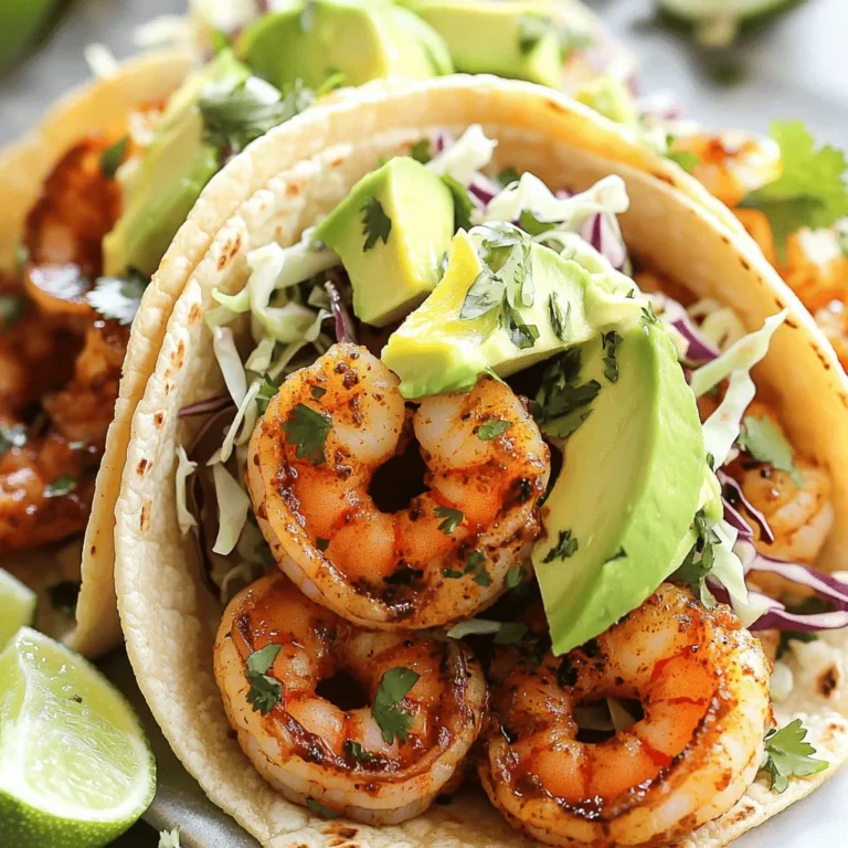 - 1 pound large shrimp, peeled and deveined - 4 cloves garlic, minced - 2 tablespoons olive oil - 1 teaspoon smoked paprika - 1 teaspoon cayenne pepper (or adjust to taste) - 1 teaspoon cumin - Juice of 1 lime - Salt and pepper to taste The main ingredients come together to create a rich and bold flavor. The shrimp gives the tacos their base. The garlic adds depth and aroma. Olive oil helps bind the flavors and keep the shrimp moist. Smoked paprika and cayenne pepper provide the heat that makes these tacos spicy. Cumin adds warmth and earthiness, while lime juice brightens everything up. Salt and pepper enhance all the tastes. - Juice of 1 lime - 4 cloves garlic, minced - 2 tablespoons olive oil - 1 teaspoon smoked paprika - 1 teaspoon cayenne pepper (or adjust to taste) - 1 teaspoon cumin - Salt and pepper to taste The marinade is key to making the shrimp flavorful. I love using lime juice for a fresh zing. Garlic brings a punch, while smoked paprika gives it a nice depth. Cayenne pepper adds heat, but you can adjust this to your taste. Cumin adds a warm note. Don't forget the salt and pepper! They balance out the flavors. - 8 small corn tortillas - 1 avocado, sliced - 1 cup cabbage, finely shredded - Fresh cilantro, for garnish - Lime wedges, for serving Toppings bring the whole dish together. Corn tortillas hold everything in a delicious package. Avocado slices add creaminess and richness. Shredded cabbage gives a crunchy texture. Fresh cilantro adds a pop of color and flavor. Lime wedges are perfect for squeezing over the tacos. They give an extra burst of freshness. First, gather your ingredients. You need one pound of large shrimp, four cloves of minced garlic, and two tablespoons of olive oil. Add one teaspoon of smoked paprika, one teaspoon of cayenne pepper, and one teaspoon of cumin. Squeeze the juice of one lime into the bowl. Sprinkle some salt and pepper to taste. Mix everything well. The shrimp should be fully coated in the marinade. Let them sit for at least 15 minutes. This helps the flavors soak in. Heat a large skillet on medium-high heat. Once it’s hot, add the marinated shrimp. Spread them out in a single layer. Cook for about 2-3 minutes on one side. Flip them over and cook for another 2-3 minutes. The shrimp will turn pink and firm up when done. Remove them from the heat. While the shrimp cook, warm up your corn tortillas. You can use another skillet or a grill. Heat them for about 30 seconds on each side until they are soft. To make the tacos, place a few shrimp in the center of each tortilla. Add slices of avocado and a handful of shredded cabbage on top. Finish by adding fresh cilantro for color and flavor. Serve with lime wedges on the side for extra zest. To cook shrimp well, start with fresh shrimp. Look for shrimp that smell clean and have a firm texture. Always thaw frozen shrimp in the fridge overnight for best results. When cooking, heat your skillet until it’s hot. This helps seal in the shrimp’s juices. Avoid overcrowding the pan; cook in batches if needed. Shrimp cook fast, so keep an eye on them. They are done when they turn pink and curl slightly. Choosing the right tortillas can make your tacos shine. Look for corn tortillas that feel soft and pliable. They should not crack when you bend them. Check for simple ingredients like corn, water, and salt. Fresh tortillas taste better, so visit a local market if possible. If you can’t find fresh ones, try heating store-bought tortillas on a skillet. This gives them a warm, toasty flavor. To boost flavor, add toppings that add freshness. Sliced avocado brings creaminess, while shredded cabbage adds crunch. Fresh cilantro gives a bright note. For extra heat, consider adding jalapeños or a drizzle of hot sauce. A squeeze of lime juice over the tacos brightens every bite. You can also try different spices in the marinade, like chili powder or garlic powder. {{image_2}} If you want to swap shrimp, try chicken or fish. Chicken thighs work well, too. For a plant-based option, use tofu or jackfruit. These alternatives still give great flavor. Make sure to adjust cooking times. You can change the spice level based on your taste. Use less cayenne pepper for mild tacos. For more heat, add jalapeños or hot sauce. To switch up flavors, try using chili powder or curry powder. Each spice brings a new twist to the dish. Toppings can truly make your tacos shine. Try adding mango salsa for a sweet touch. Pickled onions add a nice crunch and tang. You can also use shredded carrots or radishes for extra color. Don't forget cheese or a drizzle of sour cream for creaminess. Each topping creates a unique taste. To keep your leftover shrimp tacos fresh, wrap them tightly in plastic wrap or foil. Place them in an airtight container. This helps lock in moisture and flavor. Store them in the fridge for up to two days. If you have leftover shrimp without the tortillas, store them in a separate container. For the best taste, reheat shrimp tacos on the stove. Heat a skillet over medium heat. Place the tacos in the skillet for about 2-3 minutes. This warms the tortillas and keeps the shrimp tender. You can also use a microwave, but it may make the tortillas chewy. Heat for about 30 seconds, checking to avoid overcooking. If you want to freeze the shrimp, do so before cooking. Place the marinated shrimp in a freezer-safe bag. Remove as much air as possible before sealing. You can freeze them for up to three months. For tortillas, stack them and wrap in plastic. Store them in the freezer for up to two months. When ready to use, thaw them in the fridge overnight. Shrimp tacos get their spice from cayenne pepper. You can adjust the amount to your taste. Smoked paprika also adds warmth and depth. These spices mix with garlic and lime juice to create a bold flavor. Yes, you can prepare the shrimp ahead of time. Marinate them and store in the fridge for up to 2 hours. This allows the flavors to soak in. Cook the shrimp right before serving for the best taste. Many sides go well with shrimp tacos. Consider serving them with: - Mexican rice - Black beans - Grilled corn - A fresh salad - Chips and salsa These sides balance the heat and enhance your meal. Enjoy the mix of flavors and textures! You now know how to make spicy garlic shrimp tacos. We covered the key ingredients, marinade, and toppings. I shared a simple step-by-step guide to prepare and cook them. I also offered tips for cooking shrimp and choosing tortillas. You can explore variations to fit your taste and learn about storing leftovers. Enjoy your tasty tacos and be creative with your flavors. Happy cooking!
