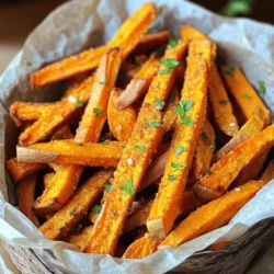 - 2 medium sweet potatoes - 2 tablespoons olive oil - 1 teaspoon paprika - 1 teaspoon garlic powder - ½ teaspoon salt - ½ teaspoon black pepper - ¼ teaspoon cayenne pepper (optional, for heat) - Fresh parsley, chopped (for garnish) To make air fryer sweet potato fries, you need a few simple ingredients. I love sweet potatoes for their natural sweetness and health benefits. You start with 2 medium sweet potatoes. These will be your main ingredient. Peel them and cut them into fry shapes. Aim for about 1/4 inch thick. This helps them cook evenly. Next, you need 2 tablespoons of olive oil. This will help the fries crisp up nicely. You can use other oils too, but olive oil adds great flavor. For seasoning, gather: - 1 teaspoon paprika for a smoky taste - 1 teaspoon garlic powder for extra flavor - ½ teaspoon salt to enhance all the tastes - ½ teaspoon black pepper for a little kick - ¼ teaspoon cayenne pepper if you want some heat (this is optional) Lastly, grab some fresh parsley for garnish. It adds a pop of color and freshness to your dish. These ingredients come together to create crispy, flavorful fries. You can enjoy them as a snack or side dish. Start by peeling your sweet potatoes. Use a sharp peeler for ease. Cut them into fry shapes, aiming for about 1/4 inch thick. This size helps them cook evenly. Next, soak the fries in cold water for 30 minutes. Soaking removes excess starch. This step is key for that crispy texture you want. After soaking, drain the sweet potato fries. Use paper towels to dry them well. This helps the oil and seasonings stick. In a large bowl, toss the fries with 2 tablespoons of olive oil. Add 1 teaspoon of paprika, 1 teaspoon of garlic powder, ½ teaspoon of salt, ½ teaspoon of black pepper, and ¼ teaspoon of cayenne pepper if you want heat. Mix until the fries are well coated. Preheat your air fryer to 400°F (200°C). Let it heat for about 5 minutes. Place the sweet potato fries in a single layer in the basket. If you have a lot, do this in batches. Cook them for 15-20 minutes. Shake the basket halfway through. This ensures even cooking. When they turn golden brown and crispy, they are done. Check for doneness by tasting one. Enjoy your homemade sweet potato fries! To make your sweet potato fries crispy, soak them for 30 minutes. Soaking removes extra starch, which helps them crisp up. After soaking, dry them well using paper towels. If they are wet, they won’t get crispy. Cut the sweet potatoes into fries about 1/4 inch thick. This size cooks evenly and ensures each fry gets that golden crunch. Thicker fries take longer and may not cook through. You can enhance the flavor of your fries in many ways. Try adding a pinch of cumin or chili powder for a warm kick. For a sweet twist, sprinkle cinnamon or brown sugar. Toss them well to mix the spices evenly! Dipping sauces make fries even more enjoyable. Some tasty options include chipotle mayo, garlic aioli, or honey mustard. You can also make a yogurt dip with herbs for a fresh taste. Serve your fries in a rustic basket lined with parchment paper. This look feels casual and inviting. For added flair, sprinkle fresh parsley on top for color and taste. These fries pair well with many dishes. Try them alongside grilled chicken or fish. They can also be a fun snack for movie night. Enjoy them with friends or family! {{image_2}} You can change up the flavor of your sweet potato fries by using different seasonings. For a sweet and spicy twist, try a mix of cinnamon and cayenne pepper. This gives the fries a nice kick. Another option is to add a dash of nutmeg for warmth. You can also explore using herbs and spices. Try rosemary or thyme for an earthy flavor. Mix in some cumin for an aromatic touch. These alternatives can make your fries fun and unique. Not all sweet potatoes are the same. You can use different types like orange-fleshed, purple, or white sweet potatoes. Each has its own flavor and texture. Orange sweet potatoes are sweet and creamy. Purple sweet potatoes have a nutty taste and a vibrant color. White sweet potatoes are less sweet and have a firmer texture. Depending on the type, you may need to adjust the cooking time slightly. Air fryers can vary, so cooking times might change. Some models cook faster than others. Always check your fries halfway through cooking. You want them golden brown and crispy. If you're cooking multiple batches, keep the first batch warm in the oven. Set it to a low temperature while you cook the next batch. This way, all your fries will be hot and ready to serve at once. To keep your sweet potato fries fresh, let them cool completely. Place them in an airtight container. This helps prevent moisture from making them soggy. Store the container in the refrigerator. Your fries can stay good for about 3 to 4 days. The best way to reheat your fries is in the air fryer. Set it to 350°F (175°C). Cook for about 3 to 5 minutes. This method will keep them crispy. You can also use the oven at the same temperature. Spread the fries on a baking sheet and bake for 5 to 10 minutes. Flip them halfway for even heating. You can freeze both uncooked and cooked fries. If you freeze uncooked fries, lay them in a single layer on a baking sheet. After they freeze, transfer them to a freezer bag. For cooked fries, let them cool, then store them in a bag. They can last about 1 to 2 months in the freezer. When you’re ready to cook frozen fries, do not thaw them first. Just air fry them straight from the freezer. Cook for about 15 to 20 minutes, checking for doneness along the way. This way, you’ll enjoy crispy fries anytime! Yes, you can use frozen sweet potato fries in your air fryer. This method is quick and easy. For best results, do not thaw them before cooking. Set your air fryer to 400°F (200°C) and cook for about 15-20 minutes. Shake the basket halfway through for even cooking. Always check for crispiness before serving. Fries may turn out soggy for a few reasons. First, if you do not soak the sweet potatoes, they may hold too much starch. Soaking helps remove excess starch and leads to crispier fries. Also, if the fries are too crowded in the air fryer, they will steam instead of fry. Always place them in a single layer, and shake the basket during cooking for best results. To add spice to your sweet potato fries, consider using cayenne pepper. Just a quarter teaspoon can give a nice kick. You can also use chili powder or even hot sauce mixed with your seasonings. Experiment to find your perfect heat level! Sweet potato fries taste great with many dips. Here are some tasty options: - Chipotle mayo: Mix mayo with chipotle sauce for a spicy twist. - Garlic aioli: Blend mayo with minced garlic, lemon juice, and salt. - Honey mustard: Combine honey with mustard for a sweet and tangy flavor. Feel free to try other sauces based on your taste! You’ve learned how to make perfect sweet potato fries. We covered ingredients, preparation, and cooking steps. Remember to soak and dry the fries for the best crispiness. You can also get creative with seasonings and sauces to match your taste. Store leftovers properly to enjoy them later. Experiment with different sweet potatoes and seasonings to keep things exciting. Making these fries is fun and rewarding, and they pair well with many meals. Get cooking and enjoy your tasty, homemade treat!
