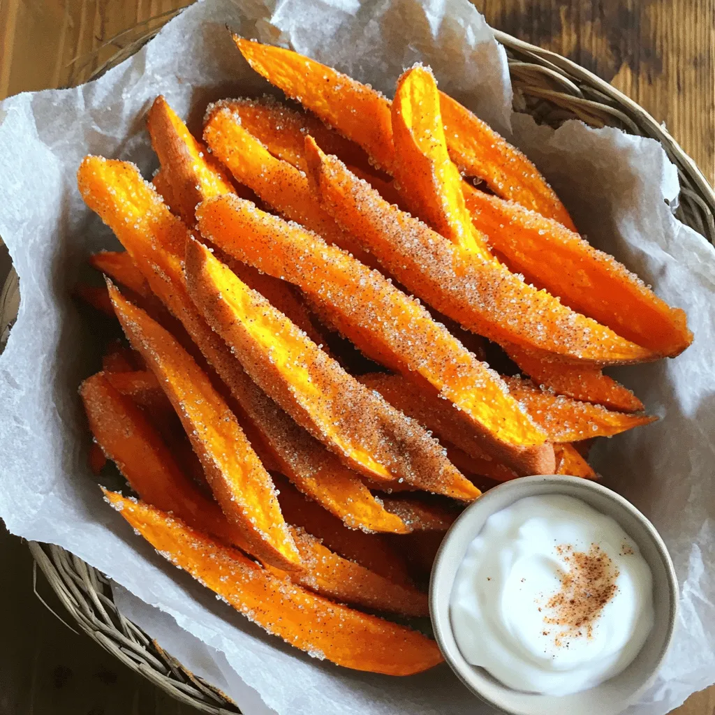 To make these tasty fries, gather these key items: - 2 large sweet potatoes, cut into thin fries - 2 tablespoons olive oil - 1 tablespoon granulated sugar - 1 teaspoon ground cinnamon - 1/2 teaspoon salt These basic ingredients create a sweet and savory flavor that you will love. Olive oil helps the fries crisp up in the oven. It adds a nice flavor too. Granulated sugar, mixed with ground cinnamon, gives the fries their sweet touch. The sugar caramelizes during baking, making the fries golden brown and crunchy. For a little kick, add a pinch of cayenne pepper. This spice adds heat and balances the sweetness. You can also try adding nutmeg or vanilla for a new twist. Experiment to find your favorite combination! First, wash the sweet potatoes well. Scrub off any dirt. Next, cut the sweet potatoes into thin fries. Aim for even sizes so they cook well. Place the fries in a large bowl. Drizzle 2 tablespoons of olive oil over them. Toss the fries gently to coat them with oil. In a small bowl, mix 1 tablespoon of granulated sugar, 1 teaspoon of ground cinnamon, and 1/2 teaspoon of salt. If you like heat, add a pinch of cayenne pepper. This mix gives the fries a sweet and spicy kick. Sprinkle this mixture over your sweet potato fries evenly. Toss again until every fry is fully coated. Now, preheat your oven to 425°F (220°C). Line a baking sheet with parchment paper for easy cleanup. Spread the fries in a single layer on the sheet. Make sure they are not crowded. Bake the fries for 25-30 minutes. Flip them halfway through for even cooking. When they turn golden brown, they are ready! Let them cool for a few minutes before serving. To make sure your fries stay crispy, follow these steps: - Cut sweet potatoes into thin, even strips. Thin fries cook better. - Toss fries in olive oil well. This helps them to crisp up. - Spread the fries in a single layer on your baking sheet. Avoid crowding them, as this traps steam. - Flip the fries halfway through baking. This promotes even cooking and browning. You can easily tweak the sweetness and spice in your fries: - For more sweetness, add extra sugar to the mix. Start with one more teaspoon. - If you want a bit of heat, add more cayenne pepper. Just a pinch can elevate flavor. - Taste the cinnamon-sugar mix before adding it to the fries. Adjust to match your preference. How you serve these fries can make them more fun: - Use a stylish cone or a rustic basket for a fun look. - Dust them with extra cinnamon sugar right before serving. - Pair with a small bowl of Greek yogurt or honey for dipping. This adds creaminess and flavor contrast. {{image_2}} You can get creative with seasonings. Try adding a pinch of nutmeg for warmth. If you like heat, cayenne pepper works great. You can also mix in cocoa powder for a chocolate twist. For a tropical vibe, try some coconut sugar instead of regular sugar. Each option gives your sweet potato fries a unique flavor. While sweet potatoes are tasty, you can try other veggies. Carrots work well when cut into thin strips. Butternut squash is another great choice. You can even use zucchini for a lighter fry. Each of these vegetables brings its own taste and texture, making your snack more diverse. Pair your sweet potato fries with delicious dips. Greek yogurt mixed with honey is creamy and sweet. You can also serve them with a spicy yogurt dip for a kick. If you want something savory, try a garlic aioli. These pairings make your snack both fun and satisfying. To keep leftover sweet potato fries fresh, let them cool down first. Place them in an airtight container. You can store them in the fridge for up to 3 days. Make sure to separate layers with parchment paper to prevent sticking. When you want to enjoy your fries again, the oven is your best friend. Set it to 400°F (200°C). Spread the fries on a baking sheet in a single layer. Bake for about 10-15 minutes, or until they're hot and crispy. This keeps the fries tasty, just like when they were fresh! If you want to save fries for a longer time, freezing works well. First, let the fries cool completely. Then, spread them out on a baking sheet and freeze for 1-2 hours. Once frozen, transfer the fries to a freezer bag. They can last up to 3 months. When ready to eat, bake them straight from the freezer for a quick snack! Yes, you can! Air fryers work great for sweet potato fries. Just set your air fryer to 400°F (200°C). Cook the fries for about 15-20 minutes. Shake the basket halfway through. This method keeps your fries crispy and golden. To prevent sogginess, cut your fries thin. Thin fries cook better and get crispier. Toss them well in olive oil. Avoid overcrowding the baking sheet. Use a single layer. You can also soak the fries in cold water for 30 minutes before baking. This helps remove excess starch. Yes, sweet potato fries are often healthier. They have more vitamins and fiber. Sweet potatoes are rich in Vitamin A, which is good for your eyes. They also have a lower glycemic index than regular potatoes. This means they won't spike your blood sugar as much. You have many tasty options! Greek yogurt is a great dip. It brings a creamy balance to the sweetness. Honey adds an extra sweet touch. You can also try a spicy dip, like chipotle mayo, for a fun twist. Cinnamon sugar sweet potato fries are a delicious treat. We explored essential ingredients and how to prepare them. You learned about tips for crispiness and serving ideas. We even discussed variations and storage options. Remember that these fries can be seasoned in many ways. Explore your flavor preferences! Enjoy making and sharing this snack. It is easy to make and even more fun to eat.