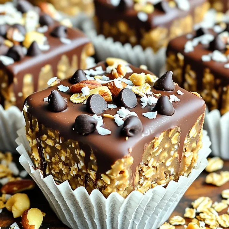 - 1 cup rolled oats - 1/2 cup creamy peanut butter - 1/4 cup honey or maple syrup - 1/3 cup unsweetened cocoa powder - 1/4 cup chocolate chips (dark or semi-sweet) - 1/2 teaspoon vanilla extract - A pinch of salt - Optional toppings: crushed nuts, shredded coconut, extra chocolate chips To create these delightful no-bake oat cups, gather the main ingredients first. You need rolled oats for a chewy base. Creamy peanut butter adds richness and flavor. Honey or maple syrup gives the cups a sweet touch. Unsweetened cocoa powder adds that rich chocolate taste. Next, consider adding optional ingredients for extra fun! Chocolate chips will make them even sweeter and more chocolaty. A splash of vanilla extract enhances the flavors. A pinch of salt balances the sweetness. You can also top them with crushed nuts or shredded coconut for added crunch. These ingredients come together to make a tasty treat. They are perfect for snacks or dessert. If you don’t have something on hand, feel free to swap it out. Enjoy mixing and creating your own unique version! Start by grabbing a large mixing bowl. Add 1 cup of rolled oats, 1/3 cup of unsweetened cocoa powder, and a pinch of salt. Stir these ingredients until they are mixed evenly. This step is key. The oats give structure, while cocoa adds rich flavor. Next, take a microwave-safe bowl. Add 1/2 cup of creamy peanut butter and 1/4 cup of honey or maple syrup. Warm them in the microwave for 20 to 30 seconds. This makes them easier to mix. Once warm, stir until smooth. Now, combine the wet and dry mixtures. Pour the peanut butter mixture into the oat mixture. Add 1/2 teaspoon of vanilla extract for extra flavor. Stir until you form a sticky dough. It should hold together well. Fold in 1/4 cup of chocolate chips, mixing them in evenly. Line a muffin tin with paper liners. Using a spoon or your hands, press the mixture firmly into each cup. Fill them to the top and pack it down tightly. This helps them hold their shape. Place the muffin tin in the refrigerator for about 30 minutes. This allows the oat cups to set. Once they are firm, gently remove them from the tin. If they stick, run a knife around the edges. For added flavor, sprinkle any optional toppings, like crushed nuts or shredded coconut, on top. Store the oat cups in an airtight container in the fridge for up to one week. Enjoy your delicious treat! To mix ingredients for a sticky dough, start by stirring the dry ingredients first. Mix the rolled oats, cocoa powder, and salt in a bowl. This step helps blend flavors evenly. Next, warm the peanut butter and honey together. This makes it easier to mix with the dry ingredients. Combine them well until the dough sticks together. When packing the cups, use your hands or a spoon. Press the mixture firmly into each muffin cup. Fill them to the top and pack it down hard. This helps the cups hold their shape once set. For extra flavor, consider adding toppings. Crushed nuts, shredded coconut, or more chocolate chips work great. These add texture and make your oat cups more fun. As for chocolate, I recommend using dark or semi-sweet chips. They give a rich taste that pairs well with peanut butter. You can also mix in some mini chocolate chips if you want a fun twist. To make this recipe kid-safe, let them help with mixing. They can stir the dry ingredients or add the chocolate chips. It’s a great way to get them involved. You can also create fun variations. Try adding different toppings or using other nut butters. Kids love to customize their treats, and this recipe is perfect for that! {{image_2}} If you want to make these oat cups nut-free, there are easy swaps. You can use sunflower seed butter instead of peanut butter. It has a similar creamy texture and a nice taste. You could also try soy nut butter or pumpkin seed butter. Both options work well and still taste great. Spicing things up can make these cups even better. Try adding a dash of cinnamon or nutmeg for warmth. You can also mix in dried fruits like raisins, cranberries, or chopped dates. These add sweetness and a nice chew. Seeds like chia or flaxseed can add crunch and nutrition too. To keep these oat cups gluten-free, choose certified gluten-free oats. Not all oats are made the same. Check labels to ensure they are safe. You can also use gluten-free alternatives like quinoa flakes or coconut flakes. They can add different textures and flavors while keeping the recipe safe. To keep your chocolate peanut butter oat cups fresh, use airtight containers. A good container prevents air and moisture from spoiling your treats. Place a layer of parchment paper between layers if stacking. This adds extra protection and keeps the cups from sticking together. Store them in the refrigerator, where it’s cool and dark. This ensures they stay yummy and firm. How long do they last in the refrigerator? If stored well, these oat cups last up to one week in the fridge. You can enjoy them as a quick snack or a sweet treat during this time. Can you freeze the oat cups? Yes, you can freeze them! Just wrap each cup in plastic wrap, then place them in a freezer bag. This way, they stay fresh for up to three months. When ready to eat, simply thaw them in the fridge overnight. Yes, you can use natural peanut butter. The main difference lies in the texture and taste. Creamy peanut butter is smooth and blends easily. Natural peanut butter may have a bit of oil on top. You may need to stir it well before using. Both options work great in this recipe. These oat cups are quite healthy! Each serving has a nice mix of nutrients. They contain fiber from oats, protein from peanut butter, and healthy fats. The honey or maple syrup adds some natural sweetness. They make a great snack or breakfast option. Yes, you can. If you skip the cocoa powder, the oat cups will be less chocolatey. You can use carob powder or even vanilla extract for a different flavor. Adjust the sweetness if needed, and you still have a tasty treat! In this blog post, we explored the easy process of making delicious oat cups. We covered the main and optional ingredients, step-by-step instructions, and handy tips for great texture and flavor. You can also try various nut-free and gluten-free options. These oat cups are simple to store and keep fresh for weeks. Enjoy them as a healthy snack or a fun cooking project with kids. You now have the skills and ideas to create your own tasty variations. Dive in and start experimenting with your favorite flavors!