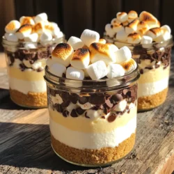 - 1 cup graham cracker crumbs - 4 tablespoons unsalted butter, melted - 1 cup cream cheese, softened - 1/2 cup powdered sugar - 1 teaspoon vanilla extract - 1 cup heavy whipping cream - 1 cup mini marshmallows - 1/2 cup chocolate chips - Additional mini marshmallows and chocolate shavings for topping To make no-bake S’mores cheesecake jars, gather these simple ingredients. Each one plays a key role in creating that rich, creamy taste. First, the graham cracker crumbs make the crust. They give a nice crunch and flavor. The unsalted butter helps bind the crumbs together. Next, we use softened cream cheese for a rich texture. Pair this with powdered sugar to sweeten the filling. A touch of vanilla extract adds warmth to the flavor. Heavy whipping cream is crucial for lightness. It gives the cheesecake a fluffy feel. Mini marshmallows add that classic S’mores touch. They provide sweetness and fun texture. Chocolate chips bring in a rich chocolate flavor. For topping, use more mini marshmallows and chocolate shavings. They make the jars look pretty and delicious. These ingredients come together to create a dessert that everyone will love. You can enjoy this treat at parties, picnics, or family gatherings. Each layer bursts with flavor and fun. To start, grab a medium bowl. Combine 1 cup of graham cracker crumbs with 4 tablespoons of melted butter. Mix it well until the crumbs look like wet sand. This step is key for a tasty crust. Next, divide this mixture evenly into the bottom of your jars. I like to use four jars for this recipe. Press down firmly with the back of a spoon to make an even layer. This crust holds everything together. In a large mixing bowl, add 1 cup of softened cream cheese. Beat it with an electric mixer until it’s creamy and smooth. This makes a base for your cheesecake filling. Gradually sift in 1/2 cup of powdered sugar while mixing. Then, add 1 teaspoon of vanilla extract. Keep mixing until everything is combined and smooth. You want no lumps for the best texture. Now, take another bowl and pour in 1 cup of heavy whipping cream. Whip it until stiff peaks form. This is important for a light cheesecake. Next, gently fold the whipped cream into your cream cheese mixture. Be careful not to deflate the whipped cream. Once combined, fold in 1 cup of mini marshmallows. This adds fun texture and flavor to your filling. Grab your jars again and spoon the cheesecake mixture into them. Fill the jars about three-quarters full on top of the crust. This way, you leave room for the next layer. Now, it’s time to add a chocolate layer. Sprinkle 1/2 cup of chocolate chips over the cheesecake filling. Then, add another spoonful of the cheesecake mixture on top. This makes each jar look tempting. Cover the jars with lids or plastic wrap. Chill them in the fridge for at least 4 hours or until set. When ready to serve, add a few extra mini marshmallows on top. If you’re feeling adventurous, lightly toast them with a kitchen torch. Finish off with chocolate shavings for a stunning dessert. To make a creamy filling, start by beating the cream cheese until smooth. Use an electric mixer for the best results. This step is key for a rich texture. Next, sift in the powdered sugar slowly while mixing. This helps avoid lumps. When you whip the cream, aim for stiff peaks. This gives your cheesecake height and fluffiness. Folding in the whipped cream is crucial. Gently mix it into the cream cheese mixture. Use a spatula to scoop from the bottom and fold over the top. Be careful not to deflate the whipped cream. A light touch keeps the filling airy and smooth. These jars shine at parties and gatherings. They are fun and easy to serve. You can set them on a dessert table or give them as gifts. Just pop on the lids for easy transport. For added visual appeal, garnish with extra mini marshmallows and chocolate shavings. You can also toast the marshmallows with a kitchen torch. This golden touch makes them look fancy and inviting. Enjoy your no-bake s'mores cheesecake jars! {{image_2}} You can make your no-bake s'mores cheesecake jars even more fun. One way is to add different types of chocolate. You might try dark chocolate, white chocolate, or even peanut butter chips. Each type gives a new twist to the flavor. Another option is to incorporate flavored extracts. Instead of vanilla, you could use almond or even coconut extract. These flavors will surprise your taste buds and make your dessert unique. Just remember to use a small amount, so the flavor does not overpower the dish. Toppings can really change the look and taste of your jars. You can use a drizzle of caramel or fudge on top. This adds a sweet touch that many people love. It also makes your jars look fancy. Fruit additions can be a great choice too. Fresh strawberries, raspberries, or banana slices can brighten up your dessert. They add a fresh taste that balances the rich cheesecake. You can layer them on top or mix them into the filling for extra flavor. To keep your no-bake s’mores cheesecake jars fresh, store them in the refrigerator. Place each jar with a lid or cover them tightly with plastic wrap. This will help keep out air and moisture. For maximum freshness, try not to stack the jars. If you must, place a paper towel in between them. This prevents any crushing and keeps the layers intact. These cheesecake jars can last for about 3 to 5 days in the fridge. Make sure to eat them within this time for the best taste and texture. Watch out for signs of spoilage. If you see any discoloration or an off smell, it’s best to discard them. Fresh ingredients are key to enjoying your delicious dessert! No-bake cheesecakes last about 3 to 5 days in the fridge. Keep them covered to stay fresh. Enjoy them within this time for the best taste and texture. Yes, you can make these jars ahead of time. Prepare them a day before serving. Just remember to chill them for at least 4 hours. This allows the flavors to meld and the texture to set perfectly. You can use crushed cookies or digestive biscuits as a substitute for graham crackers. Chocolate cookies add a nice twist. Alternatively, try crushed pretzels for a salty-sweet combo. To toast marshmallows, use a kitchen torch for even browning. Hold the torch about 2 inches away from the marshmallows. Rotate them slowly until golden brown. You can also broil them in the oven for a few seconds, watching closely to prevent burning. You now have all the steps for a tasty no-bake cheesecake. From mixing the crust to making the filling, I covered it all. Remember to chill your jars for the best taste. You can play with flavors and toppings to make your desserts unique. Store them right for freshness, and enjoy them within a week. This treat delights at any gathering. Don't hesitate to try new ideas and share your creations with others! Happy baking!