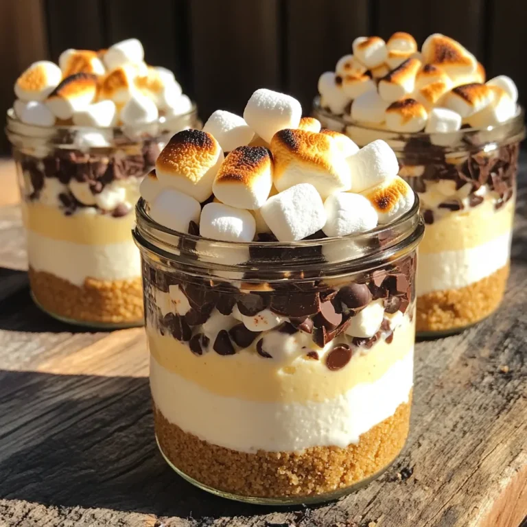 - 1 cup graham cracker crumbs - 4 tablespoons unsalted butter, melted - 1 cup cream cheese, softened - 1/2 cup powdered sugar - 1 teaspoon vanilla extract - 1 cup heavy whipping cream - 1 cup mini marshmallows - 1/2 cup chocolate chips - Additional mini marshmallows and chocolate shavings for topping To make no-bake S’mores cheesecake jars, gather these simple ingredients. Each one plays a key role in creating that rich, creamy taste. First, the graham cracker crumbs make the crust. They give a nice crunch and flavor. The unsalted butter helps bind the crumbs together. Next, we use softened cream cheese for a rich texture. Pair this with powdered sugar to sweeten the filling. A touch of vanilla extract adds warmth to the flavor. Heavy whipping cream is crucial for lightness. It gives the cheesecake a fluffy feel. Mini marshmallows add that classic S’mores touch. They provide sweetness and fun texture. Chocolate chips bring in a rich chocolate flavor. For topping, use more mini marshmallows and chocolate shavings. They make the jars look pretty and delicious. These ingredients come together to create a dessert that everyone will love. You can enjoy this treat at parties, picnics, or family gatherings. Each layer bursts with flavor and fun. To start, grab a medium bowl. Combine 1 cup of graham cracker crumbs with 4 tablespoons of melted butter. Mix it well until the crumbs look like wet sand. This step is key for a tasty crust. Next, divide this mixture evenly into the bottom of your jars. I like to use four jars for this recipe. Press down firmly with the back of a spoon to make an even layer. This crust holds everything together. In a large mixing bowl, add 1 cup of softened cream cheese. Beat it with an electric mixer until it’s creamy and smooth. This makes a base for your cheesecake filling. Gradually sift in 1/2 cup of powdered sugar while mixing. Then, add 1 teaspoon of vanilla extract. Keep mixing until everything is combined and smooth. You want no lumps for the best texture. Now, take another bowl and pour in 1 cup of heavy whipping cream. Whip it until stiff peaks form. This is important for a light cheesecake. Next, gently fold the whipped cream into your cream cheese mixture. Be careful not to deflate the whipped cream. Once combined, fold in 1 cup of mini marshmallows. This adds fun texture and flavor to your filling. Grab your jars again and spoon the cheesecake mixture into them. Fill the jars about three-quarters full on top of the crust. This way, you leave room for the next layer. Now, it’s time to add a chocolate layer. Sprinkle 1/2 cup of chocolate chips over the cheesecake filling. Then, add another spoonful of the cheesecake mixture on top. This makes each jar look tempting. Cover the jars with lids or plastic wrap. Chill them in the fridge for at least 4 hours or until set. When ready to serve, add a few extra mini marshmallows on top. If you’re feeling adventurous, lightly toast them with a kitchen torch. Finish off with chocolate shavings for a stunning dessert. To make a creamy filling, start by beating the cream cheese until smooth. Use an electric mixer for the best results. This step is key for a rich texture. Next, sift in the powdered sugar slowly while mixing. This helps avoid lumps. When you whip the cream, aim for stiff peaks. This gives your cheesecake height and fluffiness. Folding in the whipped cream is crucial. Gently mix it into the cream cheese mixture. Use a spatula to scoop from the bottom and fold over the top. Be careful not to deflate the whipped cream. A light touch keeps the filling airy and smooth. These jars shine at parties and gatherings. They are fun and easy to serve. You can set them on a dessert table or give them as gifts. Just pop on the lids for easy transport. For added visual appeal, garnish with extra mini marshmallows and chocolate shavings. You can also toast the marshmallows with a kitchen torch. This golden touch makes them look fancy and inviting. Enjoy your no-bake s'mores cheesecake jars! {{image_2}} You can make your no-bake s'mores cheesecake jars even more fun. One way is to add different types of chocolate. You might try dark chocolate, white chocolate, or even peanut butter chips. Each type gives a new twist to the flavor. Another option is to incorporate flavored extracts. Instead of vanilla, you could use almond or even coconut extract. These flavors will surprise your taste buds and make your dessert unique. Just remember to use a small amount, so the flavor does not overpower the dish. Toppings can really change the look and taste of your jars. You can use a drizzle of caramel or fudge on top. This adds a sweet touch that many people love. It also makes your jars look fancy. Fruit additions can be a great choice too. Fresh strawberries, raspberries, or banana slices can brighten up your dessert. They add a fresh taste that balances the rich cheesecake. You can layer them on top or mix them into the filling for extra flavor. To keep your no-bake s’mores cheesecake jars fresh, store them in the refrigerator. Place each jar with a lid or cover them tightly with plastic wrap. This will help keep out air and moisture. For maximum freshness, try not to stack the jars. If you must, place a paper towel in between them. This prevents any crushing and keeps the layers intact. These cheesecake jars can last for about 3 to 5 days in the fridge. Make sure to eat them within this time for the best taste and texture. Watch out for signs of spoilage. If you see any discoloration or an off smell, it’s best to discard them. Fresh ingredients are key to enjoying your delicious dessert! No-bake cheesecakes last about 3 to 5 days in the fridge. Keep them covered to stay fresh. Enjoy them within this time for the best taste and texture. Yes, you can make these jars ahead of time. Prepare them a day before serving. Just remember to chill them for at least 4 hours. This allows the flavors to meld and the texture to set perfectly. You can use crushed cookies or digestive biscuits as a substitute for graham crackers. Chocolate cookies add a nice twist. Alternatively, try crushed pretzels for a salty-sweet combo. To toast marshmallows, use a kitchen torch for even browning. Hold the torch about 2 inches away from the marshmallows. Rotate them slowly until golden brown. You can also broil them in the oven for a few seconds, watching closely to prevent burning. You now have all the steps for a tasty no-bake cheesecake. From mixing the crust to making the filling, I covered it all. Remember to chill your jars for the best taste. You can play with flavors and toppings to make your desserts unique. Store them right for freshness, and enjoy them within a week. This treat delights at any gathering. Don't hesitate to try new ideas and share your creations with others! Happy baking!