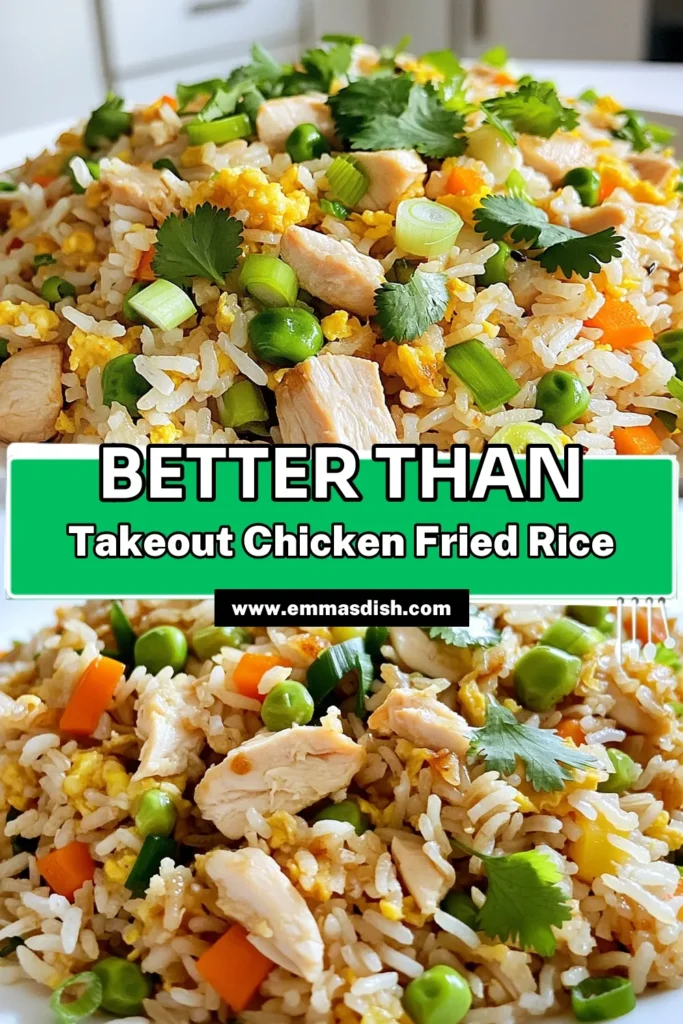 Satisfy your cravings with this Chicken Fried Rice recipe that's better than takeout! Made with tender chicken, colorful veggies, and perfectly cooked jasmine rice, it's quick and delicious. In just 20 minutes, you’ll have a restaurant-quality meal that your family will love. Click to explore this easy recipe that’s sure to impress! #ChickenFriedRice #EasyRecipes #DinnerIdeas #HomeCooking