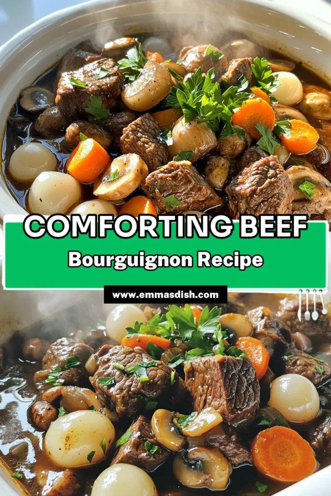 Cozy up with a warm bowl of Hearty Beef Bourguignon, the perfect comfort food for chilly nights! This easy slow cooker recipe is filled with tender beef, savory vegetables, and rich flavors that blend beautifully. Follow our step-by-step instructions to create a delightful meal that will impress family and friends. Click to discover the full recipe and bring this classic dish to your table tonight! #BeefBourguignon #ComfortFood #SlowCookerRecipes #HomeCooking