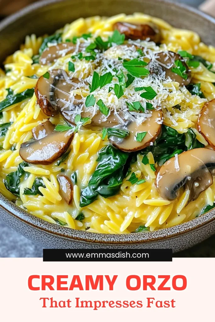 Discover the deliciousness of creamy mushroom spinach orzo! This delightful dish combines tender orzo pasta with savory mushrooms, fresh spinach, and rich cream, making it the perfect comfort food. Easy to prepare in just 30 minutes, it’s ideal for family dinners or a cozy night in. Ready to impress your taste buds? Click through to explore the full recipe and elevate your meal today!