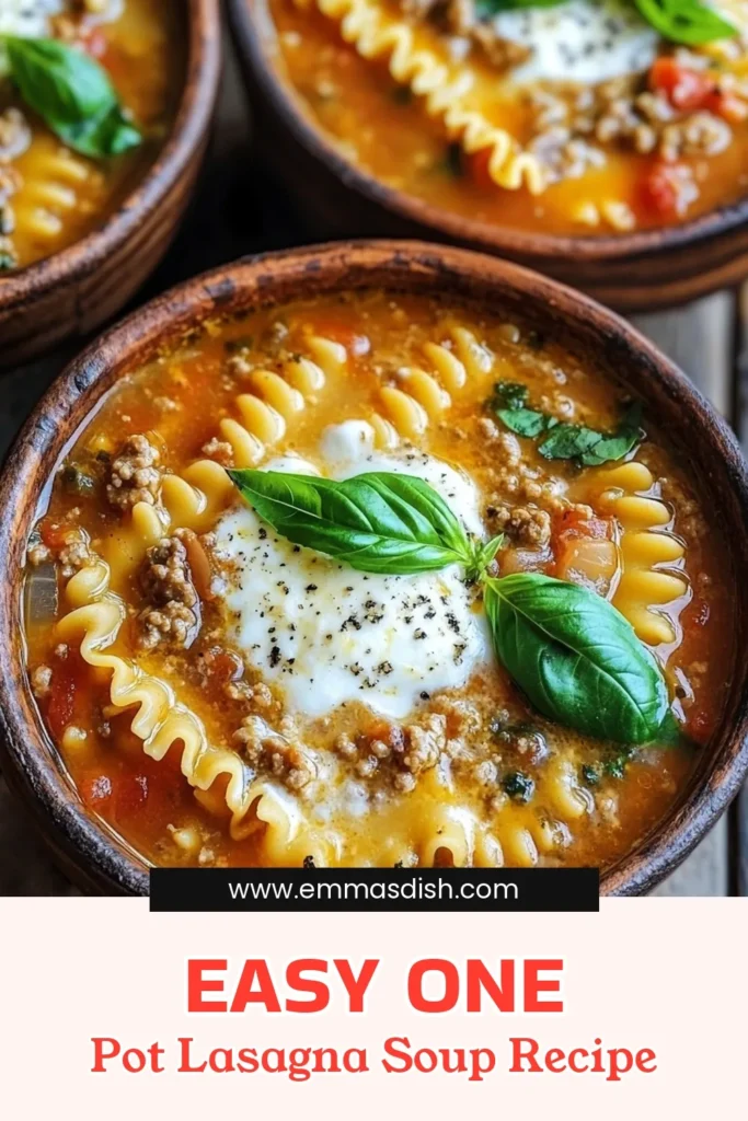 Warm up your dinner table with this delicious One Pot Lasagna Soup! This simple recipe combines ground beef or turkey, zesty tomatoes, and melty cheeses into a comforting bowl of goodness that's quick to prepare. Perfect for busy weeknights, it brings the classic flavors of lasagna into a hearty soup. Click through for the full recipe and make mealtime a breeze! #OnePotLasagnaSoup #EasyRecipes #DinnerIdeas #ComfortFood