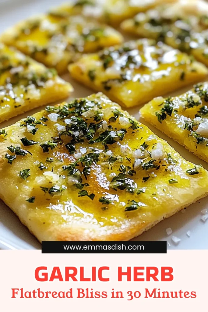 Savor the delightful taste of homemade Garlic Herb Flatbread that’s easy to make and bursting with flavor! This recipe combines fresh garlic and aromatic herbs for a perfect side dish or snack. Enjoy it warm with dips or as a pizza base. Ready in just 1.5 hours, it's a must-try for any foodie. Click to explore the full recipe and elevate your cooking game! #GarlicBread #HomemadeFlatbread #BakingRecipes #SnackIdeas