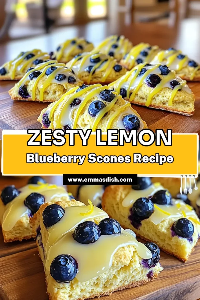 Indulge in the delightful flavors of these Zesty Lemon Blueberry Scones! With just a few simple ingredients, you can create light and fluffy scones bursting with fresh blueberries and a refreshing lemon twist. Perfect for breakfast or an afternoon treat, these scones are easy to make and simply irresistible. Click to discover the full recipe and impress your friends and family! #LemonBlueberryScones #BakingIdeas #SconeRecipe #DessertInspiration