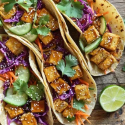 - Firm tofu - Teriyaki sauce - Cornstarch - Vegetable oil - Red cabbage - Cucumber - Carrots - Fresh cilantro - Lime wedges - Sesame seeds - Corn tortillas - Flour tortillas The ingredients for Crispy Teriyaki Tofu Tacos are simple yet packed with flavor. Start with firm tofu. It holds its shape well and has a nice texture when cooked. You can choose store-bought teriyaki sauce or make your own. The sauce adds that sweet and salty punch. Next, cornstarch is key. It helps the tofu get crispy. A little vegetable oil is needed for cooking. It adds flavor and helps with browning. Now, let’s talk about toppings. Red cabbage adds a nice crunch and color. Cucumber gives a fresh bite. Grated carrots add sweetness, and fresh cilantro brightens the dish. A squeeze of lime juice adds a zesty kick, while sesame seeds give a nutty finish. For tortillas, you can use corn or flour. Corn tortillas add a rustic touch. Flour tortillas are soft and easy to fold. Both options work well, so pick your favorite! - Cutting and pressing tofu: Start with a block of firm tofu. Press it to remove excess water. This step helps the tofu soak up flavors better. Cut the tofu into bite-sized cubes. - Marinating with teriyaki sauce: Place the tofu cubes into a bowl. Pour 1/4 cup of teriyaki sauce over the tofu. Toss gently to ensure all pieces are coated. Let it marinate for at least 15 minutes. This helps the tofu absorb the tasty sauce. - Coating with cornstarch: After marinating, sprinkle 1 tablespoon of cornstarch over the tofu. Toss the tofu again to coat it evenly. The cornstarch helps create a crispy outer layer when cooked. - Pan-frying for crispiness: Heat 1 tablespoon of vegetable oil in a non-stick skillet over medium-high heat. Add the tofu cubes to the pan. Cook for about 8 to 10 minutes. Turn the tofu occasionally. You want it golden brown and crispy on all sides. - Warming tortillas: While the tofu cooks, warm 8 small corn or flour tortillas. You can do this in a pan or microwave until they are soft and pliable. - Adding tofu and toppings: Once the tofu is crispy, lay out the warm tortillas. Add a generous spoonful of the crispy teriyaki tofu into each tortilla. - Add Veggies: Top the tofu with finely shredded red cabbage, julienned cucumber, and grated carrots. This adds crunch and freshness to your tacos. - Garnish and Serve: Finish your tacos by sprinkling sesame seeds and fresh cilantro on top. Serve with lime wedges on the side for a zesty touch. Enjoy your delicious crispy teriyaki tofu tacos! To get crispy tofu, cornstarch is a must. It forms a nice coating that makes the tofu crunchy. After marinating, sprinkle cornstarch evenly over the tofu cubes. Toss them gently to coat well. This step is key for that crispy texture. The cooking temperature matters too. Heat a non-stick skillet over medium-high heat. Add vegetable oil and let it warm up. Once hot, add the tofu cubes. Cook for about 8 to 10 minutes. Turn them often to ensure they cook evenly. Look for a golden-brown color on all sides. This is when you know they are perfectly crispy. You can make a quick teriyaki sauce with simple ingredients. Combine soy sauce, honey, garlic, and ginger for a tasty mix. If you like it sweeter, add more honey. To balance the flavors, you can add a splash of rice vinegar. This gives the sauce a nice kick! You can adjust the sauce to your liking. Want it thicker? Cook it longer to reduce it. Feel free to experiment until it matches your taste. Making homemade sauce lets you control the flavors. It's easy and fun! When serving crispy teriyaki tofu tacos, think about style. Lay out the tacos on a large platter. This makes it easy for everyone to grab one. Add lime wedges on the side. They look bright and fresh. For garnishing, sprinkle sesame seeds and fresh cilantro over the tacos. This adds color and flavor. You can also consider adding thinly sliced radishes. They add a nice crunch and pop of color. Enjoy the beauty of your dish as much as its taste! {{image_2}} To make these tacos even more fun, you can swap out the tofu. Try using chickpeas or lentils instead. They can soak up the teriyaki sauce and add a nice touch. If you want to keep it vegan, use dairy-free toppings. You can add avocado, guacamole, or a cashew cream for a creamy twist. You can change up the flavors in these tacos easily. Use different sauces, like sriracha or peanut sauce, for a new taste. If you like heat, add hot sauce or jalapeños. For a fresh spin, toss in some lime juice or fresh ginger. You can even try adding fruits like mango or pineapple for a sweet touch. Using seasonal veggies makes these tacos even better. In spring, add fresh asparagus or peas. In fall, roasted sweet potatoes or squash can add warmth. You can also try fresh herbs like basil or mint for extra flavor. They give a nice pop and freshness to every bite! To keep your crispy teriyaki tofu tacos fresh, store the tofu and veggies in the fridge. Place the cooked tofu in an airtight container. Make sure to store the veggies separately. This helps them stay crisp. You can keep them in another container or a zip-top bag. You can freeze cooked tofu if you want to save it for later. Allow the tofu to cool completely before freezing. Place it in a freezer-safe container or bag. Try to remove as much air as possible. For thawing, move the tofu to the fridge overnight. This keeps the texture nice. To reheat your tacos, you want to keep the tofu crispy. The best way is to use a skillet. Heat the skillet over medium heat. Add the tofu and cook for a few minutes until warm. If you use a microwave, the tofu may get soggy. So, it's best to avoid that method if you can. Enjoy your tacos with a fresh taste every time! Yes, you can use extra-firm tofu. It will hold its shape well. However, it has a denser texture. This means it may not absorb the teriyaki sauce as much as firm tofu. If you want a softer bite, stick with firm tofu. Extra-firm gives you more crunch but less flavor in each bite. You can marinate the tofu for at least 15 minutes. This time allows it to soak up the teriyaki sauce. However, for a stronger flavor, marinate for up to an hour. Just remember, the longer you marinate, the more flavor it gains. Don't go overboard, as too much time can make it too salty. These tacos pair well with many sides. Here are some tasty options: - Rice: White or brown rice complements the tacos nicely. - Salad: A light salad with sesame dressing adds crunch. - Fruit: Slices of fresh mango or pineapple can add sweetness. - Beans: Black or pinto beans offer extra protein and fiber. Mix and match to create a fun meal! You can make Crispy Teriyaki Tofu Tacos at home with simple ingredients and steps. We covered the main ingredients you need, from firm tofu to flavorful toppings. I shared tips for perfect tofu and ideas for variations to suit your taste. Remember, you can store leftovers and even freeze portions for later. Enjoy experimenting with flavors and customizing your tacos. This dish is fun, easy, and perfect for any meal.