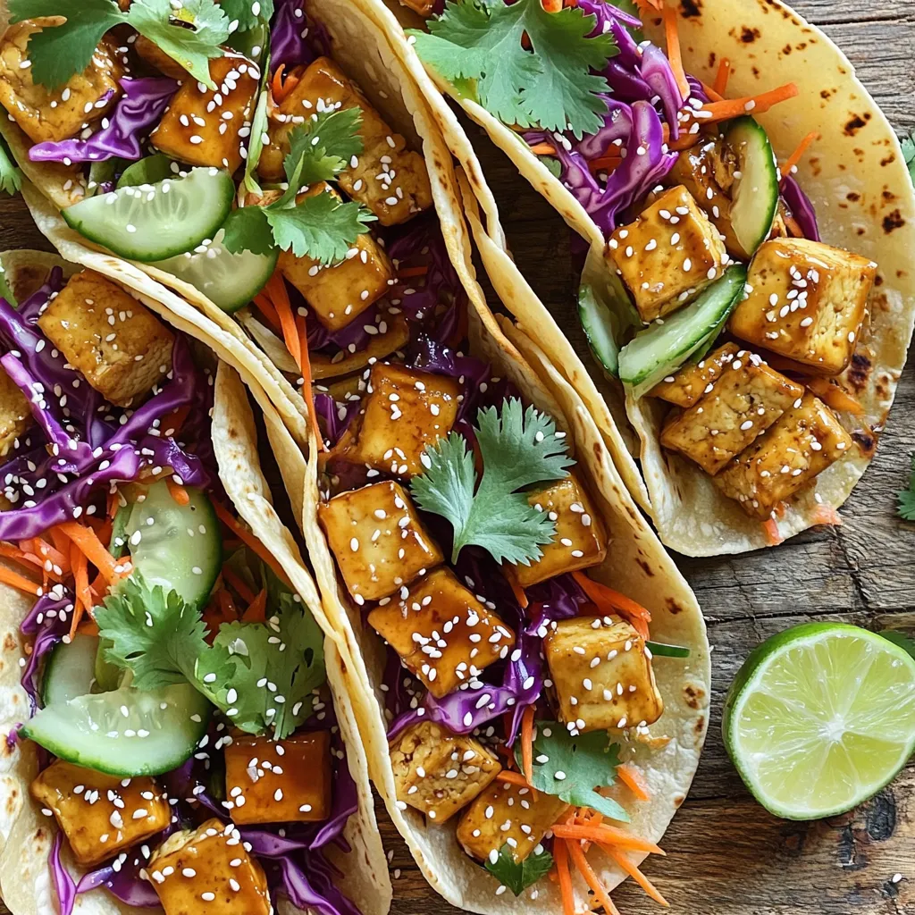 - Firm tofu - Teriyaki sauce - Cornstarch - Vegetable oil - Red cabbage - Cucumber - Carrots - Fresh cilantro - Lime wedges - Sesame seeds - Corn tortillas - Flour tortillas The ingredients for Crispy Teriyaki Tofu Tacos are simple yet packed with flavor. Start with firm tofu. It holds its shape well and has a nice texture when cooked. You can choose store-bought teriyaki sauce or make your own. The sauce adds that sweet and salty punch. Next, cornstarch is key. It helps the tofu get crispy. A little vegetable oil is needed for cooking. It adds flavor and helps with browning. Now, let’s talk about toppings. Red cabbage adds a nice crunch and color. Cucumber gives a fresh bite. Grated carrots add sweetness, and fresh cilantro brightens the dish. A squeeze of lime juice adds a zesty kick, while sesame seeds give a nutty finish. For tortillas, you can use corn or flour. Corn tortillas add a rustic touch. Flour tortillas are soft and easy to fold. Both options work well, so pick your favorite! - Cutting and pressing tofu: Start with a block of firm tofu. Press it to remove excess water. This step helps the tofu soak up flavors better. Cut the tofu into bite-sized cubes. - Marinating with teriyaki sauce: Place the tofu cubes into a bowl. Pour 1/4 cup of teriyaki sauce over the tofu. Toss gently to ensure all pieces are coated. Let it marinate for at least 15 minutes. This helps the tofu absorb the tasty sauce. - Coating with cornstarch: After marinating, sprinkle 1 tablespoon of cornstarch over the tofu. Toss the tofu again to coat it evenly. The cornstarch helps create a crispy outer layer when cooked. - Pan-frying for crispiness: Heat 1 tablespoon of vegetable oil in a non-stick skillet over medium-high heat. Add the tofu cubes to the pan. Cook for about 8 to 10 minutes. Turn the tofu occasionally. You want it golden brown and crispy on all sides. - Warming tortillas: While the tofu cooks, warm 8 small corn or flour tortillas. You can do this in a pan or microwave until they are soft and pliable. - Adding tofu and toppings: Once the tofu is crispy, lay out the warm tortillas. Add a generous spoonful of the crispy teriyaki tofu into each tortilla. - Add Veggies: Top the tofu with finely shredded red cabbage, julienned cucumber, and grated carrots. This adds crunch and freshness to your tacos. - Garnish and Serve: Finish your tacos by sprinkling sesame seeds and fresh cilantro on top. Serve with lime wedges on the side for a zesty touch. Enjoy your delicious crispy teriyaki tofu tacos! To get crispy tofu, cornstarch is a must. It forms a nice coating that makes the tofu crunchy. After marinating, sprinkle cornstarch evenly over the tofu cubes. Toss them gently to coat well. This step is key for that crispy texture. The cooking temperature matters too. Heat a non-stick skillet over medium-high heat. Add vegetable oil and let it warm up. Once hot, add the tofu cubes. Cook for about 8 to 10 minutes. Turn them often to ensure they cook evenly. Look for a golden-brown color on all sides. This is when you know they are perfectly crispy. You can make a quick teriyaki sauce with simple ingredients. Combine soy sauce, honey, garlic, and ginger for a tasty mix. If you like it sweeter, add more honey. To balance the flavors, you can add a splash of rice vinegar. This gives the sauce a nice kick! You can adjust the sauce to your liking. Want it thicker? Cook it longer to reduce it. Feel free to experiment until it matches your taste. Making homemade sauce lets you control the flavors. It's easy and fun! When serving crispy teriyaki tofu tacos, think about style. Lay out the tacos on a large platter. This makes it easy for everyone to grab one. Add lime wedges on the side. They look bright and fresh. For garnishing, sprinkle sesame seeds and fresh cilantro over the tacos. This adds color and flavor. You can also consider adding thinly sliced radishes. They add a nice crunch and pop of color. Enjoy the beauty of your dish as much as its taste! {{image_2}} To make these tacos even more fun, you can swap out the tofu. Try using chickpeas or lentils instead. They can soak up the teriyaki sauce and add a nice touch. If you want to keep it vegan, use dairy-free toppings. You can add avocado, guacamole, or a cashew cream for a creamy twist. You can change up the flavors in these tacos easily. Use different sauces, like sriracha or peanut sauce, for a new taste. If you like heat, add hot sauce or jalapeños. For a fresh spin, toss in some lime juice or fresh ginger. You can even try adding fruits like mango or pineapple for a sweet touch. Using seasonal veggies makes these tacos even better. In spring, add fresh asparagus or peas. In fall, roasted sweet potatoes or squash can add warmth. You can also try fresh herbs like basil or mint for extra flavor. They give a nice pop and freshness to every bite! To keep your crispy teriyaki tofu tacos fresh, store the tofu and veggies in the fridge. Place the cooked tofu in an airtight container. Make sure to store the veggies separately. This helps them stay crisp. You can keep them in another container or a zip-top bag. You can freeze cooked tofu if you want to save it for later. Allow the tofu to cool completely before freezing. Place it in a freezer-safe container or bag. Try to remove as much air as possible. For thawing, move the tofu to the fridge overnight. This keeps the texture nice. To reheat your tacos, you want to keep the tofu crispy. The best way is to use a skillet. Heat the skillet over medium heat. Add the tofu and cook for a few minutes until warm. If you use a microwave, the tofu may get soggy. So, it's best to avoid that method if you can. Enjoy your tacos with a fresh taste every time! Yes, you can use extra-firm tofu. It will hold its shape well. However, it has a denser texture. This means it may not absorb the teriyaki sauce as much as firm tofu. If you want a softer bite, stick with firm tofu. Extra-firm gives you more crunch but less flavor in each bite. You can marinate the tofu for at least 15 minutes. This time allows it to soak up the teriyaki sauce. However, for a stronger flavor, marinate for up to an hour. Just remember, the longer you marinate, the more flavor it gains. Don't go overboard, as too much time can make it too salty. These tacos pair well with many sides. Here are some tasty options: - Rice: White or brown rice complements the tacos nicely. - Salad: A light salad with sesame dressing adds crunch. - Fruit: Slices of fresh mango or pineapple can add sweetness. - Beans: Black or pinto beans offer extra protein and fiber. Mix and match to create a fun meal! You can make Crispy Teriyaki Tofu Tacos at home with simple ingredients and steps. We covered the main ingredients you need, from firm tofu to flavorful toppings. I shared tips for perfect tofu and ideas for variations to suit your taste. Remember, you can store leftovers and even freeze portions for later. Enjoy experimenting with flavors and customizing your tacos. This dish is fun, easy, and perfect for any meal.