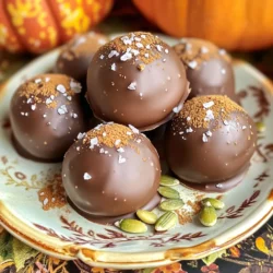 - 1 cup pumpkin puree - 8 oz cream cheese, softened - 1 cup powdered sugar - 1 ½ cups graham cracker crumbs - 1 teaspoon pumpkin pie spice - ½ cup dark chocolate chips - 1 tablespoon coconut oil (for melting chocolate) - Pinch of sea salt In this recipe, the main ingredients create a rich and creamy base. Pumpkin puree gives a warm, earthy flavor. Cream cheese brings smoothness, while powdered sugar adds sweetness. The additional ingredients boost texture and taste. Graham cracker crumbs give a crunchy contrast. Pumpkin pie spice adds warmth, bringing out the pumpkin flavor. Dark chocolate chips add a rich, sweet finish. You can use optional ingredients to enhance your truffles. Coconut oil makes melting chocolate easy. A pinch of sea salt balances the sweetness and adds depth. These ingredients blend perfectly to create a delightful treat. You will love how simple it is to bring them together. Start by gathering your ingredients. In a mixing bowl, combine 1 cup of pumpkin puree, 8 ounces of softened cream cheese, and 1 teaspoon of vanilla extract. Mix these until smooth and creamy. This blend gives your truffles a rich base. Next, gradually add 1 cup of powdered sugar. Stir well until it fully blends in. This step adds sweetness and helps to thicken the mixture. Now, it's time to add some flavor. Add 1 ½ cups of graham cracker crumbs and 1 teaspoon of pumpkin pie spice to the bowl. Stir until everything is well combined. The crumbs add texture, while the spice gives that cozy fall flavor. Cover the bowl with plastic wrap and place it in the fridge. Let it chill for about 1 hour. This helps the mixture firm up, making it easier to roll into balls. Once the mixture is chilled, take it out of the fridge. Scoop about 1 tablespoon of the mixture and roll it into a ball using your palms. Place each truffle on a parchment-lined baking sheet to keep them from sticking. Continue until you’ve rolled all the mixture. Now, let’s prepare the chocolate coating. In a microwave-safe bowl, combine ½ cup of dark chocolate chips with 1 tablespoon of coconut oil. Microwave in 30-second intervals, stirring in between, until the chocolate is fully melted and smooth. Next, dip each truffle into the melted chocolate. Make sure each one is fully coated. Use a fork to lift them out, tapping off any extra chocolate. Return them to the baking sheet. Before the chocolate sets, sprinkle a small pinch of sea salt on each truffle. This adds a nice contrast to the sweetness. Let the chocolate firm up at room temperature, or place the tray in the fridge for quicker results. Enjoy your delicious pumpkin cream cheese truffles! To get a smooth and creamy texture, you need to mix well. Start with soft cream cheese. This step helps everything blend nicely. Combine pumpkin puree, cream cheese, and vanilla extract in a bowl. Use a hand mixer or spatula to mix until it looks even. Chilling the mixture is key. After mixing in the powdered sugar and graham cracker crumbs, cover the bowl and refrigerate for about one hour. This makes the mixture firm enough to roll into balls. Melting chocolate can be tricky. Use a microwave-safe bowl for dark chocolate chips and coconut oil. Microwave in 30-second bursts. Always stir in between to avoid burning the chocolate. The goal is a smooth and shiny melt. When coating your truffles, dip each one fully into the chocolate. Use a fork to lift it out and tap off the extra chocolate. This ensures an even coat. Place the truffles back on the parchment-lined sheet. For a festive look, arrange your truffles on a decorative plate. Dust with extra graham cracker crumbs for a fun touch. You can also sprinkle some cinnamon or add a few pumpkin seeds for flair. Pair these truffles with warm drinks like coffee or hot cocoa. They also go well with sweet beverages like apple cider. Enjoy every creamy bite! {{image_2}} You can change the flavor of your pumpkin cream cheese truffles easily. - Adding different extracts: Instead of vanilla, try almond or maple extract. These will give a new twist to the taste. Just a teaspoon will add a lot of flavor. - Incorporating nuts or dried fruits: Mixing in chopped pecans or walnuts gives a nice crunch. You can also add dried cranberries or raisins for sweetness. The coating for these truffles can be fun to change. - Using white chocolate or milk chocolate: If you prefer sweeter flavors, try white chocolate. Milk chocolate is also a great choice if you want a different taste. - Rolling in coconut or crushed nuts: After dipping in chocolate, roll the truffles in shredded coconut or crushed nuts. This adds texture and a lovely look. You can make these truffles fit many diets. - Gluten-free options: Use gluten-free graham crackers instead of regular ones. This way, everyone can enjoy them. - Vegan replacements for cream cheese: You can swap cream cheese with a vegan cream cheese. This keeps the truffles creamy without dairy. Experimenting with these variations lets you create your perfect truffle. Enjoy the process! Store your pumpkin cream cheese truffles in the fridge. Place them in an airtight container to keep them fresh. This method helps maintain their creamy texture and flavor. You can enjoy your truffles for up to a week when stored properly. If you want to save truffles for later, freezing is a great option. Place the truffles on a baking sheet lined with parchment paper. Freeze them for about two hours until they are firm. Once frozen, transfer them to a freezer-safe bag. They can last up to three months in the freezer. When you're ready to eat them, take the truffles out of the freezer. Let them sit at room temperature for about 20-30 minutes before serving. This will help them regain their creamy goodness. Check for signs of spoilage before eating. If your truffles smell strange or look off, it's best to toss them. Always use your best judgment. To keep your truffles fresh, avoid letting them sit out for too long. Store any leftovers right after serving to extend their life. Pumpkin cream cheese truffles can last up to one week in the fridge. Store them in an airtight container to keep them fresh. If you freeze them, they can last for up to three months. Just remember to let them thaw in the fridge before you enjoy them. Yes, you can make these truffles ahead of time. In fact, making them a day before is a great idea. This allows the flavors to mingle and the truffles to set nicely. Just follow the recipe and store them in the fridge until you are ready to serve. If you need a substitute for cream cheese, use mascarpone cheese or Greek yogurt. Both options provide a similar creamy texture. You can also try using vegan cream cheese if you want a dairy-free alternative. Adjust the sweetness as needed, since some substitutes may be less sweet than cream cheese. These pumpkin cream cheese truffles are a fun treat to make and enjoy. We covered the main ingredients like pumpkin puree and cream cheese, along with tips for mixing and coating. You learned how to add your twist with flavor variations and dietary choices. In the end, these truffles are perfect for any celebration. They are easy to make, store well, and taste amazing. Now, get in the kitchen and create your own delicious batch!
