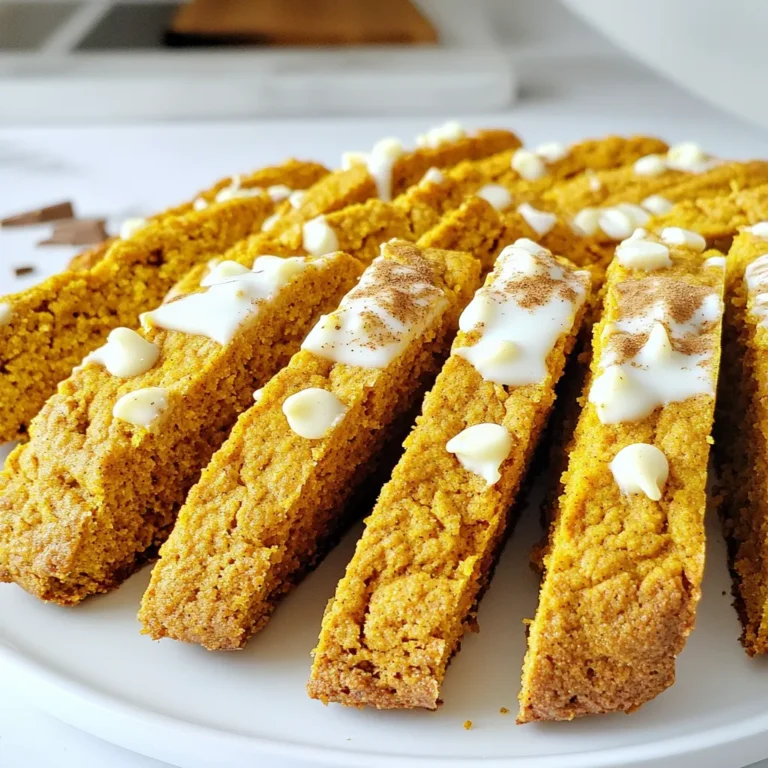 To make Pumpkin Spice Biscotti with White Chocolate, gather these simple ingredients: - 2 cups all-purpose flour - 1 teaspoon baking powder - 1/2 teaspoon baking soda - 1 teaspoon ground cinnamon - 1/2 teaspoon ground nutmeg - 1/2 teaspoon ground ginger - 1/4 teaspoon ground cloves - 1/2 teaspoon salt - 1/2 cup granulated sugar - 1/4 cup brown sugar, packed - 2 large eggs - 1/2 cup pure pumpkin puree - 1 teaspoon vanilla extract - 1/2 cup chopped walnuts or pecans (optional) - 1 cup white chocolate chips These ingredients create a perfect balance of flavors. The spices bring warmth, while the pumpkin adds moisture. The sugars give a nice sweetness and the white chocolate chips create a rich finish. If you love nuts, try adding walnuts or pecans for extra texture. Make sure to use pure pumpkin puree, not pumpkin pie filling. This keeps your biscotti from getting too sweet. Each ingredient plays a key role in the final taste. So, use fresh spices for the best flavor. Enjoy the process of gathering and preparing these ingredients. First, set your oven to 350°F (175°C). This step is key for even baking. Next, grab a baking sheet and line it with parchment paper. This helps prevent sticking and makes cleanup easier. In a medium bowl, whisk together the dry ingredients. Combine 2 cups of flour, 1 teaspoon of baking powder, and 1/2 teaspoon of baking soda. Then, add 1 teaspoon of ground cinnamon, 1/2 teaspoon each of nutmeg, ginger, and cloves. Finish with 1/2 teaspoon of salt. Mix well and set aside. This blend creates a lovely spice flavor. In a large bowl, mix together your sugars and eggs. Use 1/2 cup of granulated sugar and 1/4 cup of packed brown sugar. Beat these with an electric mixer on medium speed for about 2-3 minutes. You want a smooth, pale mix. Next, add 1/2 cup of pure pumpkin puree and 1 teaspoon of vanilla extract. Stir until everything is well combined. The pumpkin adds moisture and flavor. Take your dry mix and gradually add it to the wet mix. Stir gently until just combined. If you want, fold in 1/2 cup of chopped nuts and 1 cup of white chocolate chips. Divide the dough in half. Shape each half into a log, about 12 inches long and 3 inches wide. Place these logs on your prepared baking sheet. Bake for 25-30 minutes. They should feel firm and look lightly golden. After baking, let the logs cool for about 10 minutes. Then, transfer them to a cutting board. Use a serrated knife to slice the logs diagonally into 1/2-inch thick slices. Place the slices back on the baking sheet, cut side up. Bake for another 10-15 minutes to make them crisp and golden brown. Keep an eye on them to prevent burning. For a special touch, melt some extra white chocolate in a microwave-safe bowl. Once your biscotti cool completely, drizzle the melted chocolate over them. This adds a sweet finish that complements the spices. Enjoy your delicious pumpkin spice biscotti! To make sure your biscotti stays crisp, follow these steps: - Make sure you bake them twice. The first bake firms them up. - During the second bake, leave them in the oven until golden brown. - Keep an eye on them. You want a nice crunch without burning. - For extra crispiness, slice them thinner. This also helps with even baking. Storing your biscotti right keeps them fresh and tasty. Here are some tips: - Use an airtight container. This keeps air out and moisture in. - Store at room temperature for up to two weeks. - If you want to keep them longer, freeze them. They freeze well for up to three months. - Thaw at room temperature before enjoying. This way, they stay crisp. You can enhance your biscotti with fun flavors. Here are some ideas: - Add orange zest for a citrus twist. - Swap in dark chocolate chips instead of white chocolate for richness. - Try different nuts like almonds or hazelnuts for added crunch. - Experiment with spices like cardamom or allspice for a unique taste. These customizations make your biscotti special and tailored to your taste! {{image_2}} You can switch up the flavors in your pumpkin spice biscotti. Instead of using pumpkin, try chocolate or almond. For chocolate, add 1/2 cup of cocoa powder to the dry mix. This creates a rich, deep flavor. If you want almond, use almond extract instead of vanilla. You can also add sliced almonds for a nice crunch. Nuts and chips can change the taste and texture of your biscotti. Use chopped pecans or hazelnuts to add a different nutty flavor. If you love chocolate, consider adding dark chocolate chips or even butterscotch chips. Each nut or chip brings its own charm to the biscotti. Feel free to mix and match for your favorite combo! Seasonal flavors make biscotti special. For the holidays, add peppermint extract for a festive touch. You can also use dried cranberries or orange zest. These ingredients give a fresh burst of flavor. For a warm winter treat, try adding a pinch of cardamom or cloves. These small changes can make your biscotti perfect for any season! To keep your pumpkin spice biscotti fresh, store them in an airtight container. Use a container that fits them snugly. This helps maintain their crunch and flavor. You can store them at room temperature for up to two weeks. Avoid placing them in a humid area, as moisture can make them soft. If you want to keep them longer, consider freezing. Freezing biscotti is a simple way to extend their life. First, let the biscotti cool completely. Then, place them in a single layer on a baking sheet. Freeze them for about an hour. After they are firm, transfer them to a freezer-safe bag. Remove as much air as possible before sealing. You can freeze them for up to three months. When you’re ready to enjoy them, thaw at room temperature for about 30 minutes. Homemade pumpkin spice biscotti can last up to two weeks when stored properly. If you freeze them, they can stay good for up to three months. Always check for any signs of spoilage before eating. If they smell off or feel too soft, it’s best to toss them. Enjoy your biscotti at their best! Yes, you can use canned pumpkin puree. It saves time and still gives great flavor. Look for 100% pure pumpkin, not pumpkin pie filling. This ensures you get the right taste and texture for your biscotti. You'll know the biscotti are done when they feel firm and slightly golden. The logs should not be soft. After the first bake, let them cool before slicing. The second bake should make them crisp. You can use dark chocolate, milk chocolate, or even butterscotch chips. Each option gives a unique taste. If you want a healthier choice, try dried fruit or nuts for added flavor. Yes, you can make gluten-free biscotti. Just swap the all-purpose flour for a gluten-free blend. Make sure the blend has a good structure to hold the biscotti together. This way, you can enjoy the same great taste without gluten. You now have a complete guide to making delicious pumpkin biscotti. We covered the key ingredients, step-by-step instructions, and helpful tips for the best results. You can customize your biscotti with different flavors and store them properly for lasting freshness. Remember, simple swaps can elevate the taste. Making biscotti at home is fun and rewarding. Enjoy every bite and share with friends for a cozy treat. Follow these steps, and you will bake a perfect batch every time. Happy baking!